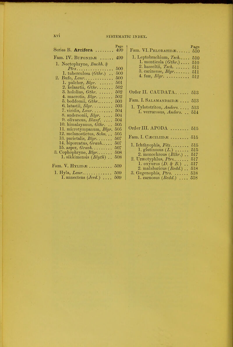 Page Series B. Arcifera 499 Fam. IV. BuPONiD^ 499 1. Nectophryne, Buohh. Sf Ptrs 500 1. tuberculosa {Gthr.) .. 500 2. Bufo,Laur 600 1. pulclier, Blffr 501 2. kelaartii, Gt/ir 502 3. hololius, Gthr 502 4. macrotis, Blffr 502 5. beddomii, Gthr 503 6. latastii, Blpr 503 7. viridia, Zaur 504 8. andersonii, Blffr 504 9. olivaceus, Bla7if. .... 504 10. himalayauus, Gthr. . . 505 11. microtyrupanum, Blffr. 505 12. melanostictus, Schn. .. 505 13. parietalis, Blgr 507 14. biporcatus, Gravh 507 15. asper, Gravh 507 3. Cophophryne, Blffr 508 1. sikkimensis (Blyth) . . 508 Fam. V. HYLiDiE 509 1. Hyla, Laur 509 1. annectena (Jerd.) .... 609 Page Fain. VI.PELOBATIDiE 610 1. Leptobrachium, Tsch 610 1. monticola {Gthr.).... 510 2. hasseltii, Tsch 511 3. carinense, Blgr 611 4. fese, Blffr 612 Order II. GAUD ATA 513 Fam. I. Salamandbid^ .... 513 1. TylototritoD, Anders 513 1. verrucosus, Atidms. .. 614 Order III. APODA 516 Fam. I. CiEcrLirD^ 516 1. Icbthyopbis, Fitz 515 1. glutinosus (i.) 615 2. monochrous (Blkr.) .. 517 2. Ur3eotjT)hlus, Ptrs 517 1. oxyurus {D. 8f B.) .. 517 2. malabaricus (Bedd.) .. 518 3. Gegenophis, Ptis 618 1. carnosus (Bedd.) .... 518