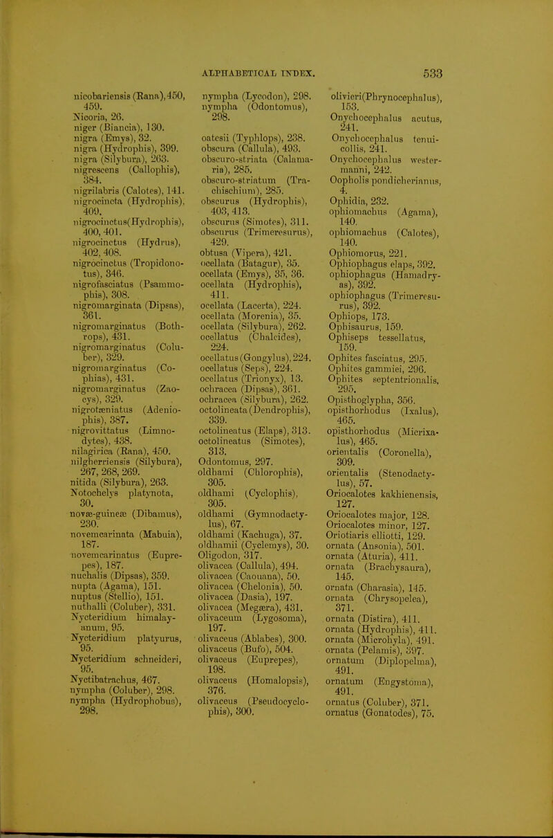 nicobariensis (Eana),4oO, rl5<J. Nicoria, 26. niger (iBiancia), 130. nigra (Emys), 32. nigra (Hydrophis), 399. nigra (Silybura), 263. nigrescens (Oallophis), 384. nigrilabris (Calotes), 141. iiigrocinctn (Hydrophis). 409. iiigrocinctus( Hydrophis), 400,401. nigrocinctiis (Hydriis), 402, 408. nigrocinctiis (Tropidono- tus), 346. nigrofasciatus (Psammo- phis), 308. nigromarginata (Dipsas), 361. nigromarginatus (Both- rops), 431. nigromarginatus (Colu- ber), 329. nigromarginatus (Co- phias), 431. nigromai'ginatus (Zao- cys), 329. nigrotteniatus (Adenio- phis), 387. nigrovittatus (Limno- dytes), 438. nilagirica (Eana), 450. nilgherriensis (Silybura), 267, 268, 269. nitida (Silybura), 263. Ifotochelvs platynota, 30. novae-gviine£B (Dibamus), 230. novemcarinata (Mabuia), 187. novemcarinatua (Eupre- pes), 187. nuchalis (Dipsas), 359. nupta (Agama), 151. nuptus (SteUio), 151. nuthalli (Coluber), 331. Nycteridium bimalay- anum, 95. Nycteridium platyurus, 95. Nycteridium schneideri, 95. Nyctibatrachus, 467. nympha (Coluber), 298. nympha (Hj'drophobuo), 298. nympha (Lycodon), 298. nyrapiia (Odontonuis), 298. oatesii (Typhlops), 238. obscura (Callula), 493. obscuro-striata (Calama- ria), 285. obscuro-striatum (Tra- chisehiuni), 285. obseurus (Hydrophis), 403,413. obscurua (Simotcs), 311. obseurus (Trimeresurus), 429. obtusa (Vipera), 421. ocellata (Batagur), 35. ocellata (Emys), 35, 36. ocellata (Hydrophis), ocellata (Lacerta), 224. ocellata (Morenia), 35. ocellata (Silybura), 262. ocellatus (Chalcides), 224. ocellatus (Gongylus), 224. ocellatus (Seps), 224. ocellatus (Trionyx), 13. ochracea (Dipsas), 361. ochracea (Silybura), 262. octolineata (Dendrophis), 339. octolineatus (Elaps), 313. octolineatus (Simotes), 313. Odontomus, 297. oldhami (C'hlorophis), 305. oldhami (Cyclophis), 305. oldhami (Gymnodacty- lus), 67. oldhami (Kachuga), 37. oldhamii (Cyclemys), 30. Oligodon, 317. olivacea (Callula), 494. olivacea (Caouana), 50. oHvacea (Clielonia), 50. olivacea (Dasia), 197. olivacea (Megrera), 431. olivaceum (Lygosoma), 197. ■ olivaceus (Ablabes), 300. olivaceus (Bufo), 504. olivaceus (Euprepes), 198. olivaceus (Homalopsis), 376. olivaceus (Pseudocyclo- phis), 300. oliviori(Phrynocephnlu8), 153. OnychocephaluB acutus, 241. Onychocephalus tenui- collis, 241. Onychocephalus wester- manni, 242. Oopholis pondicherinnus, 4. Ophidia, 232. ophiomachus (Agama), ophiomachus (Calotes), 140. Ophiomorus, 221. Ophiophagus elaps, 392, ophiophagus (Hamad ry- as), 392. ophiophagus (Trimeresu- rus), 392. Ophiops, 173. Ophisaurus, 159. Ophiseps tessellatus, 159. Ophites fasciatus, 295. Ophites gammiei, 296. Ophites septentrionalis, 295. Opisthoglypha, 356. opisthorhodus (Ixalus), 465. opisthorhodus (Micrixa- lus), 465. orientalis (Coronella), 309. orientalis (Stenodacty- lus), 57. Oriocalotes kakhienensis, 127. Oriocalotes major, 128. Oriocalotes minor, 127. Oriotiaris elliotti, 129. ornata (Ansonia), 501. ornata (Aturia), 411. ornata (Brachysaura), 145. ornata (Charasia), 145. ornata (Chrysopelea), ornata (Distira), 411. ornata (Hydrophis), 411. ornata (Microhyla), 491. ornata (Pelamis), 397. ornatum (Diplopelma), 491. ornatum (Eugystoma), 491. ornatus (Coluber), 371. ornatus (Gonatodes), 75.