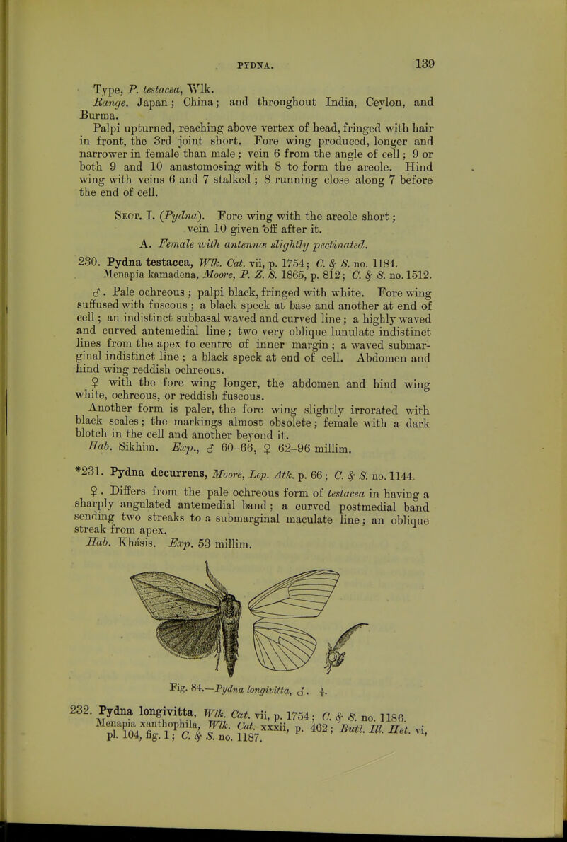 Type, P. testacea, TVlk. Range. Japan; China; and throngliout India, Ceylon, and Burma. Palpi upturned, reaching above vertex of head, fringed with hair in front, the 3rd joint short. Fore wing produced, longer and narrower in female than male; vein 6 from the angle of cell; 9 or both 9 and 10 anastomosing with 8 to form the areole. Hind wing with veins 6 and 7 stalked ; 8 running close along 7 before the end of cell. Sect. I. (Pydna). Tore wing with the areole short; vein 10 given 'off after it. A. Female with antennce slightly pectinated. 230. Pydna testacea, Wlk. Cat. vii, p. 1754; C. ^ S. no. 1184. Menapia kamadena, Moore, P. Z. S. 1865, p. 812; C. ^ S. no. 1512. . Pale ochreous ; palpi black, fringed with white. Eore wing suffused with fuscous ; a black speck at base and another at end of cell; an indistinct subbasal waved and curved line; a highly waved and curved antemedial line; two very oblique lunulate indistinct lines from the apex to centre of inner margin; a waved submar- ginal indistinct line; a black speck at end of cell. Abdomen and hind wing reddish ochreous. 2 with the fore wing longer, the abdomen and hind wing white, ochreous, or reddish fuscous. Another form is paler, the fore wing slightly irrorated with black scales; the markings almost obsolete; female with a dark blotch in the cell and another beyond it. Hab. Sikhim. Exp., c5 60-66, ? 62-96 milHm. *231. Pydna decurrens, Moore, Lep. Atk. p. 66 ; C. ^ S. no. 1144. $ . Differs from the pale ochreous form of testacea in having a sharply angulated antemedial band; a curved postmedial band sending two streaks to a submarginal maculate line; an obliq ue streak from apex. Bab. Khasis. Exp. 53 millim. Fig. M.—Pydna longivifta, S • h 232. Pydna longivitta, Wlk. Cat. vii, p. 1754; C. 8f S. no. 1186