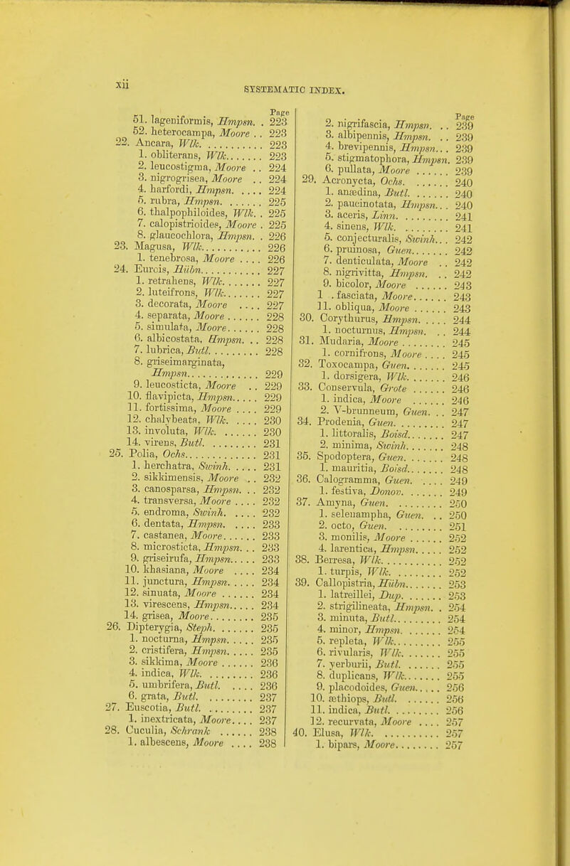 61. lageuiformis, Kmpm. 52. heterocarapa, Moore . 22. Ancara, Wlh 1. obliterans, Wlk 2. leucostigma, Moore . 3. mgrogrisen, Moore . 4. harfordi, Umpsn. ... fl. rubra, Hmpsn 6. tbalpophiloides, Wlk. 7. calopistrioidep, Moore 8. glaucoclilora, Hmpsn. 23. Magiisa, Wlh 1. tenebro.sa, Moore . . . 24. Eiirois, Bubn 1. retraliens, Wlk 2. luteifrons, Wlk 3. decorata, Moore . .. 4. separata, Moore 5. simiilata, Moore fi. albicostata, Hmpsn. .. 7. lubrica, Bj/tl 8. giiseimarginata, Hmpsn 9. leucosticta, Moore .. 10. flavipicta, Hnpsti 11. fortissima, Moore . ... 12. cbalvbeata, mk IS. involuta, TVlk 14. virens, Butl. 25. Polia, Ocks 1. berchatra, Sivinh 2. sikliimensis, Moore . . 3. canosparsa, Hmpsn. . . 4. transversa, Moore .... •5. endroma, Sivinh 6. dentata, Hmpsn 7. castanea, Moore 8. microsticta, Hmpsn. . . &. griseirufa, Hmpsn 10. libasiana, Moore .... 11. junctura, Hmpsn 12. simiata, Moore 13. virescens, Hmpsn 14. gi'isea, Moore 26. Dipterygia, Ste];)h 1. nocturna, Hmpsn 2. cristifera, Hmpsn 3. sikkima, Moore 4. indica, Wlk 5. umbrifera, Untl 6. grata, Butl 27. Euscotia, Butl. 1. inextricata, Moore 28. Cuculia, Sehrank 1. albescens, Moore .... Pnse . 223 . 223 . 223 . 223 . 224 . 224 . 224 . 225 . 225 . 225 . 226 . 226 . 226 . 227 . 227 . 227 . 227 , 228 , 228 228 228 229 229 229 229 230 230 231 231 231 232 232 232 232 233 233 233 233 234 234 234 234 235 235 235 235 236 236 236 237 2.37 237 238 238 n ■ .,. . Pace 2. nigrifascia, Hmpsn. .. 239 3. albipennis^ Hmpsn. .. 239 4. brevipennis, Hinpsn... 239 5. stigmatophora, Hmpsn. 2.39 0. pullata, Moore 239 29. Acronycta, Ocks 240 1. anaadina, Butl. 240 2. paucinotata, Hmpsn.. . 240 3. aceris, Linti 241 4. sinens, Wlk 241 5. conjecturalis, Stcin/i.. . 242 6. pruinosa, G»en 242 7. dentieulata, Moore . . 242 8. nigiivitta, Hmpsn. .. 242 9. bicolor, Moore 243 1 . fasciata, itfooz-e 243 11. obliqua, 3Ioore 243 30. Corytburus, Hmpsn 244 1. noctumus, Hmjmi.. . . 244 31. Mudaria, Moore 245 1. cornifrons, Moore .... 245 32. Toxocampa, Giien 245 1. dorsigera, Wlk 246 33. Couservula, Grote 246 1. indica, Moore 246 2. V-brunneum, Guen. . . 247 34. Prodenia, Guen 247 1. littoralis, Boisd 247 2. minima, Stvin/i 248 35. Spodoptera, Gt/en 248 1. mauritia, ^o/srf. 248 36. Calogramma, Guen 249 1. festiva, Honov 249 37. Amyna, Guen 2-30 1. seleuampha, Guen. .. 2.50 2. octo, Guen 251 3. monilis, Moore 2.52 4. larentica, Hmp.m 252 38. Berresa, Wlk 252 1. turpis, Wlk 252 39. Callnpistria, ZTwiw 253 1. latreillei, Dup 253 2. strigilineata, Hmpsn. . 254 3. minuta, Butl 254 4. minor, Hmpsn 254 5. repleta, Wlk 255 6. riviilaris, Wlk 255 7. yerbiu-ii, Butl 255 8. duplicaus, Wlk 255 9. placodoides, Guen 256 10. natbiops, Butl. 256 11. indica, Butl. 256 ] 2. recurvata, Moore .... 257 40. Elusa, TFlk 257 1. bipai's, Moore 257