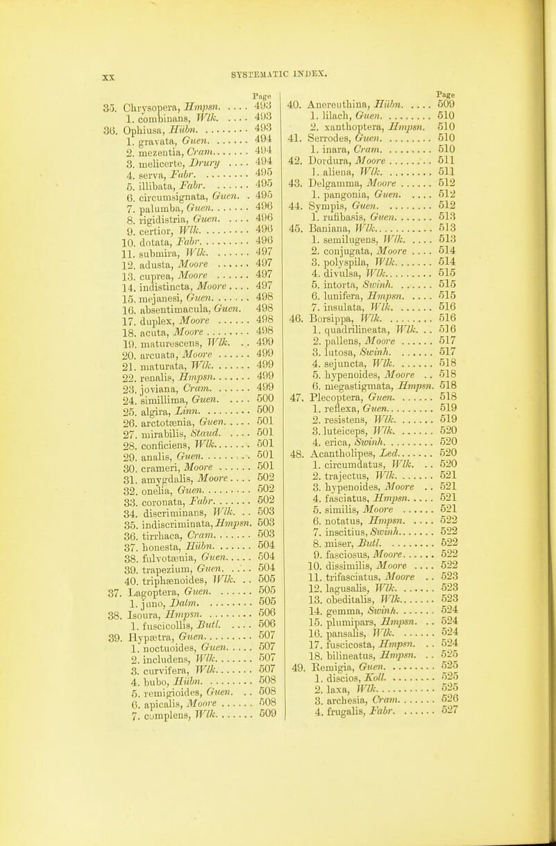 XX Piige 35. Chrysopera, Ilmpsn 498 1. combinans, Wlk 493 3(3. Ophiusa, Hiihn 493 1. gravata, Guen 494 2. mezeutia, Cram 494 3. melicerte, Drurxj 494 4. serva, Fubr 495 6. illibata, Fahr 495 6. circumsignata, Guen. . 49o 7. palumba, Guen 496 8. rigidistria, Guen 496 9. certior, WUc 496 10. clotata, Fall- 496 11. submira, Wlk 497 12. adusta, 3Iooi-e 497 13. cuprea, Moore 497 14. indistincta, Moore 497 15. mejanesi, Guen 498 16. absentimacula, Guen. 498 17. duplex, Moore 498 18. acuta, Moore 498 19. maturesceus, Wlk. .. 499 20. arcuata, Moore 499 21. maturata, Wlk 499 22. renalis, Hmpsn 499 23. joviana, Crcun 499 24. simillima, Gueti 500 25. algira, Linn 500 26. arctotsenia, Guen 501 27. mirabilis, Stand 601 28. conficiens, Wlk 601 29. analis, Guen 501 30. crameri, Moore 501 31. amygdalis, Moore 502 32. onelia, Guen 502 33. coronata, Fabr 602 34. diseriminans, Wlk. . . 503 36. indiscriminata, Ilmpsn. 603 36. tirrbaca, Cram 503 37. bonesta, Hiibn 504 38. fulvotaenia, Gtien 504 39. trapezium, Guen. . ... 504 40. tripbsenoides, Wlk. . . 505 37. Lagoptera, Guen 505 1. JUDO, Bahn 506 38. Iso'ura, Hmj}sn 506 1. fuscLcoUis, Sidl. 506 39. flypffitra, Guen 607 1. noctuoides, Guen 607 2. includens, Wlk 507 3. curvifera, Wlk 607 4. bubo, Huhn 508 6. lemigioidos, Guen. . . 508 G. apicalis, Moore ^OS Page 40. Anereutbina, Tliilm 509 1. lilacb, Guen 510 2. xantboptera, Hmpsn. 610 41. SeiTodes, Guen 510 1. inara. Cram 510 42. Doidura, Moore 511 1. alieua, Wlk 511 43. Delgauima, Moore 512 1. pangonia, Guen 612 44. Sympis, Guen 612 1. I'utibasis, Guen 613 46. Baniana, Wlk 513 1. semilugena, Wlk 513 2. conjugata, Moore .... 514 3. polyspila, Wlk 514 4. diviilsa, Wlk 515 6. intorta, Sivinh 615 6. lunifera, Hmpsn 615 7. insulata, Wlk 616 46. Borsippa, Wlk 516 1. quadrilineata, Wlk. .. 516 2. pallens, Moore 517 3. lutosa, Swinh 517 4. sejuncta, Wlk 518 5. bypenoides, Moore . . 518 6. megastigmata, Hmpsn. 518 47. Plecoptera, Gue7i 518 1. reflesa, Gt(en 619 2. resistens, Wlk 619 3. luteiceps, Wlk 620 4. erica, Sminh 620 48. Acantbolipes, Led 620 1. circumdatus, Wlk. . . 520 2. trajectiis, Wlk 521 3. bypenoides, Moore .. 521 4. fasciatus, Hmpsn 621 5. similis, Moore 521 6. notatus, Hmpsn 622 7. inscitius, Sicinh 522 8. miser, Butl 522 9. fasciosus, 3Ioore 622 10. dissimilis, Moore .... 522 11. trifasciatus, Moore .. 623 12. lagusaUs, Wlk 523 13. obeditalis, Wlk 523 14. gemma, Stcinh 624 16. plumipai-s, Hmpsn. .. 524 16. pansalis, Wlk 624 17. fuscicosta, Hmpsn. . . 524 18. bilineatus, Hmjisn. .. 525 49. Remigia, Guen 525 1. discios, A'o// 625 2. laxa, Wlk 625 3. archesia, Cram 526