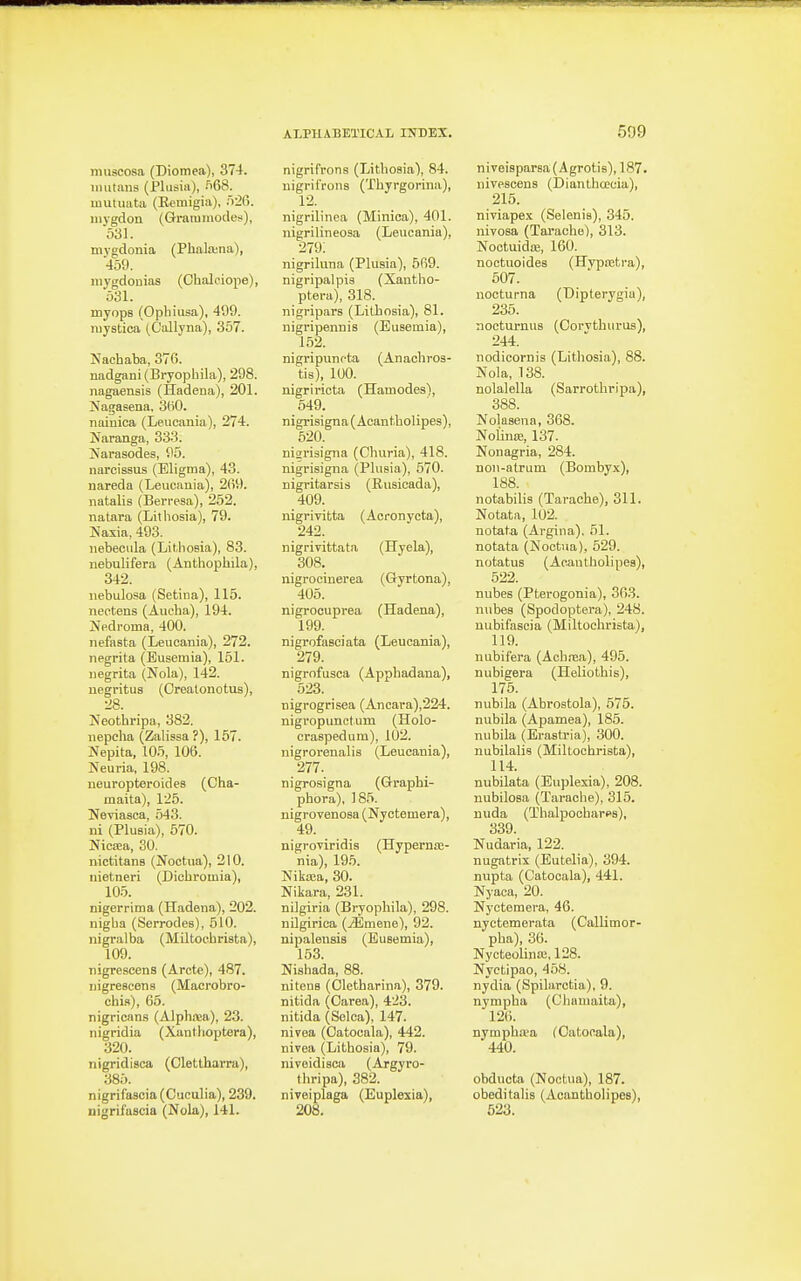 iiuitnns (Plusia), iiCS. muUiata (Rcmigia), r)26. iiiygdon (Gratuiiiode!<), 531. nivgdonia (Phalajna), 459. niygdouias (Ohalciope), 531. myops (Ophiusa), 499. raystica (C'allyna), 357. Nachaba, 37(i. nadgani (Bryophila), 298. nagaensis (Hadena), 201. Nagasena, 3(iO. nainica (Leucania), 274. Naranga, 333. Narasodes, 95. narcissus (Eligma), 43. nareda (Leucania), 2(i9. natalis (Berresa), 252. natara (Litliosia), 79. Naxia, 493. uebecula (Lithosia), 83. nebulifera (Anthophila), 342. nebulosa (Setina), 115. nectens (Aucha), 194. Nedi-oma, 400. nefasta (Leucania), 272. negrita (Busemia), 151. negrita (Nola), 142. negritus (Orealonotus), 28. Keothripa, 382. nepcha (Zalissa?), 157. Nepita, 105, 106. Neuria, 198. neuropteroides (Cha- maita), 125. Neviasca, 543. ni (Plusia), 570. mcxa, 30. nictitans (Noctua), 210. iiietneri (Dichromia), 105. nigerrima (Hadena), 202. nigha (Serrodes), 510. nigralba (Miltochrista), 109. Tiigrescens (Arete), 487. riigrescens (Macrobro- chis), 65. nigricans (Alph-nea), 23. nigridia (Xanllioptera), 320. nigridisca (Olettharra), 385. nigrifascia(Ciiculia), 239. nigrifascia (Nola), 141. ALPHABETICAL INDEX. uigrifrons (Thyrgorina), 12. nigrilinea (Minioa), 401. nigrilineosa (Leucania), 279: nigriluna (Plusia), 669. nigripalpia (Xantho- ptera), 318. nigripars (Lithosia), 81. nigripennis (Eusemia), 152. nigripunota (Anachros- tis), 100. nigriricta (Hamodes), 649. nigrisigna(Acantholipes), 520. niariaigna (Churia), 418. nigrisigna (Plusia), 570. nigritarsis (Rusicada), 409. nigrivitta (Acronycta), 242. nigrivittata (Hyela), 308. nigrocinerea (Gyrtona), 405. nigrocuprea (Hadena), 199. nigrofasciata (Leucania), 279. nigrofusca (Apphsidana), 523. nigrogrisea (Ancara),224. nigvopunctum (Holo- craspedum), l02. nigrorenalis (Leucania), 277. nigrosigna (Graphi- phora), 185. nigrovenosa (Nyotemera), 49. nigrcviridis (Hypernre- nia), 195. Nikaia, 30. Nikara, 231. nilgiria (Bryophila), 298. nilgirica (jEmene), 92. nipalensis (Busemia), 153. Nishada, 88. nitens (Oletharina), 379. nitida (Oarea), 423. nitida (Selca). 147. nivea (Oatocala), 442. nivea (Lithosia), 79. nivoidisca (Argyro- thripa), 382. niveiplaga (Euplexia), 208. 599 nivpscens (Biantlicccia), 215. niviapex (Selenis), 345. nivosa (Tarache), 313. Noctuida;, 160. noctuoides (Hvpastra), 607. nocturna (Dipterygia), 235. noeturnus (OorTthurus), 244. nodicornis (Lithosia), 88. Nola, 138. nolalella (Sarrothripa), 388. Nolasena, 368. Nolina;, 137. Nonagria, 284. noii-atrum (Bombyx), 188. notabilis (Tarache), 311. Notata, 102. notata (Argina). 61. notata (Noctua), 529. notatus (Acautholipes), 522. nubes (Pterogonia), 363. nubes (Spodoptera), 248. uubifascia (Miltochrista), 119. nubif'era (Achiea), 495. nubigera (Heliofchis), 175. nubila (Abrostola), 575. nubila (Apamea), 185. nubila (Brastria), 300. nubilalis (Miltochrista), 114. nubilata (Euplexia), 208. nubilosa (Tarache), 315. nuda (Thalpocharps), 339. Nudar'ia, 122. nugatrix (Butelia), 394. nupta (Catocala), 441. Nyaca, 20. Nyctemera, 46. nyctemerata (Callimor- pha), 36. Nycteolina;, 128. Nyctipao, 458. nydia (Spilarctia), 9. nympha (Cl]amaita), 126. nympha'a (Oatocala), 440. ohducta (Noctua), 187. obeditalis (Acantholipes), 523.