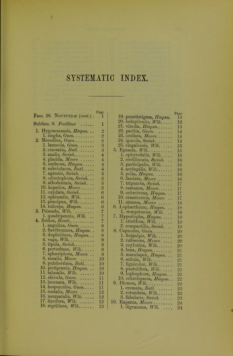 SYSTEMATIC INDEX. Page Fam. 26. Noctuid^ (cont.) . 1 Subfam. 9. Focillince 1 1. Hyposemansis, Hmpsn. .. 2 1. singha, Guen 2 2. Mecodina, Guen 2 1. lanceola, Crv,en 3 2. cineratia, Butl. 3 3. analis, Sioinh 4 4. placida, Moore 4 5. umbrosa, Hmpsn 4 6. subviolacea, Butl. .... 4 7. agrestis, Sioinh 5 8. odontophora, Sioinh. .. 5 9. albodentata, Swinh. .. 5 10. bepatica, Moore 5 11. oxydata, Sioinh 6 12. ophiusalis, Wlk 6 13. prjecipua, Wlk 6 14. ruficeps, Hmpsn 6 3. Psimada, Wlk 7 1. quadripennis, Wlk. .. 7 4. Zetbes, Ramb 7 1. angulina, Guen 8 2. flavibrunnea, Hmpsn. . 8 3. dupUcilinea, Hmpsn... 8 4. vaga, Wlk 9 5. tipula, Swinh 9 6. perturbans, Wlk 9 7. spbseripbora, Moore .. 9 8. renalis, Moore 10 9. pulcberrima, Butl 10 10. pictipennis, Hmpsn. .. 10 11. talusalis, Wlk 10 12. sbivula, Guen 11 13. inornata, Wlk 11 14. besperoides, Guen 11 15. costalis, Moore 12 16. usurpatabs, Wlk 12 17. bneifera, Wlk 12 18. nigrilinea, Wlk 13 19. punctistigma, Hmpsn. 13 20. reduplicalis, Wlk 13 21. vinolia, Hmpsn 13 22. partita, Guen 14 23. ocellata, Moore 14 24. igneola, Swinh 14 25. cingalensis, Wlk 15 5. Egnasia, Wlk 16 1. epbyi'odalis, Wlk 15 ' 2. rectilineata, Sioinh. .. 16 3. participalis, Wlk 16 4. accingalis, Wlk 16 6. polia, Hmpsn 16 6. fasciata, Moore 16 7. tripuncta, Swinh 17 8. castanea, Moore 17 9. ocbreiyena, Hmiisn. . . 17 10. crassicornis, Moore . . 17 11. sinuosa, Moore 18 6. Lopbartbrum, Hmpsn. .. 18 1. oomprimens, Wlk. . . 18 7. Hyperlopba, Hmpsn 19 1. cristifera, Wlk 19 2. compactilis, Sioinh. . . 19 8. Capnodes, Guen 20 1. finipalpis, Wlk 20 2. rufescens, Moore .... 20 3. ceylonica, Wlk 20 4. luna, Hmpsn 21 6. maculapex, Hmpsn. .. 21 6. scitula, Wlk 21 7. bgnicolor, Wlk 21 8. pustulifera, Wlk 22 9. lopbopbora, Hmpsn.. . 22 10. ocbreisparsa, Hmpsn. . 22 9. Diomea, Wlk 23 1. cremata, Butl. 23 2. rotundata, Wlk 23 3. fabularis, Swinh 23 10. Eaparna, Moore 24 1. aigrainma, Wlk 24