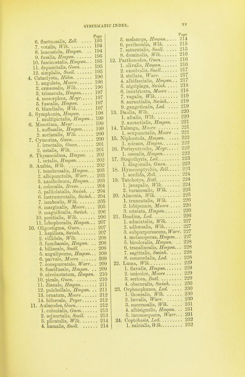 6. fluctuosalis, Zell. 7. votalis, B'lk 8. leucostola, Hmpsn. .. 9. fusalis, Hmpsn 10. fuscicostalis, Hmpsn.. . 11. depunctalis, Gtten 12. simplalis, Snell 4. Cataclysta, Hiibn 1. angulata, Moore 2. crcesusalis, Wlk 3. trimacula, Hmpsn 4. mesorplina, Mey7- 5. fuscalis, Hmpsn 6. blandialis, Wlk 5. Symphonia, Hmpsn 1. multipictalis, Hmpsn.. 6. Musotima, Meyr 1. suffusalis, Hmpsn 2. acclaralis, Wlk 7. Cymoriza, Guen 1. irrectalis, Gueti 2. ustalis, Wlk 8. Thysanoidma, Hmpsn. . . 1. octalis, Hmpsn 9. Ambia, Wlk 1. tenebrosalis, Hmpsn... 2. albipunctalis, Wan: .. 3. xantholeuca, Hmpsn.. . 4. colonalis, Brem 5. palliolatalis, Swinh. . . 6. instrumentalis, Sivinh. 7. iambealis, Wlk 8. marginalis, Moore. ... 9. magnificalis, Swinh. . 10. poritialis, Wlk 11. lobophoralis, Hmpsn.. 10. Oligo.stigma, Guen 1. hapilista, Swinh 2. villidale, Wlk 3. fuinibasale, Hmpsn. . 4. bilineale, Snell 5. angulipenne, Hmpsn.. 6. parvale, Moore 7. conspurcatalb, Warr.. 8. fuscifusale, Hmpsn. . 9. niveinotatum, Hmpsn 10. picale, Giien 11. dianale, Hmpsn 12. pulcbellale, Hmpsn. . 13. omatum, Moore 14. bifurcale, Pryer 11. Aulacodes, Guen 1. colouialis, Guen 2. aejunctalis, Snell. 3. plicatalis, Wlk. . 4. namalis, Snell. . Page 193 194 194 195 195 195 ]95 196 196 196 197 197 197 197 198 199 199 199 200 200 201 , 201 , 202 , 202 , 202 . 203 . 203 . 203 . 204 . 204 . 204 . 205 . 205 . 206 . 206 . 207 . 207 . 207 . 208 . 208 . 208 209 209 209 209 210 210 211 211 212 212 212 213 213 214 214 Page 5. melanops, Hmpsn 214 6. peribocalis, Wlk 215 7. saturatalis, Snell 215 8. domiualis, Wlk 216 12. Partlienodes, Guen 216 1. olivalis, Hmpsn 216 2. exsolvalis, Snell 217 3. stellata, Warr 217 4. albifascialis, Hmpsn... 217 5. nigriplaga, Sxoinh 218 6. inextricata, Moore .... 218 7. TagaUs, Wlk. 219 8. aurantialis, Sivinh 219 9. gangeticalis, Led 219 13. Daulia, Wlk 220 1. afralis, Wlk 220 2. aurantialis, Hmpsn. . . 221 14. Talanga, Moore 221 1. sexpimctalis, Moore . . 221 15. Niphostola, Hmpsn 222 1. micans, Hmpsn 222 16. Perisyntrocha, Mei/r 222 1. QsseaMs, Hmjjsn 222 17. Stegotbyris, Led 223 1. diagonalis, Guen 223 18. Hymenoptvcbis, Zell 2i!3 1. sordida,'Ze« 224 19. Tatobotys, Sutl 224 1. janapalis, Wlk 224 2. varanesalis, Wlk 225 20. Almonia, Wlk 225 1. truncatalis, Wlk 226 2. lobipennis, Moore 226 3. cristata, Hmpsn 226 21. Bradina, Led. 226 1. admixtalis, Wlk 227 2. adbffisaUs, Wlk 227 3. subpiu-purescens, Wm-r. 227 4. melanoperas, Hmpsn... 227 5. bicoloralis, Hmpsn. . . 228 6. translinealis, Hmpsn.., 228 7. sagittalis, Sioinh 228 8. coiicordali3, Led 228 22. Luma, Wlk 229 1. flavalis, Hmpsn 229 2. unicolor, Moore 229 3. sericea, Butl. 229 4. obscuralis, Swinh 230 23. Orphnopbanes, Led 230 1. tboasalis, Wlk 230 2. Iffivalis, Warr 230 3. eucerasalis, Wlk 231 4. albiaignalis, Hmpsn. .. 231 5. inconsequens, Warr... 281 24. Coptobasis, Ze«! 232 1. aulcialis, JfZA 232