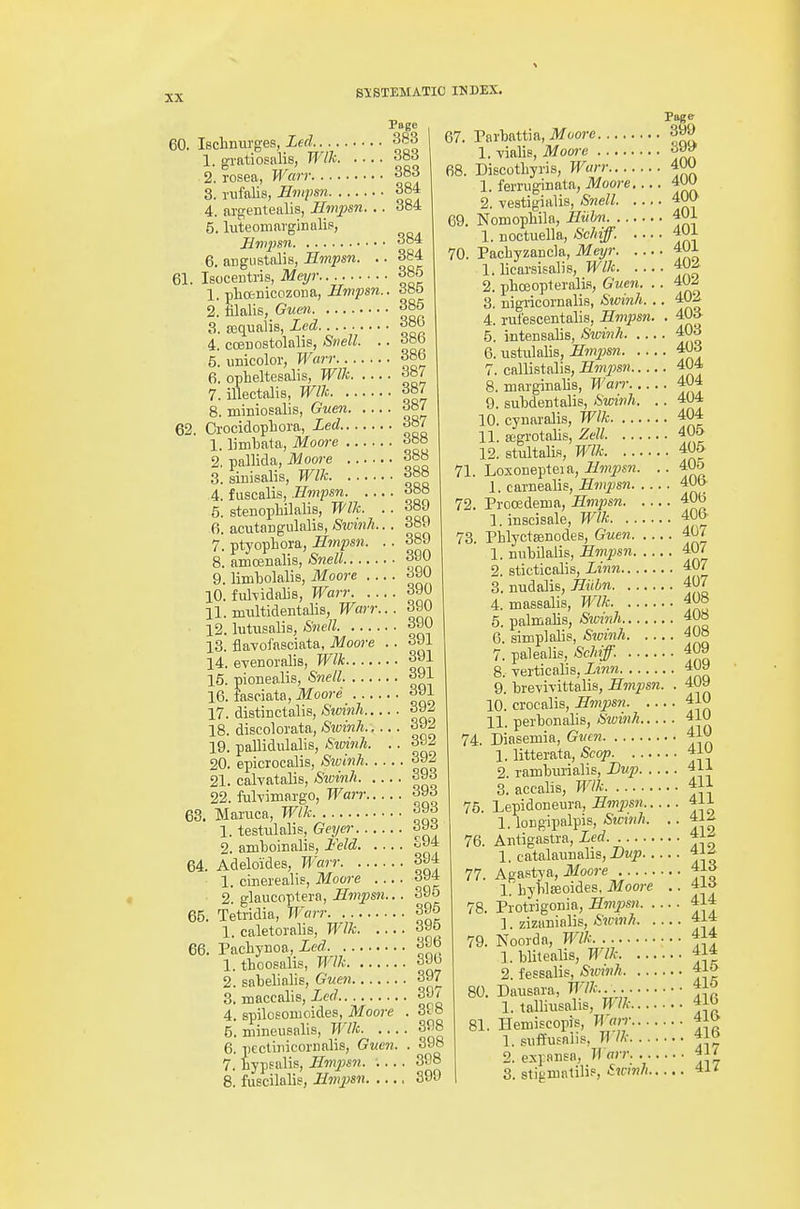 Page 384 384 385 385 385 386 386 386 60. Ischniu-ges, Led 383 1. gi'atiosalis, Wlk 2. rosea, Warv 383 3. nifalis, Ihnpsn 384 4. argentealis, Hmpsn. .. 384 5. luteomarginalip, Hviinn 6. angListalis, Hmpsn. . 61. Isoceutiis, Mej/i- 1. pliotnicozona, Hmpsn. 2. filalis, Guen 3. a3qualis, led 4. coeDostolalis, Stiell. . 5. imicolor, Warr 6. opheltesalis, Wllc ^oi 7. illectalis, Wlk 387 8. miniosalis, Guen 387 62. Crocidopliora, Zed 387 1. limbata, Moore oHb 2. pallida, Moore 388 3. sinisalis, Wlk 388 4. fuscalis, Hmpsn rfoM 6. steBophilalis, Wlk. .. ^89 6. acutangulalis, StoinJi... 38J 7. ptyopbora, Hmpsn. . . 38J 8. amoenalis, Snell *^JU 9. limbolalis, Moore .... 390 10. fulfidalis, Warr ^yu 11. multidentalis, Warr... 390 12. lutasalis, Snell 3J0 13. flavofasciata, Moore . . 391 14. evenoralis, Wlk 391 15. pionealis, Snell 391 16. fasciata, ikfooj'e 3J1 17. distinctalis, Smnh 39^ 18. discolorata, Swinh 392 19. pallidulalis, Sivinh. .. 302 20. epicrocalis, Swinh 3J2 21. calvatalis, Stvinh 393 22. fuh'imargo, TFarr ^93 63. Maruca, Wlk 393 1. testulalis, Geijer 2. amboinalis, Feld ^^4 64. Adeloides, Warr 394 1. cinerealis, Moore 394 2. gl&ucoTpieta, H7npsn.. . 3Jo 65. Tetridia, Warr 395 1. caletoralis, Wlk 395 66. Pachynoa, Led 38b 1. thoosalis, Wlk 39b 2. sabelialis, Guen 397 3. Diaccalis, Led 39/ 4. spilosomoides, Moore . S^'O 5. mineusalis, Wlk. .. 6. peclinicornalis, Guen. 7. typsalis, HmjJsn Page 67. Pai-battia, Moore 399 1. Yialis, Moore 39» 68. DiscotLyi-is, Wurr 4W 1. ferruginata, Moore 4W 2. vestigialis, Snell 40l> 69. NomopWla, Hiihn 401 1. noctuella, Sc/nff. .. ■ 70. Pacliyzancla, Meyr. ... 1. licarsisalis, Wlk. .. 2. phoeopteralLs, Guen. 3. Bigricornalis, Swinh. 4. ruiescentalis, Hmpsn 5. intensalis, Sidnh 403 6. ustulalis, Hmpsn 403 7. callistalis, Hmpsn 404 8. niarginalis. Wan 404 9. subdeDtalis, Swwih. .. 404 10. cynaralis, Wlk 404 11. aigrotalis, Zell 405 12. stultalis, Wlk 405 398 398 898 401 401 402 402 402 403 71 405 406 406 406 407 407 8. fuscilalis, 2fwj;s« 399 Loxonepteia, Hoinmi. 1. carnealis, Hmpsn. 72. ProcEdema, Hmpsn. 1. inscisale, Wlk. . 73. Pblyctsenodes, Guen. 1. Dubilalis, Hmpsn 2. sticticalis, Linn 407 3. nudalis, Hiibn 407 4. massalis, Wlk 408 5. palmalis, Sivinh 408 6. simpMis, S^oinh 408 7. palealis, Schiff. 409 8. Terticalis, Lmn 9. brevi-vittalis, Hmpsn 10. crocalis, lfwii;sw. .. 11. perbonalis, S2vinh 410 Diasemia, Gitcn 1. litterata, Scop. .. 2. rambiu-ialis, Dup. 3. accalis, Wlk Lepidoneura, Hmpsn. 1. loiigipalpis, Swinh 76. Antigastia, Xerf. . 1. catalaui]ahs,i)Ki> 77. Agastya, Moore 4iiJ 1. byblseoides, Moore 78. Piotiigonia, Hmpsn. . ]. zizanialis, Sivinh. . 79. Nooida, Wlk 1. blitealis, Wlk. .., 2. fessalis, Sivinh. .. Dausaia, Wlk.. 1. talliusalis, Wlk 4ib Ilemiscopis, Wair 4i^ 1. suffusaii., Wlk 416 2. expansa, W arr 3. stigBialilif, Sw'' 74 75. 80. 81. 409 409 410 410 410 411 411 411 412 412 413 414 414 414 414 415 415