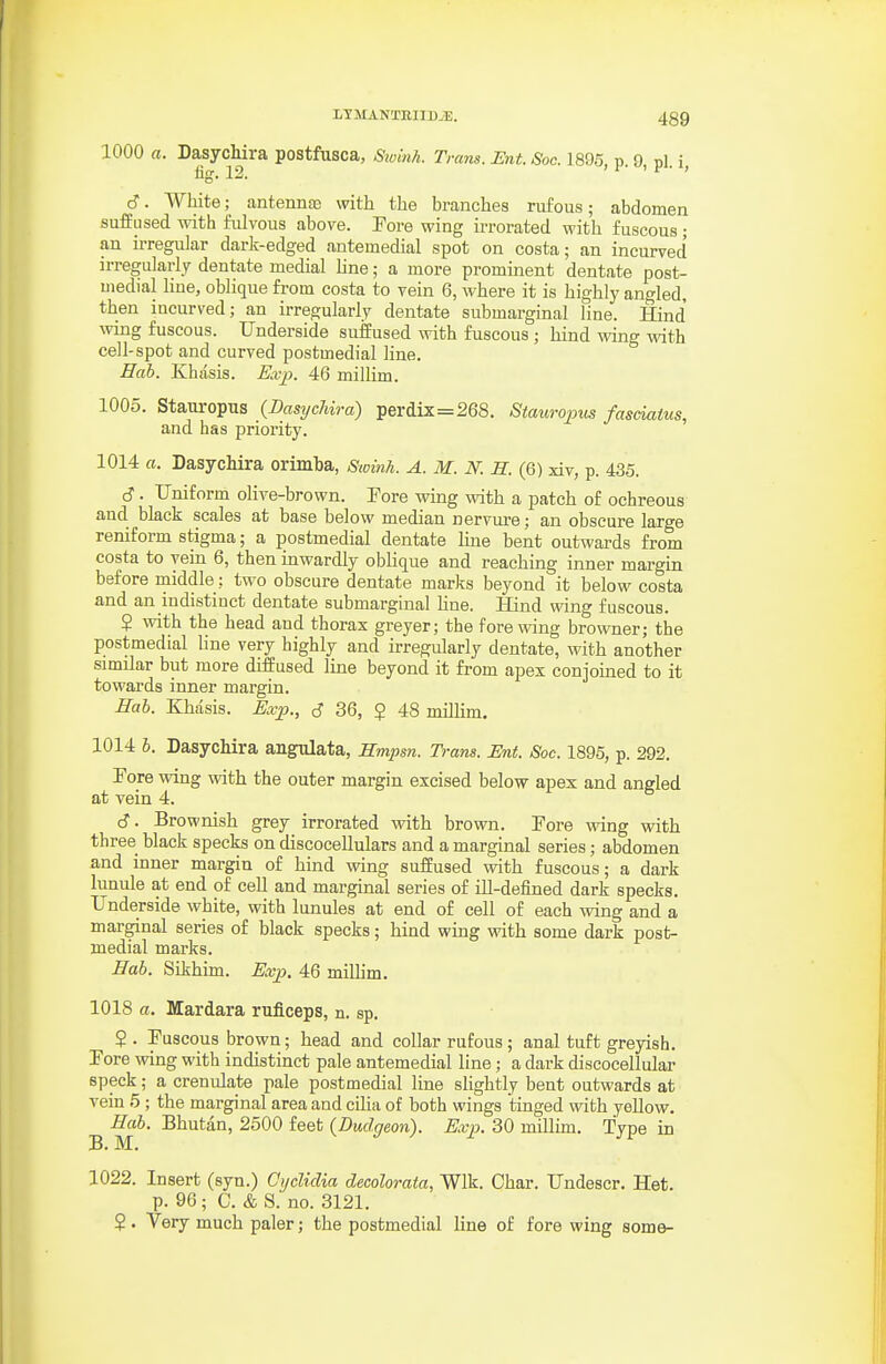 1000 a. Dasychira postfusca, Sivinh. Trans. Ent.Soc. 1895 p. 9 pi i fig. 12. ' f 1 n • > 6. White; antennfe with the branches rufous; abdomen suffused with fulvous above. Fore wing irrorated with fuscous; an u-regular dark-edged anteinedial spot on costa; an incurved irregularly dentate medial line; a more prominent dentate post- medial line, oblique from costa to vein 6, where it is highly angled, then incurved; an irregularly dentate submarginal line. Hind wing fuscous. Underside suffused with fuscous ; hind wing with cell-spot and curved postmedial line. Hah. Khasis. Eccjp. 46 millim. 1005. Stauropus (Dasychira) perdix=268. Stauro^us fasdaius, and has priority. 1014 a. Dasychira orimba, Swink. A. M. N. H. (6) xiv, p. 435. 6. Uniform olive-brown. Eore wing with a patch of ochreous and black scales at base below median nervure; an obscure large reniform stigma; a postmedial dentate line bent outwards from costa to vein 6, then inwardly oblique and reaching inner margin before rniddle; two obscure dentate marks beyond it below costa and an indistinct dentate submarginal Une. Hind wing fuscous. ? with the head and thorax greyer; the fore wing browner; the postmedial line very highly and irregularly dentate, with another similar but more diffused line beyond it from apex conjoined to it towards inner margin. Hab. Khasis. Exp., d 36, $ 48 miUim, 1014 b. Dasychira angulata, Smpsn. Trans. Ent. Soc. 1895, p. 292. Fore wing with the outer margin excised below apex and angled at vein 4. c?. Brownish grey irrorated with brown. Fore wing with three black specks on discoceUulars and a marginal series; abdomen and inner margin of hind wing suffused with fuscous; a dark lunule at end of cell and marginal series of ill-defined dark specks. Underside white, with lunules at end of cell of each wing and a marginal series of black specks; hind wing with some dark post- medial marks. Bab. Sikhim. Exp. 46 millim. 1018 a. Mardara ruficeps, n. sp. ? . Fuscous brown; head and collar rufous; anal tuft greyish. Fore wing with indistinct pale antemedial line; a dark discocellular speck; a crenulate pale postmedial line slightly bent outwards at vein 5; the marginal area and ciha of both wings tinged with yellow. ^ -^£6. Bhutan, 2500 feet (Dudgeon). Exp. 30 millim. Type in 1022. Insert (syn.) Cijclidia decolorata, Wlk. Char. Undescr. Het. p. 96; C. & S. no. 3121. $ . Very much paler; the postmedial line of fore wing some-