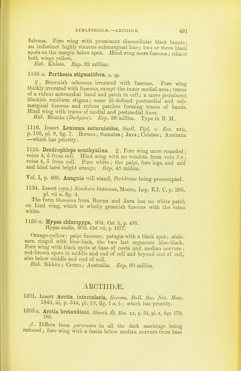 fulvous. Eore wing with prominent discocellular black lunule; an indistinct highly sinuous submarginal line; two or three black spots on the margin below apex. Hind wing more fuscous; cilia of both wings yellow. Hah. Khasis. Exp. 32 millim. 1106 a. Porthesia stigmatifera, n. sp. 5. Brownish ochreous irrorated with fuscous. Pore wing thickly irrorated with fuscous, except the inner medial area; traces of a rufous antemedial band and patch in cell; a more prominent blackish reniform stigma; some ill-defined postraediarand sub- marginal fuscous and rufous patches forming traces of bands. Hind wing with traces of medial and postmedid lines. Eab. Bhutan (Dudgeofi). Exp. 26 millim. Type in B. M. 1116. Insert Leucoma saturnioides, Snell. Tijcl. V. Etit. xxii, p. 105, pi. 8, fig. 7. Borneo; Sumatra; Java; Celebes ; AustraHa —which has priority. 1124. DendropMeps semihyalina. $ . Eore wing more rounded; veins 4, 5 from cell. Hind wing with no veinlets from vein 1 a ; veins 4, 5 from cell. Pure white ; the palpi, fore legs, and mid and hind tarsi bright orange. Exp. 48 milbm, Vol. I, p. 496. Anagnia will stand, Peridrome being preoccupied. 1134. Insert (syu.) Neochera bJiawana,M.00Te, Lep. E.I. C.p. 295, pi. vii a, fig. 4. The forna bhaiuana from Burma and Java has no white patch on hind wing, which is wholly greenish fuscous with the veins white. 1150 a. Hypsa chloropyga, Wlk. Cat. ii, p. 455. Hypsa analis, Wlk. Cat. vii, p. 1677. Orange-yellow; palpi fuscous; patagia with a black spot; abdo- men ringed with blue-back, the two last segments blue-black. Eore wing with black spots at base of costa and median nervure; red-brown spots in middle and end of cell and beyond end of cell, also below middle and end of cell. Hab. Sikhira; Oeram; Australia. Exp. 60 millim. ARCTIID.^, 1201. Insert Arctia intercalaris, Eversm. Bull. Soe. Nat. 3fo3c. 1843, iii, p. 544, pi. 10, fig. 1 a, 6 ; which has priority. 1203 a. Arctia bretaudiaui, Oberth. JSt. Bnt. xx, p. 64, pi. x, figs. 179, 180. d. Differs from perornata in aU the dark markings being reduced ; fore wing with a fascia below median nervure from base