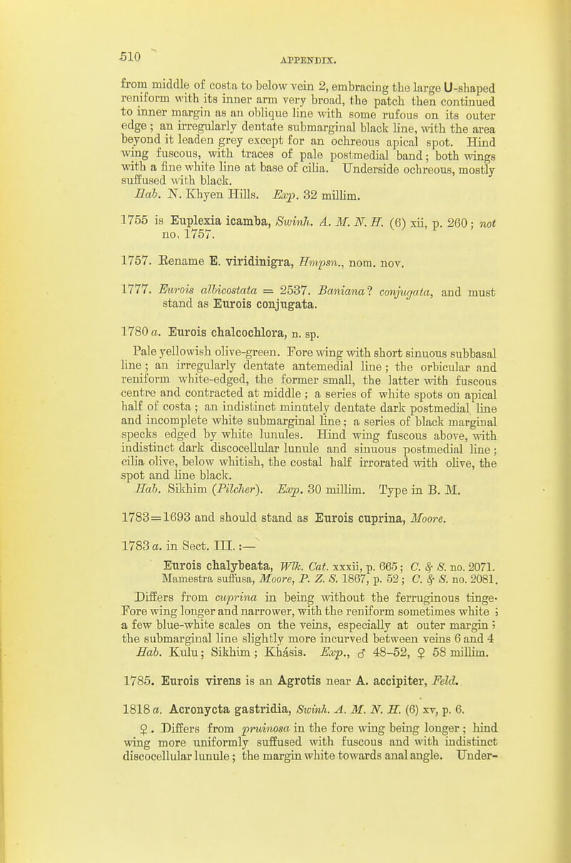 APPENDIX. from middle of costa to below vein 2, embracing the large U-shaped reniform with its inner arm very broad, the patch then continued to inner margin as an oblique line with some rufous on its outer edge ; an irregularly dentate submarginal black line, with the area beyond it leaden grey except for an ochreous apical spot. Hind ■wing fuscous, with traces of pale postmedial band; both wings with a fine white line at base of cilia. Underside ochreous, mostly suffused -with black. Bab. N. Khyen Hills. Exp. 32 milHm. 1755 is Euplexia icamba, Swinh. A. M. N. H. (6) xii, p. 260; not no. 1757. 1757. Eename E. viridinigra, Hmpsn., nom. nov. 1777. Eurois albicostata = 2537. Baniana? conjugcita, and must stand as Eurois conjugata. 1780 a. Eurois chalcochlora, n. sp. Pale yellowish oUve-green. Fore wing with short sinuous subbasal line ; an irregularly dentate antemedial line; the orbicular and reuiform white-edged, the former small, the latter with fuscous centre and contracted at middle ; a series of white spots on apical half of costa ; an indistinct minutely dentate dark postmedial hne and incomplete white submarginal line; a series of black marginal specks edged by white lunules. Hind wing fuscous above, with indistinct dark discocellular lunule and sinuous postmedial line; cilia olive, below whitish, the costal half irrorated with ohve, the spot and line blaclt. Hab. Sikhim (Pilcher). Exp. 30 millim. Type in B. M. 1783=1693 and should stand as Eurois cuprina, Moore. 1783 a. in Sect. IH. :— Eurois chalybeata, Wlk. Cat. xxxii, p. 665; C. Sr S. no. 2071. Mamestra sutFasa, Moore, P. Z. S. 1867, p. 52 j C. ^ S. no. 2081. Differs from cuprina in being without the ferruginous tinge- Pore wing longer and narrower, with the reuiform sometimes white j a few blue-white scales on the veins, especially at outer margin j the submai'ginal line sKghtly more uicurved between veins 6 and 4 Hab. Kulu; Sikhim; Khasis. Exp., ^ 48-52, $ 58 millim. 1785. Eurois vlrens is an Agrotis near A. accipiter, Feld. 1818 a. Acronycta gastridia, Stc{7ih. A. M. N. S. (6) xv, p. 6. 5 . Differs from pruinosa in the fore wing being longer; hind wing more uniformly suffused with fuscous and with indistinct discocellular lunule; the margin white towards anal angle. Under-