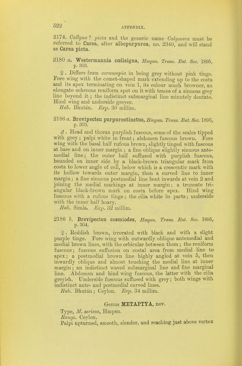 APPENDIX. 2174. Callyna ? jjrcia and the generic name Cahjmera must be referred to Carea, after albopm-purea, no. 2340, and will stand as Carea picta. 2180 a. Westermannia coelisigna, Smpsn. Trans. Ent. Soc. 1895. p. 303. $ . Differs from cornucopia in being grey without pink tinge. Pore wing with the comet-shaped mark extending up to the costa and its apex terminating on vein 1, its colour much browner, an elongate ochreous reniform spot on it with traces of a sinuous grey- line beyond it ; the indistinct submarginal line minutely dentate. Hind wing and underside greyer. Hah. Bhutan. Exp. 30 millim. 2186 a. Brevipecten purpureotinctus, Hmpsn. Trans. Ent. Soc. 1895, p. 303. c? • Head and thorax purplish fuscous, some of the scales tipped with gi-ey ; palpi white in front; abdomen fuscous brown. Fore wing with the basal half rufous brown, shghtly tinged with fuscous at base and on inner margin; a fine oblique slightly sinuous ante- medial line; the outer half suffused with purpHsh fuscous, bounded on inner side by a black-brown triangular mark from costa to lower angle of cell, below which is a crescentic mark with its hollow towards outer margin, then a curved line to inner margin; a fine sinuous postmedial line bent inwards at veia 2 and joining the medial markings at inner margin; a truncate tri- angular black-brown mark on costa before apex. Hind wing fuscous with a rufous tinge; the cUia white in parts; underside with the inner half hoary. Hab. Simla. Kv23, 32 millim. 2186 b. Brevipecten cosmiodes, Smpsn. Trans. Ent. Soc. 1895, p. 304. 5 . Eeddish brown, u-rorated with black and with a slight purple tinge. Pore wing with outwardly obhque antemedial and medial brown lines, with the orbicular between them; the reniform fuscous; fuscous suffusion on costal area from medial line to apex; a postmedial brown line highly angled at vein 5, then inwardly obhque and almost touching the medial Une at inner margin; an indistinct waved submarginal line and fine marginal line. Abdomen and hind wing fuscous, the latter with the cilia greyish. Underside fuscous suffused with grey; both wings with indistinct ante- and postmedial curved lines. Eab. Bhutan; Ceylon. KviJ. 34 millim. Genus METAPTYA, nov. Type, If. sericea, Hmpsn. Range. Ceylon. Palpi upturned, smooth, slender, and reaching just above vertex