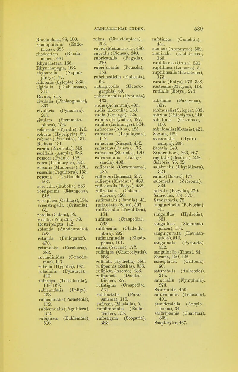 Rhodophrea, 98, 100. rhodopbilalis (Endo- txicha), 385. rhodosticta (Khodo- neura), 481. Ehyncbetera, 166. Bhynchopygia, 163. rhyparella (Nepho- pteryx), 77. ridopalis (Sylepta), 339. rigidalis (Diohocrocis), 310. Bivula, 515. riyulalis (Phalangiodes), 367. rivularis (Cymoriza), 217. rivulata (Stemmato- phora), 156. roboreaUs (Pyralis), 176. robusta (Hypsipyla), 89. robusta (Pyrausta), 437. Eodaba, 131. rorata (Zurobata), 518. roridalis (Asopia), 383. rosacea (Pydna), 458. rosea (Isohnurges), 383. rosealis (Mimoruza), 520. rosealis (Tegiilifera), 153. roseana (A.rsilorioba), 507. roseioilia (Eubolia), 556. roseipennis (Rbangena), 512. roseiplaga (Ortbaga), 124. roseistrigella (Critonia), 61. roaella (Calera), 53. rosella (Poujadia), 59. Eostripalpus, 142. rotunda (Anodontodes), 523. rotunda (Philopator), 470. rotundalis (Bocchoris), 282. rotundinidus (Coenodo- mus), 117. rubella (Hypotia), 185. rabeUalis (Pyrausta), 440. rubiceps (Toccolosida), 168,169. rubicundalis (Paliga), 433. rubicundalis (Paraotenia), 172. rubicundalis (Tegulifera), 152. rubiginea (Eublemma), 516. rubra (Ohaloidoptera), 293. rubra (Motanastria), 486. rubralis (Pionea), 240. rubricatalis (Pagyda), 270. rubrifuscalis (Peucela), 153. rubrimediella (Ephestia), 66. rubripictelJa (Hetero- graphis), 69. rubritinctalis (Pyrausta), 432. rudis (Acbarana), 405. rudis (Herculia), 160. rudis (Orthaga), 125. rufalis (Botyodes), 327. rufalis (Ischnurges), 384. rufescens (Altha), 485. rufescens (Lepidogma), 112. rufescens (Nisaga), 452. rufescens (Paleca), 176. rufescens (Stericta), 120. rufescentalis (Pachy- zancla), 403. rufibasale (Oeratonema), 485. ruflceps (Egnasia), 537. ruflceps (Mardara), 489. ruficostalis (Botys), 438. ruficostalis (Calamo- chrous), 420. ruflcostaUs (Ramila), 41. rufioostata (Selca), 507. rufifascialis (Tegulifera), 154. rufilinea (Craspedia), 562. rufilinealis (Ohalcido- ptera), 292. rufimargiuella (Bbodo- pbsea), 101. rufina (Sacada), 172. rufinigra (Chioroclystis), 558. rufinota (Hydrelia), 560. rufipennis (Zethes), 536. rufipicta (Asopia), 433. rufipuncta (Dendro- thripa), 527. rufistigma (Craspedia), 561. rufltinctalis (Para- sarama), 116. rufiyena (Mucialla), 5. rufoiimbrialis (Endo- tricha), 135. rufostigma (Scoparia), 243. rufotincta (Omicblis), 454. rumieis (Aoronycla), 509. rumiiialis (Endotrielia), 135. ruptifascia (Oruza), 520. ruptilinea (Latnoiia), 5. ruptilinealis (Paractenia), 173. ruralis (Botys), 276, 338. rusticalis (Mecyna), 418. rutilalis (Botys), 276. sabelialis (Pachynoa), 397. sabinusalis (Sylepta), 333. sabrina (Oataclysta), 215. sabulinus (Crambus), 108. sabulosalis (Metasia),421. Sacada, 169. sacasadalis (Hydro- oampa), 208. Sacatia, 149. Sagaripbora, 266, 267. sagitalis (Bradina), 228. Salebria, 76, 82. salebrialis (Pbyeidicera),. 324. salmo (Bostra), 177. aalomealis (Zebronia), 334. salvalia (Pagyda), 270. Sameodes, 374, 375. Sandrabatis, 75. sanguarinella (Polyocba), 61. sanguiflua (Hydrelia), 561. sanguifusa (Steramato- pbora), 155. sanguiguttata (Hffimato- sticta), 542. sangiiinaUs (Pyrausta), 432. sanguinella (Tinea), 84. Sarama, 120, 122. sarcoglauca (Critonia), 60. saturatalis (Aulacodes), 215. saturnalis (Nymphula), 274. Saturniida;, 450. saturnioides (Leucoma), 491. saundersiella (Ancylo- lomia), 34. scabripennis (Cbarema), 302. SoaptesylLr, 467.