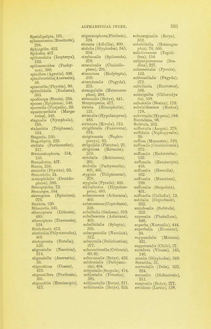 Spatulipalpia, 101. Bphenooosma (Booohoris), 284. SphingidiB, 452. Spilodes, 407. spilomolalis (laopteryx), 192. spilosomoides (Paohy- noa), 398. spinifera (Agrotis), 508. Bpinifrontella(Anerastia), 56. spissicella (Phycita), 90. splendidalis (Euclasta), 363. spodinopa (Stenia), 234. Bponsa (Bpiplema), 548. spurcella (Poujadia), 59. squamopedalis (Marga- rodes), 349. stagnalis (Nymphula), 195. stalactitis (Triphassa), 164. Stegania, 550. Stegothyris, 223. stellata (Parthenodes), 217. Stemmatophora, 154, 155. Stenadonta, 457. Stenia, 234. 8teniel]a (Phyeita), 93. Stenochilo, 34. stenophilaiis (Orocido- phora), 389. Stenoptycha, 72. Stenurges, 344. stereogona (Bpimima), 276. Stericta, 120. Sthenistis, 541. sthenoptera (Lithosia), 495. sthenoptera (Tbermesia), 534. Stichobasis, 473. stioticalis(Phlycta3nodes), 407. stictoproota (Eutelia), 529. stigmatalis (Nacoleia), 314. stigmatella (Anerastia), 56. stigmatious (Oossus), 473. stigmatifera (Porthesia), 491. stigmatilis (Hemiscopis), 417. AXPHABEXIOAL INDEX. 8tigmatopbora(Plotlieia), 624. stirasta (Adlullia), 490. stohilis (Glypbodes), 345, 354. strabonalis (Spilomela), 278. straminalis (Cbaloido- ptera), 291. straminea (Hedylepta), 310. straminealis (Pagyda), 273. sti-angulalis (Heterocne- pbes), 284. strenualis (Botya), 441. Streptoperas, 477. striata (Blenopholis), 121. striatalis (Hypolamprus), 483. striatura (Eivula), 515. strigiferaUs (Furcivena), 374. strigivenata (Nepho- pteryx), 83. strigulalis (Platytes), 21. atrigiilosa (Ravanoa), 310. striolalis (Eehimena), 261. stultalig (Paehyzanela), 401,405. stygiale (Tbbptoceras), 378. _ stygialis (Pyralis), 445. stylopborus (Hypolam- prus), 483. subrenescens (Acbarana), 405. sub£ene8oens(Coptobasis), 338. subalbalis (Gadessa), 310. subalbescens (Acbarana), 405. subalbidalia (Sylepta), 336. subargentalia (Nacoleia), 312. aubauralis (Dolicbostica), 277. _ subconcinnella (Critonia), 60, 61. suborocealis (Botys), 433. subdentalis (Paehyzan- ela), 404. Bubjectalia (Scopula), 414. subjectalia (Teraatia), 381. aubjimctalia (Botys), 311. aublituralia (Botys), 333. 591 Bubmarginalia (Botys), 352. Buboblitella (Heterogra- phis), 70, 566. subolivesoona (Teguli- fera), 1.54. subpurpiireacena (Bra- dina), 227. subresectalis (Pyralis), 152. subtesaellalia (Pagyda), 273. aubtiliaria (Eucrostes), 566. subtrigalba (Cbloroolys tis), 558. subustalis (Bostra), 176. subyiridescens (Bostra), 178. subvittalia (Hypena), 544. Suocadana, 98. Sufetula, 252. sufFeotalia (Asopia), 279. sufEdalis (Nipbopyralia), 39. auifusa (Mamestra), 510. suffuaalia (Crocidolomia), 372. suffuaalia (Eudotrioha), 133. BufiTuaalia (Hemiscopis), 416. suffusalis (Hereulia), 162. suffusalis (Musotima), 199. suffusalis (Scopulata), 431. Buffusella (CuUadia), 12. suloialis (Ooptobasis), 232. sunidesalis (Sufetula), 252. superalis (Phalcellura), 448. superba (Noctuelia), 444. superbella (Bromene), 24. suppandalis (Metasia), 421. Buppressalia (Obilo), 27. Buradeva (Vitessa), 145, 146. suralis (Glypbodes), 349. Surattba, 31. surrectalis (Deba), 323, 324. suruaalis (Dichocrocis), 311. Buspicalis (Botys), 277. swinboei (Larice), 158.