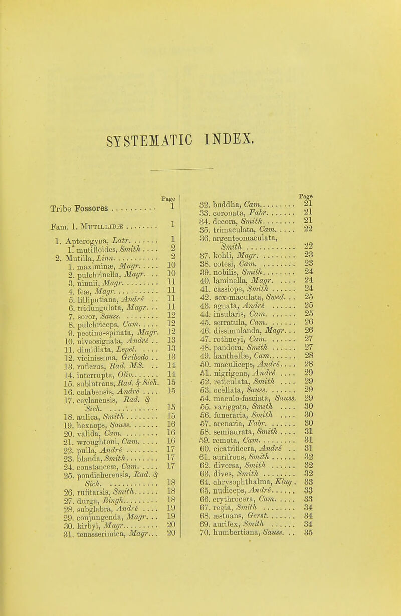 SYSTEMATIC INDEX. Page Tribe Fossores 1 Fam. 1. MuTiLLiDiE 1 1. Apterogyna, Latr 1 1. mutilloides, Smith .... 2 2. Mutilla, Xin?z 2 1. maximinte, Magr 10 2. piilchrinella, Mayr. . . 10 3. ninuii, Magr H 4. feffi, Magr H 6. lilliputiana, Andre . . 11 0. tridungulata, Magr. .. 11 7. soror, Sauss 12 8. pulchriceps, Cam 12 9. pectino-spinata, Magr. 12 10. niveosignata, Andre .. 13 11. dimidiata, Lepel 13 12. vicinissima, Gribodo .. 13 13. ruficrus, Had. MS. .. 14 14. interrupta, Oliv 14 15. subintrans, Sad. Sf Sich. 15 16. colabensia, Andre 15 17. ceylanensis, Sad. Sr Sich ■. 16 18. aulica, S7nith 16 19. liesaopa, Sauss 16 20. valida, Cam 16 21. wrouglitoni, Ca7n 16 22. puUa, Andre 17 23. blanda, Smith 17 24. constancete, Cam 17 26. pondicberensis, Sad. lV Sich 18 26. rufitarsis, Stnith 18 27. duvga, Bingh 18 28. siibglabra, Andr6 19 29. coujungenda, Magr. .. 19 30. Mrbyi, Magr 20 31. tenasaerimica, Magr.. . 20 Page 32. buddba, Cam 21 33. coronata, Fabr 21 34. decora, Smith 21 35. trimaeidata, Cam 22 36. ai'genteomaculata, Smith 22 37. kobli, Magr 23 38. cotesi, Cam 23 39. nobilis, (SmiiiA 24 40. laminella, Magr 24 41. cassiope, Smith 24 42. sex-maculata, Sioed. . . 26 43. agnata, AndrS 25 44. iusularis, Cam 26 45. serratula, Cam 26 46. dissimulanda, Magr. .. 26 47. rothneyi, Cam 27 48. pandora, Smith 27 49. kanthellse. Cam 28 60. maculiceps, Andre.... 28 51. nigrigena, Andre .... 29 62. reticulata. Smith .... 29 63. ocellata, Sauss 29 64. maculo-fasciata, Sauss. 29 55. variggata, Smith .... 30 66. fLineraria, Smith .... 30 67. arenaiia, Fabr 30 68. semiaurata, Smith .... 31 59. remota, Cam 31 60. cicatrificera, Andre .. 31 61. aiu'ifrons, Smith 32 62. diversa. Smith 32 63. dives, Smith 32 64. cbrysopbthalma, Klug . 38 65. nudiceps, Andre 33 66. erythrocera, Cam 33 67. regia, Smith 34 68. iiestuans, Gerst 34 69. aurit'ex, Smith 34 70. bumbertiaua, Sauss. .. 35