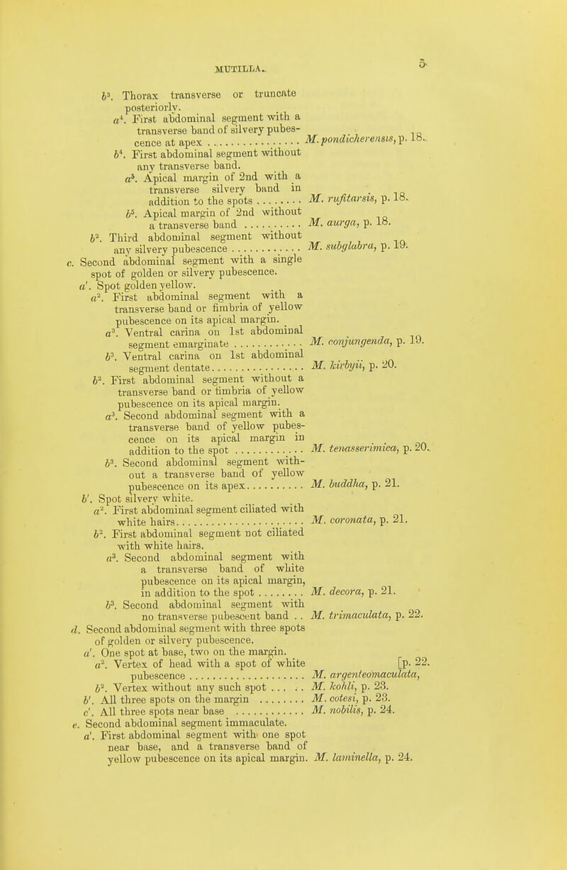 6'. Thorax transverse or truncate posteriorly. a^. First abdominal segment with a transverse band of silvery pubes- cence at apex M.pondicherensis,^'. 18. b*. First abdominal segment without any transverse band, a'. Apical nrnrgin of 2nd with a transverse silvery band in ■ iq addition to the spots M. nifUnrsis, p. i». b^. Apical margin of 2nd without a transverse band _ M. aurffci, ^. IS. b-. Third abdominal segment without any silvery pubescence M. subylubra, p. 19. Second abdominal segment with a single spot of golden or silvery pubescence, a'. Spot golden yellow. a'-. First abdominal segment with a transverse band or fimbria of yellow pubescence on its apical margin. a. Ventral carina on 1st abdominal segment emarginate • • M. c.ovjungenda, p. 19. 6'. Ventral carina on 1st abdominal segment dentate M. Uvhyii, p. 20. i^. First abdominal segment without a transverse band or iimbria of yellow pubescence on its apical margin. a'. Second abdominal segment with a transverse band of yellow pubes- cence on its apical margin in addition to the spot M. tenasserimiea, p. 20. A'. Second abdominal segment with- out a transverse baud of yellow pubescence on its apex M. buddha, p. 21. h'. Spot silvery white. a-. First abdominal segment ciliated with white hairs M. coronata,^.21. b^. First abdominal segment not ciliated with white hairs. a^. Second abdominal segment with a transverse band of white pubescence on its apical margin, in addition to the spot M. decora, p. 21. b^. Second abdominal segment with no transverse pubescent band . . M. trimaculata, p. 22. I. Second abdominal segment with three spots of golden or silvery pubescence. a'. One spot at base, two on the margin. cr. Vertex of head with a spot of white [p. 22. pubescence M. argejiieomaculata, 6^ Vertex without any such spot ... . . M. kohli, p. 23. v. All three spots on the margin M. cotesi, p. 23. c. All three spots near base '. M. nobilis, p. 24. s. Second abdominal segment immaculate. a!. First abdominal segment with one spot near base, and a transverse band of yellow pubescence on its apical margin. M. laminella, p. 24.