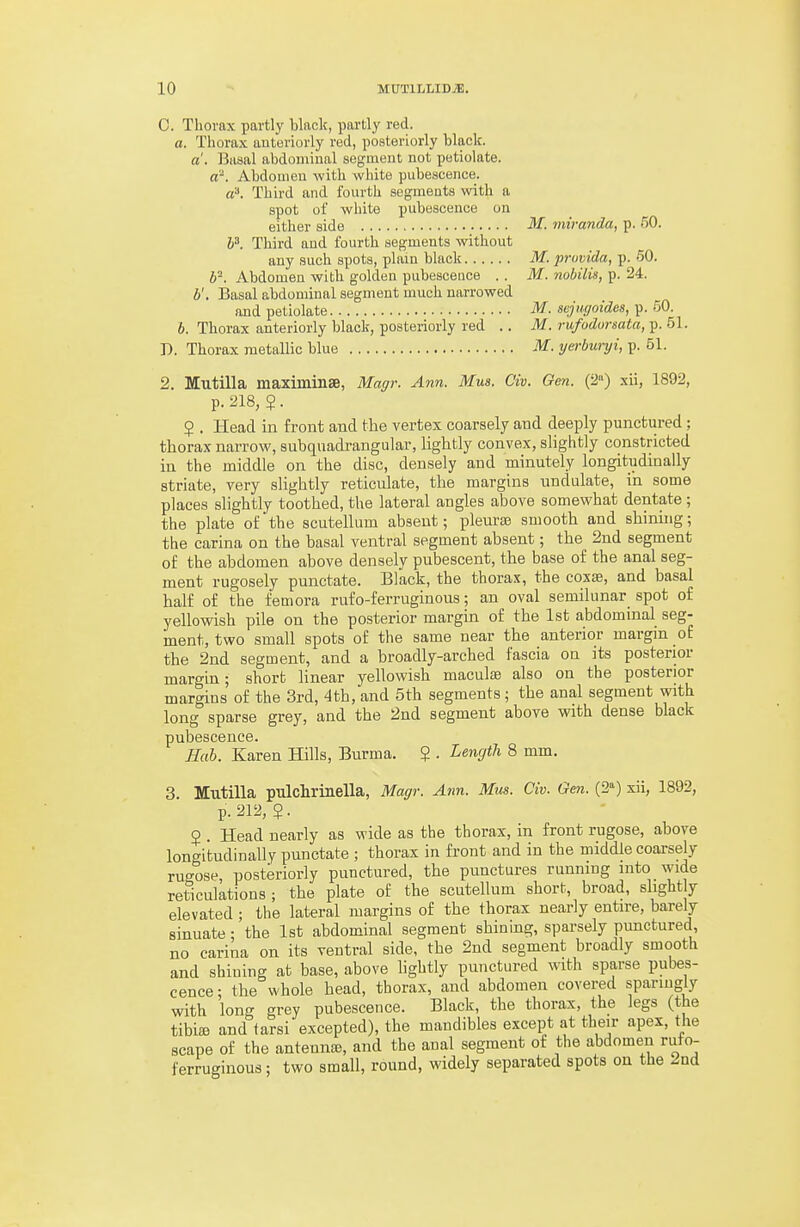 0. Thorax partly blaclc, partly red. a. Thorax anteriorly red, posteriorly black. a'. IBaaal abdominal segment not petiolate. a. Abdomen with white pubescence. a. Third and fourth segments with a spot of white pubescence on either side M. miranda, p. /)0. l^. Third and fourth segments without any such spots, plain blaclc M. pruvida, p. 50. 6^ Abdomen with golden pubescence . . M. nobilis, p. 24. b'. Basal abdominal segment much narrowed and petiolate M. sejiujoidea, p. 60. b. Thorax anteriorly black, posteriorly red .. M. rufodorsata, p. 51. D. Thorax metallic blue M. yei-buryi, p. 51. 2. Mutilla maximinse, Magr. Ann. Mus. Civ. Gen. (2») xii, 1892, p. 218,?. $ . Head in front and the vertex coarsely and deeply punctured; thorax narrow, subquadrangular, lightly convex, slightly constricted in the middle on the disc, densely and minutely longitudinally striate, very slightly reticulate, the margins undulate, in some places slightly toothed, the lateral angles above somewhat dentate; the plate of'the scutellum absent; pleurae smooth and shinuig; the carina on the basal ventral segment absent; the 2ud segment of the abdomen above densely pubescent, the base of the anal seg- ment rugosely punctate. Black, the thorax, the coxse, and basal half of the femora rufo-ferruginous; an oval semilunar spot of yellowish pile on the posterior margin of the 1st abdominal seg- ment, two small spots of the same near the anterior margin of the 2nd segment, and a broadly-arched fascia on its posterior margin; short linear yellowish maculae also on the posterior margins of the 3rd, 4th, and 5th segments; the anal segment with long sparse grey, and the 2nd segment above with dense black pubescence. Hah. Karen Hills, Burma. ? . Length 8 mm. 3. Mutilla pulchrinella, Magr. Aim. Mus. Civ. Gen. (2) xii, 1892, p. 212,$. 9 Head nearly as wide as the thorax, in front rugose, above longitudinally punctate ; thorax in front and in the middle coarsely rugose, posteriorly punctured, the punctures running into wide reticulations; the plate of the scutellum short, broad, shghtly elevated ; the lateral margins of the thorax nearly entire, barely sinuate; the 1st abdominal segment shining, sparsely punctured, no carina on its ventral side, the 2nd segment broadly smooth and shiuing at base, above lightly punctured with sparse pubes- cence; the whole head, thorax, and abdomen covered sparingly with long grey pubescence. Black, the thorax, the legs (the tibisB and tarsi excepted), the mandibles except at their apex, the scape of the antenna), and the anal segment of the abdomen rufo- ferruginous ; two small, round, widely separated spots on the 2nd