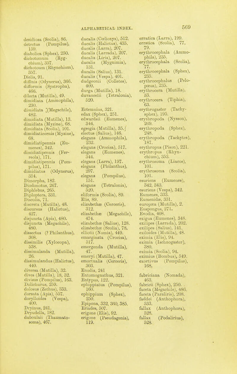 ilesicliosa (Seolia), 86. cletectii3 (Pompilu3), 159. diabolica (Sphox), 250. diehotoimim (Ryg- ohium), 357. dichotoum (Rhynchium), 367. Dielis, 91. dilGnis (Odynerus), 366. diflormis (Systropba), 466. dileota (Mutilla), 49. dimidiaca (Ammophila), 230. diiuidiata [(Megachile), 482. dimidiata (MutiUa), 13. dimidiata (Myzine), 68. dimidiata (Scolia), 101. dimidiaticornis (Myzine), 68. dimidiatipennis (Eu- menes), 342. dimidiatipennis (Fer- reola), 171. dimidiatipennis (Pom- pilus), 171. dimidiatus (Odynerus), 354. Dimorpba, 182. Diodonotus, 267. DiphlebuB, 265. Diploptera, 331. Discoiia, 71. discreta (Mutilla), 48. discursus (Halictus), 427. disjuncta (Apis), 480. disjuncta (Megacbile), 480. dissectus (? Pbilanthus), 308. dissimilis (Xylooopa), 538. dissimulanda (Mutilla), 26. dissimulandus (Halictus), 440. diversa (MutiUa), 32. dives (Mutilla), 18, 32. divisus (Pompilus), 163. Dolicburus, 259. dolosus (Zethus), 333. dorsata (Apis), 557. dorylloides (Vespa), 400. Dryinus, 241. Dryudella, 182. duboulaii (Thaumato- soma), 467. ALPHABETICAL INDEX. ducali.3 (Coelioxys), 512. ducalis (llaliolus), 435. ducalis (Lari-a), 207. ducalis (Lan-ada), 207. ducalis (Liris), 207. ducalis (Mygnimia), 131. ducalis (Salius), 131. ducalis (Vespa), 401. dudgeonii (Oolletes), 409. durga (Mutilla), 18. duvaucelii (Tetralonia), 520. Ectemnius, 321. edax (Sphex), 251. edwardsii (Eumenes), 344. egregia (MutiUa), 35.j eleotus (Salius), 146. elegans (Ammopliila), 232. elegans (Orocisa), 517. elegans (Eumenes), 344. elegans (Larra), 197. elegans (Pbilanthus), 297. elegans (Pompilus), 151. elegans (Tetralonia), 520. eliformis (SeoUa), 89. Elis, 89. elizabetba3 (Cerceris), 312. elizabethse (Megacbile), 474. elizabethfe (Salius), 128. elizabetbaj (Scolia), 78. elliotii (Nomia), 449. emarginata (Orocisa), 617. emergenda (Mutilla), 47. emeryi (Mutilla), 47. emortuaHs (Cerceris), 303. Enodia, 241 Eutomognatbus, 321. Entypus, 122. ephippiatus (Pompilus), 160. epbippium (Spbex), 250. Epipona, 332, 360, 385. Briades, 507. erigone (Elis), 92. erigone (Pseudagenia), 119. 569 erratica (Larra), 199. erratica (Scolia), 77, 79. erythrocopbala (Ammo- pbila), 235. erythrocepbala (Scolia), 77. erythrocepbala (Sphex), 235. erythi'ocepbalus (Pelo- poeus), 236. erytbrocera (Mutilla), 33. erytbrocera (Tiphia), 63. erytbrogaster (Tachy- spbex), 195. erycbropoda (Nysson), 269. erytbropoda (Spbex), 248. erytbropoda (Tacbytea), 187. erythropus (Pison), 221. erythropus (Rhyn- chium), 353. erytbrosoma (Liaoos), 101. erytbrosoma (Scolia), 101. esuriens (Eumenes), 342, 343. esuriens (Vespa), 342. Eumenes, 333. EumenidEe, 331. europtea (Mutilla), 2. Euspongus, 271. Evodia, 408. exigua (Eumenes), 348. exilipes (Larrada), 202. exilipes (Salius), 141. exiloides (Mutilla), 48. eximia (Elis), 94. eximia (Isohnogaster), 380. eximia (Scolia), 94. eximius (Bombus), 549. exortivus (Pompilus), 168. fabrioiana (Nomada), 463. fabricii (Sphex), 250. . faceta (Megacbile), 48G. faceta (Paraliris), 208. faddei (Anthophora), 533. fallax (Anthophora), 528. fallax (Podalirius), 528.