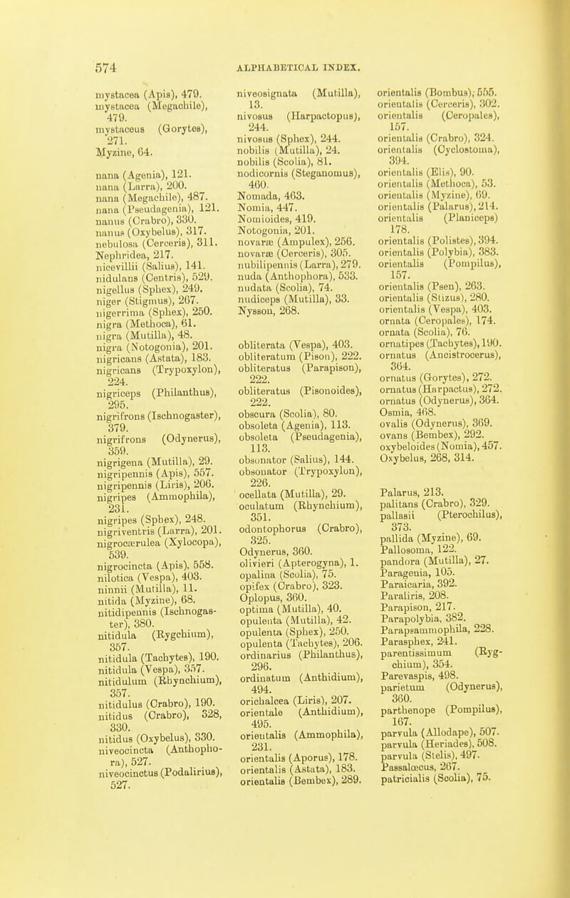 iiiystacea (Apis), 479. uiystacea (Megaohile), 479. mysUceuB (Qorytos), 271. Myzine, 64. nana (Agenia), 121. nana (Larra), 200. nana (Megaohile), 487. nana (rseudugenia), 121. nanus (Orabro), 330. nanus (Oxybelus), 317. nebulosa (Cerceris), 311. Nephridea, 217. nicevillii (Saliua), 141. nidulans (Oentris), 529. nigelluB (Sphex), 249. niger (Stigmus), 267. nigerrima (Sphex), 250. nigra (Methoca), 61. nigra (Mutilla), 48. nigra (Notogouia), 201. nigricans (Astata), 183. nigricans (Trypoxylon), 224. nigriceps (Philanthus), 295. nigrifrons (Ischnogaster), 379. nigrifrons (Odynerus), 359. nigrigena (Mutilla), 29. nigripennis (Apis), 567. nigripennis (Liris), 206. nigripes (Ammophila), 231. nigripes (Sphex), 248. nigriventris (Larra), 201. nigrocrerulea (Xylocopa), 539. nigrocincta (Apis), 658. nilotica (Vespa), 403. ninnii (Mutilla), 11. nitida (Myzine), 68. nitidipeunis (Ischnogas- ter), 380. nitidula (Rygchium), 357. nitidula (Tachytes), 190. nitidula (Vespa), 357. nitidulum (Rhynchium), 357. nitidulus (Orabro), 190. nitidus (Orabro), 328, 330. uitidus (Oxybelus), 330. niveocincta (Anthopho- ra), 527. niveocinctua (Podalirius), 527. niveosignata (Mutilla), 13. iiivosus (HarpaotopusJ, 244. nivoBUB (Sphex), 244. nobilis (Mutilla), 24. nobilis (Scolia), 81. nodicornis (Steganomus), 460. Nomada, 463. Nomia, 447. Nomioides, 419. Notogoniii, 201. novarai (Ampulex), 256. novarffi (Oerceris), 305. nubilipeiiiiis (Larra), 279. nuda (Anthophora), 533. nudata (ScoHa), 74. nudiceps (Mutilla), 33. NysBOu, 268. obliterata (Vespa), 403. obliteratum (Pison), 222. obliteratus (Parapison), 222. obliteratus (Pisonoides), 222. obscura (Scolia), 80. obsoleta (Agenia), 113. obsoleta (Pseudagenia), 11,3. obsunator (Salius), 144. obsouator (Trypoxylon), 226. ocellata (MutiUa), 29. oculatum (Ehynchium), 351. odontophorus (Orabro), .326. Odynerus, 360. olivieri (Apterogyna), 1. opalina (Scolia), 75. opifex (Orabro), 323. Oplopus, 360. optima (Mutilla), 40. opulenta (Mutilla), 42. opulenla (Sphex), 250. opulenta (Tachytes), 206. ordinarius (Philanthus), 296. ordinatum (Anthidium), 494. orichalcea (Liris), 207. orientale (Anthidium), 495. orieutalis (Ammophila), 231. orientalis (Aporus), 178. orientalis (Astata), 183. orientalis (Bembex), 289. orientalis (Bombus), 5.55. orieutalis (Cerceris), 302. orientalis (Ceropales), 157. orientalis (Orabro), 324. orientalis (Oyclostoma), 394. orientalis (Eli.s), 90. orientulis (Methoca), 53. orientalis (Myzine), 09. orientalis (Palarus), 214. orientalis (Planiceps) 178. orientalis (PoliBte8),394. orientalis (Polybia), 383. orientalis (Pompilus), 157. orientalis (Psen), 263. orieutalis (Slizua), 280. orientalis (Vespa), 403. ornata (Cerojiales), 174. ornata (Scolia), 76. ornatipes (.Tachytes), 190. ornatua (Ancistrooerus), 364. ornatus (Gorytes), 272. ornatuB (Harpactus), 272. ornatus (Odynerus), 364. Osmia, 468. ovalis (Odynerus), 369. ovans (Bembex), 292. oxybeloides (Nomia), 457. Oxybelus, 268, 314. Palarus, 213. palitans (Orabro), 329. pallasii (Pterochilus), 373. pallida (Myzine), 69. Pallosoma, 122. pandora (Mutilla), 27. Paragenia, 105. Paraicaria, 392. Paraliris, 208. Parapison, 217. Parapolybia, 382. Parapsammophila, 228. Parasphex, 241. parentissimum (Ryg- chium), 354. Parevaspis, 498. parietum (Odynerus), 360. parthenope (Pompilus), 167. parvula (Allodape), 507. parvula (Heriades), 508. parvula (Stelis), 497- Passalcecus, 267. patricialis (Soolia), 75.