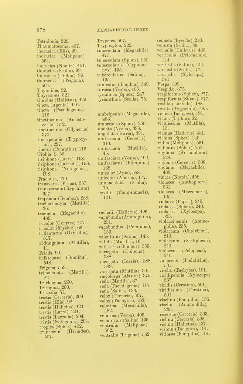 Tetrulonia, 520. Tluuiniatosoma, 467. thoracica (Elis), i)9. thoracica (Melipona), 564. thoracica (Nomia), 451. thoracica (Scolia), 99. thoracica (Tiphia), 99. thoracica (Trigona), 564. Thynnidoe, .52. Thyreopus, 321. timidus (Halictus), 429. tin eta (Agenin), 116. tincta (Paeudagenia), 116. tinctipennis (Ancisto- cerus), 372. tinctipennis (Odynerus), 372. tinctipennis (Trypoxy- lon), 227. tinctus (Pompilus), 116. Tiphia, 2, ,5(5. tisiphone (Larra), 198. tisiphone (Larrada), 198. tiaiphone (Notogouia), 198. Trachuaa, 470. transversa (Vespa), 357. transversum (Eygchium), 357. trepanda (Bembex), 288. trichocondyla (Mutilla), 36. trioincta (Megachile), 489. tricolor (Gorytes), 275. tricolor (Myzine), 66. tridentatus (Oxybelus), 317. tridungulata (Mutilla), 11. Trielis, 90. trifasciatuB (Bombus), 548. Trigona, 559. trimaoulata (Mutilla), 22. Trirhogma, 260. Trirogma, 260. Triscolia, 71. tristis (Oerceris), 309. tristis (Elis), 92. tristis (Halictus), 424. tristis (Larra), 204. tristis (Larrada), 204. tristis (Notogonia), 204. tropica (Sphex), 402. truncorum (Heriades), 507. Trypetes, 507. Trypoxylon, 222. tuberculata (Megachile), 475. tuberculata (Sphex), 250. tuberculiitus (Cypbono- uyx), 135. tuberculatuB (Salius), 135. tunicatus (Borabus), 549. turcica (Vespa), 403. tyrannioa (Sphex), 247. tyrianthina (Scolia), 75. umbripennis (Megachile), 483. umbrosus (Sphex), 250. undata (Vespa), 398. ungulata (loaria), 391. unifnsoiata (Cerceris), 310. unimsciata (Mutilla), 45. unil'asoiata (Vespa), 402. unilasciatus (Pompilus), 168. unicolor (Apis), 558. unicolor (Aporus), 177. unimaculata (Scolia), 75. urviUii (Campsomeris), 101. vachalii (Halictus), 426. ■vagabunda (Ammophila), 231. vagabunduB (Pompilus), 153. valentulus (Salius), 145. valida (Mutilla), 16. vallestris (Bombus), 553. ■variegata (Epipona), 388. variegata (Icaria), 388, 389. variegata (Mutilla), 30. variolosus (Alastor), 375. veda (Mutilla), 37. veda (Pseudagenia), 117. veda (Salius;, 133. velox (Oerceris), 307. velox (Tachytes), 188. velutina (Megachile), 482. velutina (Vespa), 405. venatorius (Salius), 136. ventralis (Melipona), 562. ventralis (Trigona), 562. venuata (Lyroda), 210. vonusta (Scolia), 88. vernalis (Halictus), 430. verticalis (Priocnemis), 144. verticalis (Salius), 144. verticalis (Scolia), 77. verticalis (Xylocopa), 541. Vespa, 399. Vespidoj, 375. vespiformis (Sphex), 277. vespifbrmis (Stizus), 277. vestita (Larrada), 188. vestita (Megachile), 485. vicina (Tachytes), 191. vicina (Tiphia), 62. vicinissima (Mutilla), 13. vicinuB (Halictus), 431. vicinus (Sphex), 245. vidua (Melipona), 561. viduatus (Sphex), 252. vigilans (Anthophora), 528. vigilans (Cerceris), 308. vigilans (Megachile), 488. vincta (Nomia), 458. violacea (Anthophora), 531. violacea (Macromeris), 105. violacea (Pepsis), 240. violacea (Sphex), 240. violacea (Xylocopa), 533. violaceipennis (Ammo- phila), 235. violaceum (Chalybion), 240. violaceum (Sceliphron), 240. violaceus (Pelopoeus), 240. violaceus (Podalirius), 531. virchu (Tachytes). 191. viridipennis (Xylocopa), 537. viridis (Ceratina), 501. viridissima (Ceratina), 501. vischnu (Pompilus), 156. vischu (Amnlophila), 233. viscosus (Cerceris), 303. vishnu (Cerceris), 308. vishnu (Halictus), 437. vishnu (Tachytes), 191. vitiosus (Pompilus), 161.