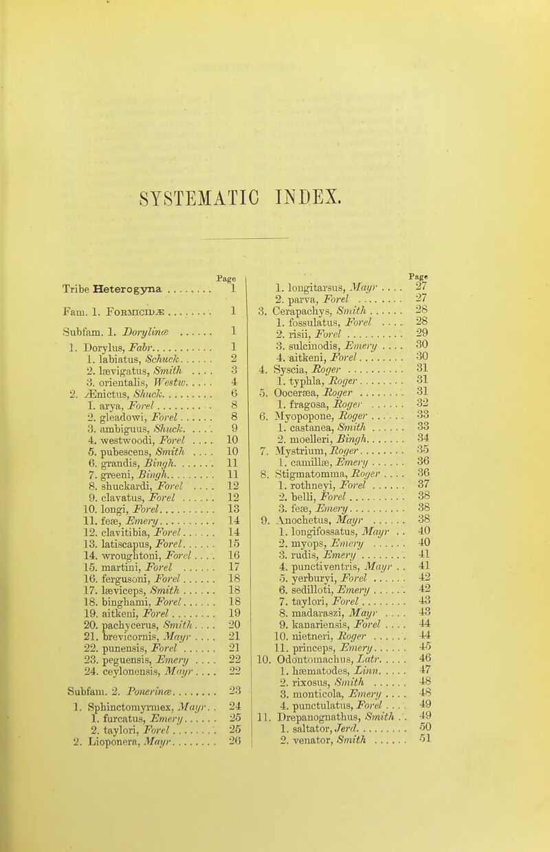 SYSTEMATIC INDEX. Page Tribe Heterogsma 1 Fain. 1. FoBsnciD^ 1 Subfam. 1. Dorylinm 1 1. Doryhis, Fair 1 1. labiatus, Schuck 2 2. Ifevigatus, Smith .... 3 3. orientalis, Westio 4 2. ^nictus, S/iucJc 6 1. arya, Forel 8 2. gleado-wi, Forel 8 3. ambiguus, Shuck, .... 9 4. -westwoodi, Forel .... 10 5. pubescens, Smith .... 10 6. grandis, Bimjh 11 7. greeni, Bingh 11 8. shuckardi, Ford .... 12 9. clavatus, Forel 12 10. longi, Forel 13 W. tesd, Emery 14 12. clavitibia, Forel. 14 13. latiscapus, Forel 15 14. wroughtoni, Ford .... 16 15. martini, Forel 17 16. fergusoni, Forel 18 17. Iseviceps, Smith 18 18. binghami, Forel 18 19. aitkeni, Ford 19 20. pachycerus, Smith .... 20 21. brevicornis, Mm/r .... 21 22. puiien8i.s, Ford 21 23. peguensis, Emery .... 22 24. ceylonenais, Muyr .... 22 Subfam. 2. Ponerince 23 1. Sphinctomymiex, 3f«i^r.. 24 1. furcatus, Emery 26 2. taylori, Forel 25 2. Lioponera, 20 Page 1. loDgitarsiis, Mayr .... 27 2. parva, Forel 27 3. Cerapacbys, Smith 28 1. fossulatus, Forel .... 28 2. risii. Ford 29 3. siilciuodis, Emery .... 30 4. aitkeni, Forel 30 4. Syscia, Roger 31 1. typhla, Roger 31 •5. Oocersea, Roger 31 1. fragosa, Roger 32 6. Myopopone, Roger 33 1. castanea, Sinith 33 2. moeUeri, Bingh 34 7. Mystrium, i2o_f/er 35 I. camUlffi,-ZJmer// 36 8. Stigmatomma, Roger .... 36 1. rothneyi, Ford 37 2. belli, Ford 38 3. feaa, Emery 38 9. Anocbetiis, Mayr 38 1. longifossatus, ^fayr . . 40 2. myops, Emery 40 3. rudis. Finery 41 4. punctiventris, Mayr . . 41 5. yerburyi, Forel 42 6. sedilloti, Emery 42 7. taylori, Forel 43 8. madavaszi, Mayr .... 43 9. kanariensis. Ford .... 44 10. nietnevi, Roger 44 11. princeps, Emery 46 10. Odoutomachiis, Latr 46 1. bajmatodes, Linn. . . ... 47 2. rixosua, Smith 48 3. monticola, Emery .... 48 4. punctulatns, Forel .... 49 11. Drepanoguathus, Smith .. 49 1. saltator, Je)v7 60 2. venator, Smith 61