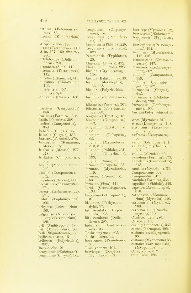 -IDS sistiitus (Ectomomyr- iiiex), 86. al,oiiii:s (Monoinoriimi), •208. Atopnmyrmex, 189. ill nil a (Tetriiponera), 110. Alta, 157, 160, 220, 277, 280. atteliiboidps (Dolioho- dei-us), 291. ntlommta (Siiiia), 112. atl.enuata (Tetraponera), 112. aiiratus (Ellampiis), 419. auriamis (Lioiiiyi'inex), 199. nui'iventris (Campo- iiodis), 374. aiitoci-ata (Chrysis), 4r)fi. bacclius (Caraponnlus), 356. bacclius (Formica), .356. badin (Formica), 358. barliiis (Camponotus), 358. baiiadiir (Cbrysis), 473. balucba (Chvysis), 457. barbara (Formica), 278. barbarum (Stenamnia, Messor), 279. Iiarbanis (Messor), 277, 278. barbatAis (Camponolus), 362. basiile (MonomoriiniO, 209. basalis (Camponotus), 3.52. bnyadera (Chry-sis), 444. boccarii (AphiCiiognster), 271. bpccarii (Iscbnomvrmex), 271. bcdoti (Lophomyrmex), 196. bolgaense (Tetramorium), 189. belgaense (Xiphoniyr- iiiex) (Tetramorium), 189. belli (Amblyopoiie), 38. belli (Meranoplus), 169. belli (Stigiiiatomma), 38. bcUicosa (Atta), 164. bellicosa (Polyrbacbis), 387. Belonopelta, 91. bengalensis (yEnictiis), 20. bcii{;alcii.si.s(Clirysis),482. ALPITAnETIC.VIj l!s DKX. bengalensis (Oligomyr- mcx), 154. bengalensis (I'cnla cbry- sis), 482. beiigalens-ig(Pbidolfi\228. bengalensis (Prenolepis), 328. bengalensis (Typblatta), 20. bliavaniB (Cbrysis), 472. bbavanic (Pliidole), 228. bicolor (Crvptoceriis), 168. bicolor (Ectatomma), 83. bicolor (Meranoplus), 166, 168. bicolor (Polyrliacliis), 395. bicolor (Technomyrniex), 302. biliamata (Formica), 386. bibamata (Polyrbacbis), 382, 386. bingbami (^Enictus), IS. bingbaini (Camponotus), 367. bingbami (Ectatomma), 83. bingbami (Lobopelta), 65. bingbami (Myrmoteras), 313, 314. bingbami (Pbidole), 261. bingbami (Polvrbacliis), 399. bingbaini (.Sima), 111. birniana (Lobopelta). 58. birinana (Myrniicaria), 119. birmana (Prenolepis), 331. birmana (Sima), 112. biroi (Cremastogaster), 1.38. bispinosa (Botbroponera), 97. bispinosa (Pachycbon- dyla), 97. bitiiberoulata (Hypo- clinea), 295. bituberciilatug (Dolicbo- derus), 295. boliemanni (Centromyr- niex), 93. Botbriomynnex, 305. Botbroponera, 95. bourboiiica (Prenolepis), 328. Brachyponera, 101. broviceps (Poryliis) ('rypbloponc), 3. breviceps (Mynnica), 212. brevicoriiis (yEnictiis), 21. brevicornis (Typlilatia), brevi8pinosus(PriBtonivr- mex), 194. brunnea (Myrniicaria), 117, 118. bvunnescens (Cremasto- gaster), 147. brunneus (Technomyr- niex), 302. buddbaa (Camponotus), 359. buddbse (Cremasto- gasier), 132. biirnianica (Cliry.sis), 442. burmanicus (Dolicbo- derus), 293. burinanus (Lopbomyr- inex), 196. busiris (Polyrbacbis),414. casca (Myrmica), 212. creous (Linmyrmex), 198. ciespituni (Tetramo- rium), 175. caffraria (Mesoponera), 99. calida (Solenopsis), 164. caligata (Polyrbacbis), 397. callida (Formica), 366. canielina (Formica), 37.'!. caraelicus (Camponotus), 373. cainillce (Mystrium), 36. Camponotinas, 308. Camponotus, 347. Candida (Formica), 335. capellinii (Pbidole), 246. capensis (Acantholepis), 316. carbonaria (Monomo- rium) (Myrmica), 210. carbonaria (Myrmica), 2(>9. carbonaria (Pseudo- myrnia), 110. Cardiocondyla, 286. Carebara, 150. carin (Camponotus), .36.5. carnea (Parnopes), 495. castauea (Amblyopoiie), 33. cast anea (M.yopopone),33. castanea (var. inacubittt), (Myopopone), .33. Cataylypbis, 312. Catanliicii.s. I2(».