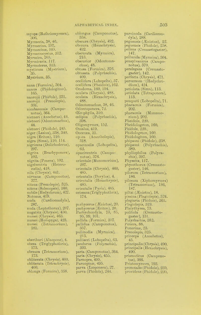 myops (Bothi-iomyvmpx), Myrmecia, 3f, 40. INTyrniecina, 197. Myrmeeina\ lO.'). MyrmeoocysUis, 312. Myrmicn, '2>'}ri. Myrmicaria. 117. Myrraoteras, 313. mysticiim (Mystriiiiu), 35. Mystrium, 35. nana (Formica), 304. nanus (Pbidologitoii), 1(15. naorojii (Pbirlole), 231. iiaonijii (Prenolepis), 331. nicobarensis (Campo- notus), 364. nietneri (Anocbetus), 41. nietneri (Odontonuiebus), 44. nietneri (Phidole), 245. niger (Lasius), 338, 340. nigra (Ecitou), 110. nigra (Siraa), 110, 114. nigricans (Dolicbodei'iis), 297. nigrita (Bracbyponera\ 102. nigrita (Ponera), 102. nigrivenl I'is (Heteru- coelia), 418. nila (Cbrysis), 441. niryansB (Oamponotiis), 377. nitens (Prenolepis), 32.5. nitons (Solenopsis), IfiU. nobile (Hedycbrum), 427. Ndtozns, 419. niula (Cardiocondyla), 287. niida (Leptothorax). 287. nugatrix (Cbrysis), 450. niirsei (Cbrysis), 463. nursei (^Holopyga), 423. niirsei (Tetranioriiiin), 181. obertburi (Alaojione), 4. obesa (Triglypliutbrix), 173. obesuin (Tetrauioriuni), 173. obliterata (Cbrysis), 460. obliterala (Tetracbrytis), 460. oblunga (Forniica), 3.58. .\Lrir.\nE'ncAT, ixnnx. oblongiis (Camponotiis), 35«. obscura (Cbrysis), 492. obfciira (Hexacbrysis), 492. ob.scurata (Mvrniica), 213. obscurior (Odontoma- ebiLs), 48. ohtusa (Formica), .376. obtusata (Polyrbacbis), 409. ocellifera (Lobopelta), .57. oc-ellifera (Pbeidole), 162. Ocodoma, 160, 194. ot-nlata (Cbrysis), 488. ocidata (Plexacbrysis), 488. Odontoinacbus, 38, 46. Odontoponera, 72. tEcipbylla, 310. Oedipus (Pulyrbacbis), 398. Oligoniyrmex, 152. Onialus, 419. Oocerrea, 31. op loa (Acantbolepis), 318. opacinodis (Lobopelta), 62. opaciventris (Campo- nutus), 376. orientale (Monomorium), 207. orientalis (Cbrysis), 460, 485. orientalis (Dorylus), 4. orienlalis (Hexacbrysis), 485. orientalis (Pyria), 485. orissana(Tnglypbotbrix), 174. pccbycerus (jEnictns), 20. pacbycerus (Eciton), 20. Pacbychondyla, 73, 85, 95, 99, 101. pallida (Formica), 357. pallidus (Camponotus), 357. pallinodis (Myrniica), 213. palliseri (Lobopelta), 63. pandarns (I'olyracbis), 393. paria (Camponotus), 364. paria (Cbrysis), 455. Parnopes, 495. Parnopina', 495. parva (Lioponora), 27. parva (Pbidolo), 244. 503 parvinoda (Cardiocon- dyla), 288. pcgueiisis (yFInictus), 22. lieguensis (Pbidole), 2.58. pollens (Creniastogaslor), 147. pelluoida (Myrniica), 304. pensylvanicus (Campo- notus), 370. perelegans (Cremasto- gaster), 142. perl'ecta (Cbrysis), 471. peryersuni (Iledycbri- dium), 424. petiolata (Sima), 113. jietiolata (Tetraponera), 113. peuqueti (Lobopelta), 71. pbaraonis (Formica), 202. pbaraonis (Monomo- rium), 202. Pbeidole, 220. Pbeidologeton, 160. Pbidole, 220., Pbidologeton, 160. Pbidologiton, 160. pbipsoni (Pbidole), 238. pbipsoni (Polyrbacbis), 389. pbyllopbilus (Polyra- cbis), 397. Pbyfiatta, 117. pbyifotborax (Cremasto- gjister), 146. pilosura (Tetramoriuin), 186. pilosum (Xipbomyrmex) (Tetramorium), 1S6, 187. piltzi (vEnictus), 18. pissina (Pbigiolepis), .324. plagiaria (Pbidole), 261. J^bigiolepis, 319. Platytbyrea, 73. politula (Cremasto- gaster), 131. Polyrbacbis, 382. Ponera, 88. Poneriniu, 23. Prenolepis, 325. princeps (AnocbetLis), 45. principalis (Cbrysis), 490. principalis (Hexacbrysis), 490. prismaticus (Campono- tus), 366. Pristomyrniex, 193. pronotalis (Pbidole), 2.30, providone (Pbidole), 220.