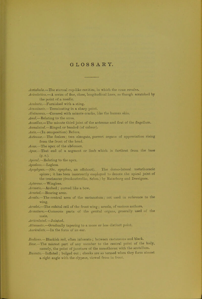 GLOSSARY. Acetahula.—The sternal cup-like canities, in which tlie coxa; revolve. Aciculatioii.—A series of line, close, lons^itiidinal hues, tis tliongli scratched by the point of a needle. Aculeate.—Furnished with a sting. Aciiiiiinatc.—Terminating in a sharp point. Alutaccoiis.—Covered with minute ci-acks, like the human skin. Anal.—Eelating to the anus. Ainiellns.—The minute third joint of the antemitc and first of the flagellum. Annulated.—Einged. or banded (of colour)- Ante.—(In composition) Before. AiiteiiiKB.-—The feelers; two elongate, porrect organs of appreciation rising from the front of the head. Anus.—The apex of the abdomen. Apex.—That end of a segment or limb wliich is furthest I'rom the base (q. v.). Apical.—Eelating to the apex. Apodous.—Legless. Ap02}Iiyses.—{Qr. apoplmo, an offshoot). The dorso-lateral metathoracic spines; it has been incorrectly employed to denote the apical joint of the trochanter (trocliantcrellus, Schm.) by Eatzebui-g and Desvignes. Apterom.—Wingless. Arcuate.—Arched; curved like a bow. Arcated.—Bearing areaj. Areola.—The central area of the metanotum; not used in reference to the wing. Areolcl.—The cubital cell of the front wing ; areola, of various authors. Arinature.—Corneous parts of tlie genital organs, generally used of the nuile. Articulated.—Jointed. Aitenuatc.—Gradually tapering to a )norc or loss distinct point. Auriculatc.—lu the form of iin ear. J^«<^io«.'<.—Blackish red, often iufuscato; between castaneous and black. Yirtsc—Tlie nearest part of any member to the central point of the body, namely, the point of juncture of the mesothorax with the scutellum. i;«t'c«^e.—Inflated ; bulged out; cheeks are so termed when they form almost a right angle wilh tlie clypeus, viewed from in front.