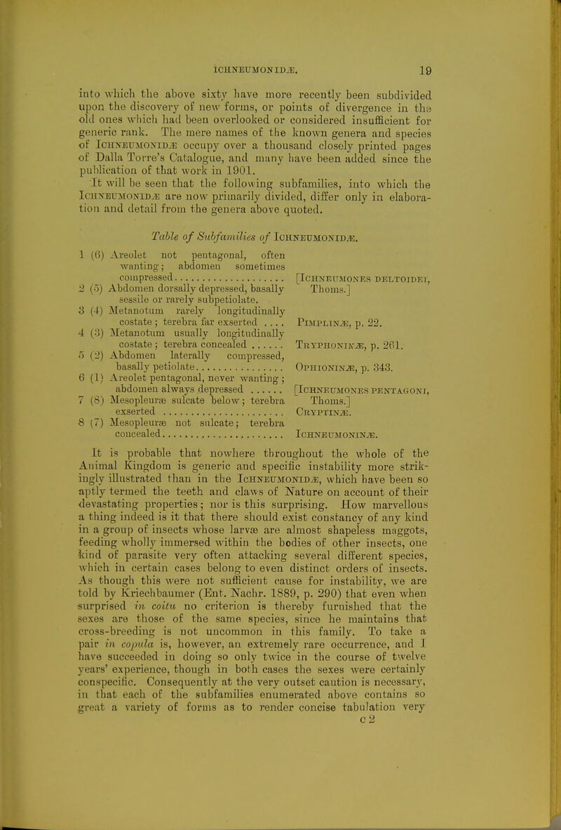 into wliicli the above sixty have more recently been subdivided upon the discovery of new forms, or points of divergence in tli8 okl ones which had been overloolted or considered insufficient for generic rank. The mere names of the known genera and species of IcHisrEUMONiD.Ti; occupy over a thousand closely printed pages of Dalla Torre's Catalogue, and many have been added since the publication of that work in 1901. It will be seen that the following subfamilies, into which the IcnifEUMOMD.E are now primarily divided, differ only in elabora- tion and detail from the genera above quoted. Table of Subfamilies of ICHNEUMOKlDiE. 1 (6) Areolet not pentagonal, often wanting-; abdomen sometimes compressed [Ichnetjmones deltoidki, 2 (5) Abdomen dorsally depressed, basally Thorns.] sessile or rarely subpetiolate. 3 (4) Metanotum rarely longitudinally costate ; terebra far exserted .... Pimplin^, p. 22. 4 (3) Metanotum usually longitudinally costate ; terebra concealed Tryphonh,-^, p. 261. o (2) Abdomen laterally compressed, basally petiolate Ophionin^e, p. 343. 6 (1) Areolet pentagonal, never Avanting ; abdomen always depressed [Ichneumones pentagoni, 7 (8) Mesopleurte sulcate below; terebra Thorns.] exserted Oryptin^. 8 (7) Mesopleurae not sulcate; terebra concealed IcHNEUMONiNiB. It is probable that nowhere throughout the whole of the Animal Kingdom is generic and specific instability more strik- ingly illustrated than in the Ichneumonid^, which have been so aptly termed the teeth and claws of !Nature on account of their devastating propei-ties; nor is this surprising. How marvellous a thing indeed is it that there should exist constancy of any kind in a group of insects whose larvae are almost shapeless maggots, feeding wholly immersed Avithiu the bodies of other insects, one 'kind of parasite very often attacking several different species, which in certain cases belong to even distinct orders of insects. As though this were not sufficient cause for instability, we are told by Kriechbaumer (Ent. JS'achr. 1889, p. 290) that even when surprised in coitu no criterion is thereby furnished that the sexes are those of the same species, since he maintains that cross-breeding is not uncommon in this family. To take a pair in copula is, however, an extremely rare occurrence, and I have succeeded in doing so only twice in the course of twelve years' experience, though in both cases the sexes were certainl)'^ conspecific. Consequently at the very outset caution is necessary, in that each of the subfamilies enumerated above contains so great a variety of forms as to render concise tabulation very c2