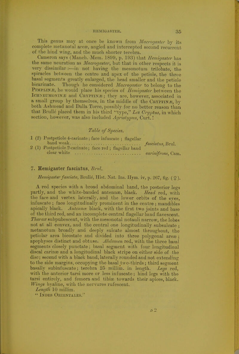 This genus may at once be Jaiown from Mucror/aster by its complete inetanotal area?, angled and intercepted second recurrent of the hind wing, and the much shorter terebra. Cameron says (Mauch. Mem. 1899, p. 193) that Ilemigaster has the same neuration as Macrogastev, but that in otiier respects it is very dissimilar :=—in not having the mesonotum trilobate, the spiracles between the centre and apex of the petiole, the three basal segments greatly enlarged, the head smaller and the petiole bicarinate. Though he considered 3Iacror/nster to belong to the PiMPLiNiE, he would place his species of Ilemigaster between the IcHNEtJMONiNiE and CEyPTiiS'iE; they are, however, associated in a small group by themselves, in the middle of the Ckyptin^, by both Ashmead and Dalla Torre, possibly for no better reason than that Bridle placed them in his third type, Les Gnjptus, in which section, however, was also included Agriotypus, Curt.! Table of Species. 1 (2) Postpetiole 4-cariuate ; face infuscate ; flagellar baud weak faseiatics, Brul. 2 (1) Postpetiole 2-carinate; face red ; flagellar band clear white earinifrofis, Cam. 7. Hemigaster fasciatus, Brul. Hemigaster fasciata, Brulle, Hist. Nat. Ins. Ilym. iv, p. 267, flg. (5). A red species with a broad abdominal band, the posterior legs partly, and the white-banded antennae, black. Head red, with the face and vertex laterally, and the lower orbits of the eves, infuscate ; face lougitudiually prominent in the centre ; mandibles apically black. Antenna} black, with the first two joints and base of the third red, and an incomplete central flagellar baud flavescent. Thorax subpubescent, with the mesonotal notauli narrow, the lobes not at all convex, and the central one longitudinally subsulcate ; metanotum broadly and deeply sulcate almost throughout, the petiolar area bicostate and divided into three polygonal arete; apophyses distinct and obtuse. Abdomen red, with the three basal segments closely punctate; basal segment with four longitudinal discal carinsB and a longitudinal black stripe on either side of the disc; second with a black baud, laterally rounded and not extending to the side margins, occupying the basal two-thirds ; third segment basally subinfuscate; terebra 25 millim. in length. Legs red, with the anterior tarsi more or less infuscate; hind legs with the tarsi entirely, and femora and tibia? towards their apices, black. Wings hyaline, with the nervures rufesceut. Length 10 miUim.  Indes Okienxales.