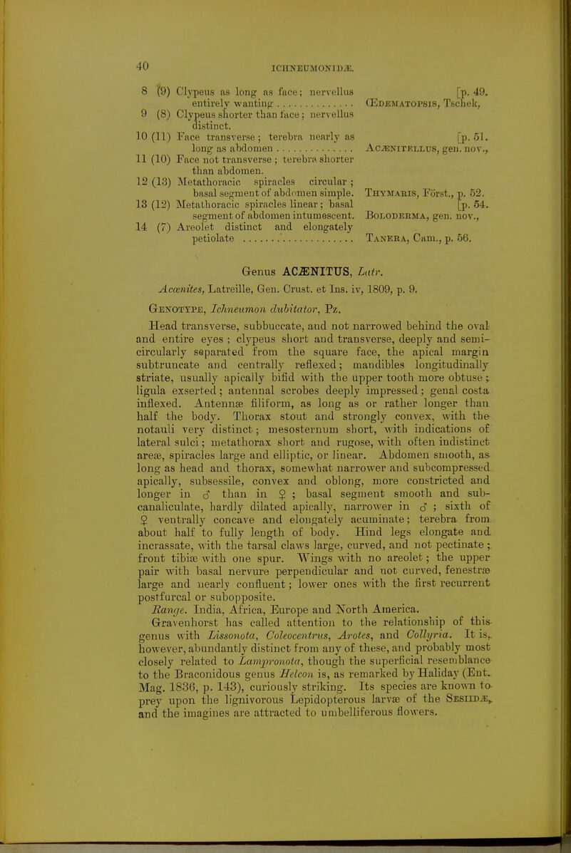 IClINEUMONIWiE. 8 \9) Clypeus as long as face; nervellus [p. 49. entirely wantinp- GiIdematopsis, Tschek, 9 (8) Clypeus shorter than face; nervellus distinct. 10(11) Face transverse; terebra nearly as fp. 51. long as abdomen AciBNiTKLliUS, gen. nov.^ 11 (10) Face not transverse ; terebra shorter than abdomen. 12 (13) Metathoraoio spiracles circular ; basal segment of abdomen simple. Thymams, Forst., p. 52. 13 (12) Metathoracic spiracles linear; basal [p. 64. segment of abdomen intumescent. Boloderma, gen. nov., 14 (7) Areolet distinct and elongately petiolate ' Taneba, Cam., p. 56. Genus AC.ENITUS, Latr. Acosnites, Latreille, Gen. Crust, et Ins. iv, 1809, p. 9. Genotype, Ichneumon dubitator, Pz. Head transvei-se, subbuccate, aud not narrowed behind the oval and entire eyes ; clypeus short aud transverse, deeply and semi- cii'cularly separated from the square face, the apical margin subtruncate and centrally reflexed; mandibles longitudinally striate, usually apically bifid with the upper tooth more obtuse; ligula exserted; antenna! scrobes deeply impressed; genal costa infl.exed. Antennae filiform, as long as or rather longer than half the body. Thorax stout and strongly convex, with the notauli very distinct; mesosternum short, with indications of lateral sulci; metathorax sliort aud rugose, with often indistinct arese, spiracles large and elliptic, or linear. Abdomen smooth, as- long as head and thorax, somewhat narrower and subcompressed apically, subsessile, convex aud oblong, more constricted and longer in J than in $ ; basal segment smooth and sub- canaliculate, hardly dilated apically, narrower in c? ; sixth of 5 veutrally concave and elongately acuminate; terebra from about half to fully length of body. Hind legs elongate aud incrassate, with the tarsal claws large, curved, and not pectinate ;, front tibiae with one spur. Wings with no areolet; the upper pair with basal nervure perpendicular aud not curved, fenestrje large and nearly confluent; lower ones with the first recurrent postfurcal or subopposite. Range. India, Africa, Europe and North America. Gravenhorst has called attention to the relationship of this- genus with Lissonota, Coleocentrus, Arotes, and Collyria. It is,, however, abundantly distinct from any of these, and probably most closely related to Lampronota, though the superficial resemblance- to the Braconidous genus Helcon is, as remarked by Haliday (Ent.. Mag. 1836, p. 143), curiously striking. Its species are known to- prey upon the lignivorous Lepidopterous larvae of the SESiiD.a:^ and the imagines are attracted to umbelliferous flowers.