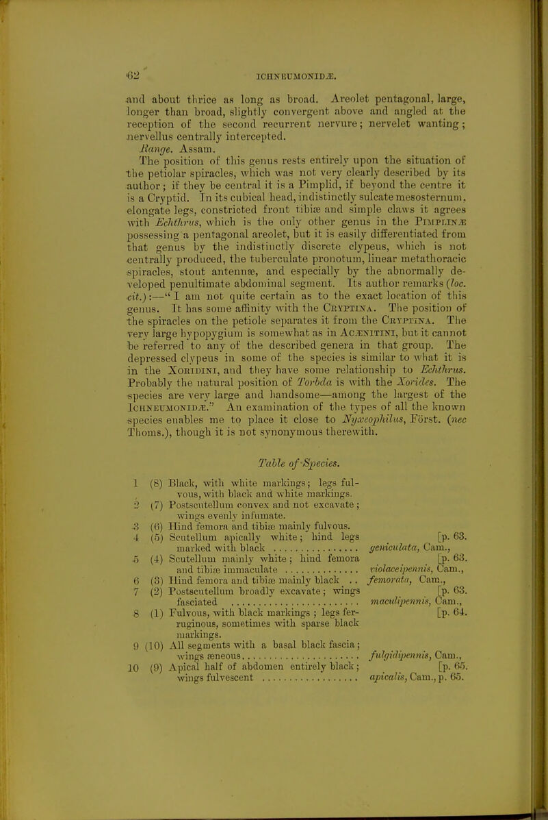 ■and about tlirice as long as broad. Areolet pentagonal, large, longer than broad, slightly convergent above and angled at the reception of the second recurrent nervure; nervelet wanting; jiervellus centrally intercepted. liange. Assam. The position of this genus rests entirely upon the situation of the petiolar spiracles, which v\'as not very clearly described by its author; if they he central it is a Pimplid, if beyond the centre it is a Cryptid. In its cubical head, indistinctly sulcate raesosternuin, elongate legs, constricted front tibiae and simple claws it agrees with Echthrus, which is tlie only other genus in the PiiiPMN^ possessing a pentagonal areolet, but it is easily differentiated from that genus by the indistinctly discrete clypeus, which is not centrally produced, the tuberculate pronotum, linear metathoracic spiracles, stout antennge, and especially hj the abnormally de- veloped penultimate abdominal segment. Its author remai-ks (Zoc. cit.):— I am not quite certain as to the exact location of this genus. It has some affinity with the CiiYPTiJfA. The position of the spiracles on the petiole separates it from the Crtptina. The very large hypopygium is somewhat as in Ac.t:nitini, but it cannot he referred to any of the described genera in that group. The depressed clypeus in some of the species is similar to what it is in the Xoridini, and they have some relationship to Echthrus. Probably the natural position of Torhcla is with the Xorides. The ■species are very large and liandsome—among the largest of the ICHNETJMONiDTE.'' An examination of the types of all the known «pecies enables me to place it close to Nyxeophilus, Forst. {nee Thoms.), though it is not synonymous therewith. Table of Species. 1 (8) Black, mtli white markings; legs ful- vous, with black and white markings. 2 (7) Postscutellum convex and not excavate ; wings evenly infumate. ?) (G) Hind femora and tibise mainly fulvous. 4 (5) Scutellum apically white; hind legs [p. 63. marked with black yeniculata, Cam., h (4) Scutellum mainly white; hind femora _ _ [p. 63. and tibife immaculate violaceipcnnis, Cam., 6 (3) Hind femora and tibire mainly black .. femoratn, Cam., 7 (2) Postscutellum broadly excavate ; wings [p. 63. fasciated . iriacuh'penm's, Gam., 8 (1) Fulvous, with Mack markings ; legs fer- [p. 64. ruginous, sometimes with sparse black markings. 9 (10) All segments with a basal black fascia; wings aeneous fulgidipennis, Cam., 10 (9) Apical half of abdomen entirely black ; [p. 6o. wings fulvescent fl/3tWjs, Cam., p. 65.