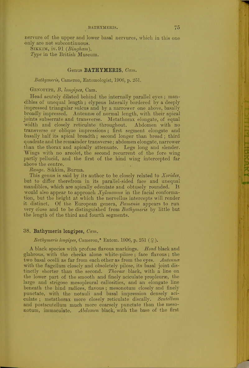 iiervure of the upper and lower basal nervures, which in this one only are not subcontinuous. SiKKiM, iv. 91 {Bincjiiam). Type in the British Museum. Genus BATHYMERIS, Cam. Bathymeris, Cameron, Entomologist, 1906, p. ii51. GEJfOTXPE, B. lonyipes, Cam. Head acutely dilated behind the internally parallel eyes ; man- dibles ot' unequal length; clypeus laterally bordered by a deeply impressed triangular sulcus and by a narrower one above, basally broadly impressed. Antennae of normal length, with their apical joints subserrate and transverse. Metathorax elongate, of equal width and closely reticulate throughout. Abdomen with no transverse or oblique impressions ; first segment elongate and basally half its apical breadth; second longer than broad; third quadrate and the remainder transverse; abdomen elongate, narrower than the thorax and apically attenuate. Legs long and slender. Wings with no areolet, the second recurrent of the fore wing partly pellucid, and the first of the hind wing intercepted far above the centre. Range. Sikkim, Burma. This genus is said by its author to be, closely related to Xorides, but to differ therefrom in its parallel-sided face and unequal mandibles, which are apically edentate and obtusely rounded. It would also appear to approach Xylonomus in the facial conforma- tion, but the height at vi'hich the nervellus intercepts will render it distinct. Of the European genera, Fmmenia appears to run very close and to be distinguished from Batliymeris by little but the length of the third and fourth segments. 38. Bathyineris longipes, Cam. BatJiymeris longipes, Cameron,* Entom. 1906, p. 251 ($ ). A black species with profuse flavous markings. Head black and glabrous, with the cheeks alone white-pilose ; face flavous ; the two basal ocelli as far from each other as from the eyes. Antennoi with the flagellum closely and obsoletely pilose, its basal joint dis- tinctly shorter than the second. Thorax black, with a line on the lower part of the smooth and finely aciculate propleurae, the large and strigose mesopleural callosities, and an elongate line beneath the hind radices, flavous ; mesonotum closely and finelj^ punctate, with the notauli and basal impression densely aci- culate ; metathorax more closely reticulate discally. Scutellum and postscutellum much more coarsely punctate than the meso- notum, immaculate. Abdomen black, with the base of the first