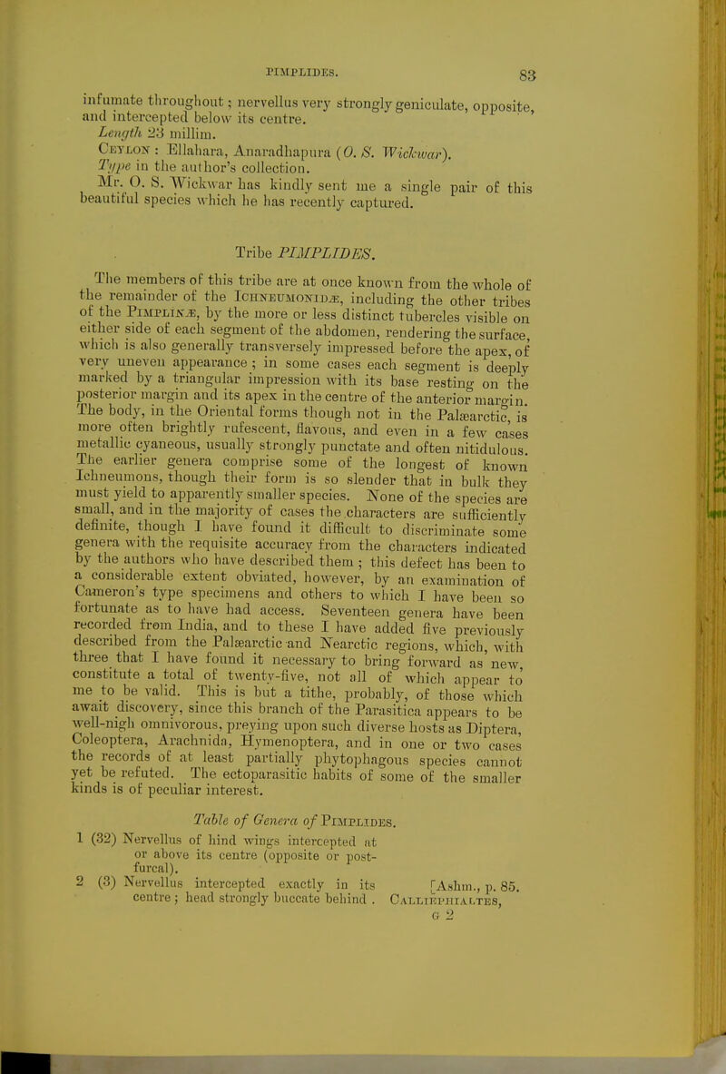 riMPLIBES. infumate throughout; nevvellus vei-y strongly geniculate, opposite and intercepted below its centre. ' ' Length 2'6 millini. Cetlon : Ellahara, Anaradliapura {0. 8. Wichivar). Ti/pe in the author's collection. Mr. O. S. Wickwar has kindly sent me a single pair of this beautiful species which he has recently captured. Tribe PIMPLIDES. The members oF this tribe are at once known from the whole of the remainder of the IcHNEUMONiniE, including the other tribes of the PiMPLiN^, by the more or less distinct tubercles visible on either side of each segment of the abdomen, rendering the surface which is also generally transversely impressed before the apex, of very uneven appearance ; in some cases each segment is deeply marked by a triangular impression with its base restino- on the posterior margin and its apex in the centre of the anterior margin The body, in the Oriental forms though not in the Pal^arctic is more often brightly rufescent, flavous, and even in a few cases metallic cyaueous, usually strongly punctate and often uitidulous. The earlier genera comprise some of the longest of known Ichneumons, though their form is so slender that in bulk they must yield to apparently smaller species. None of the species are small, and in the majority of cases the characters are sufficientlv definite, though 1 have found it difficult to discriminate some genera with the requisite accuracy from the characters indicated by the authors who have described them ; this defect has been to a considerable extent obviated, however, by an examination of Cameron's type specimens and others to which I have been so fortunate as to have had access. Seventeen genera have been recorded from India, and to these I have added five previously described from the Palaearctic and ISTearctic regions, which, with three that I have found it necessary to bring forward as' new, constitute a total of twenty-five, not all of which appear to' me to be valid. This is but a tithe, probably, of those which await discovery, since this branch of the Parasitica appears to be well-nigh omnivorous, preying upon such diverse hosts as Diptera, Coleoptera, Arachnida, Hymenoptera, and in one or two cases the records of at least partially phytophagous species cannot yet be refuted. The ectoparasitic habits of some of the smaller kinds is of peculiar interest, Tahle of Genera of Pimplides. 1 (32) Nervellus of hind wings intercepted at or above its centre (opposite or post- furcal), 2 (3) NervelUis intercepted exactly in its [Ashm., p. 85. ceutre; head strongly huccate behind . Calltkphialtes, G 2