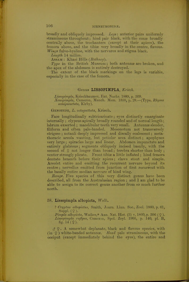 lOHNEUilONIDTE. broadly and obliquely impressed. Legs: anterior pairs uniformly sti*amineous througliout; hind ]mir black, with the coxaj broadly centvaUy above, the trochanters (except at their apices), tlie fernora above, and the tibijB very broadly in the centre, flavous. Wings fulvo-hyaline, with the nervures and stigma black. Lencjlh 14 millim. Assam : Ivhasi Hills {Rotlmey). Type in the British Museum; both antennae are broken, and the apex o£ the abdomen is entirely destroyed. The extent ot the black markings on the legs is variable, especially in the case of the femora. G-enus LISSOPIMPLA, Kriedi. Lissoinmpla, Krieclibaumer, Ent. Naclir. 1889, p. 309. Xenojnmpla, Cameron, Manch. Mem. 1898, p. 28.—(Type, Hhyssa semipunetata, Kirhy). GrENOTYPE, L. octoguttata, Kriech. Face longitudinally subtricarinate; ej^es distinctly emarginate internally ; clypeus apically broadly rounded and of normal length; labrum exserted ; mandibular teeth very small. Antennae slender, filiform and often pale-banded. Mesonotum not transversely strigose ; notauli deeply impressed and discally coalescent; meta- thoracic areola wanting, but petiolar area distinct; apophyses very large ; spiracles large and linear. Abdomen impunctate and entirely glabrous; segments obliquely incised basally, Avith the second of § not longer than broad ; terebra shorter than body ; venter strongly plicate. [Front tibiae a little inflated ; hind femora dentate beneath before their apices; claws stout and simple. Areolet entire and emitting the recurrent nervure beyond its centre ; nervellus emitted from junction of first recurrent with the basally entire median nervure of hind -wing. Range. Pive species of this very distinct genus have been described, all from the Australasian region ; and 1 am glad to be able to assign to its correct genus another from so much further north. 58. Lissopimpla albopicta, Walk. ? Cryptus albopictus, Smith, Journ. Linu. Soc, Zool. 1860, p. 61,. Siippl. (2). Pimpla albopicta, Walker,* Ann. Nat. Hist. (3) v. 1860, p. 306 (5 ). Lissnpimpla rujipes, Cameron, Spol. Zeyl. 1905, p. 140, pi. B,. ■ fi8--W($)- 5. A somewhat deplanate, black and flavous species, with (in 2 ) white-banded antennae. Head pale stramineous, with the- occiput (except immediately behind the eyes), the entire and