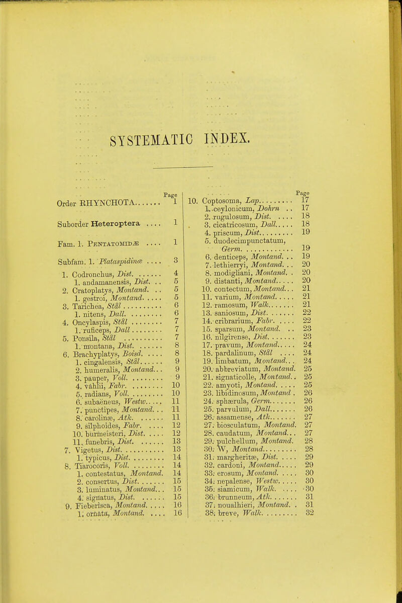 SYSTEMATIC INDEX. Page Order RHYNCHOTA 1 Suborder Heteroptera 1 Fam. 1. Pentatomtd^ .... 1 Subfam. 1. Plataspidince .... 3 1. Codroncbus, Bist. ...... 4 1. aDdamanensis, Dist. ., 5 2. Cratoplatys, Montand. .. 5 1. gestroi, Montand 5 3. Taiicbea, Stal 6 1. nitens, Ball 6 4. Oncylaspis, St&l 7 1. ruficeps, Ball 7 5. Ponsila, Stal 7 I. montana, Bist 8 6. Bracbyplaty.s, Boisd 8 1. cingalensis, Stal 9 2. bumeralis, Montand... 9 3. pauper, Voll 9 4. vablii, Fabr 10 5. radians, Voll 10 6. subaeneus, Westiv 11 7. punctipes, Montand. .. 11 8. carolinte, Atk 11 9. silpboides, Fabr 12 10. burlneisteri, Bist 12 II. funebris, Bist 13 7. Vigetus, Bist 13 1. typicus, Bist 14 8. Tiarocoiis, Voll 14 1. contestatus, Montand. 14 2. consertus, Bist 15 3. luminatus, Montand.. . 15 4. signatus, Bist 15 9. Fieberisca, Montand 16 1. orfiftta, Montand. ,.,. 16 Page 10. Coptosoma, Lap 17 1. .ceylonicum, Bohrn .. 17 2. rugulosum, Bist 18 3. cicatricosiim, Ball..... 18 4. priscum, Bist 19 5. duodecimpiinctatum, Germ 19 6. denticeps, Montand. .. 19 7. letbienyi, Montand. .. 20 8. inodigliani, Montand. . 20 9. distant!, Montand 20 10. contectum, Montand.. . 21 11. varium, Montand 21 12. ramosum, Walk 21 13. saniosum, Bist 22 14. cribrarium, Fabr 22 15. sparsuni, Montand. .. 23 16. nflgirense, Bist 23 17. pravum, Montand 24 18. pardalinum, Stdl 24 19. limbatum, Montand.. . 24 20. abbreviatum, Montand. 25 21. signaticolle, Montand.. 25 22. amyoti, Montand 25 23. libidinosum, Montand . 26 24. spbserula, Germ 26 25. par-vulum, Ball 26 26. - assamense, Atk 27 27. biosculatum, Montand. 27 28. caudatmn, Montand... 27 29. pulcbellum, Montand. 28 30; W, Montand 28 31. margberitfe, Bist 29 32. cardoni, Montand 29 33; erosum, Montand. .... 30 34; nepalense, Westtu 30 35; siamicum. Walk 30 36; brunneum, Atk 31 37; noualhieri, Montand. . 31 38; breve, Walk 32