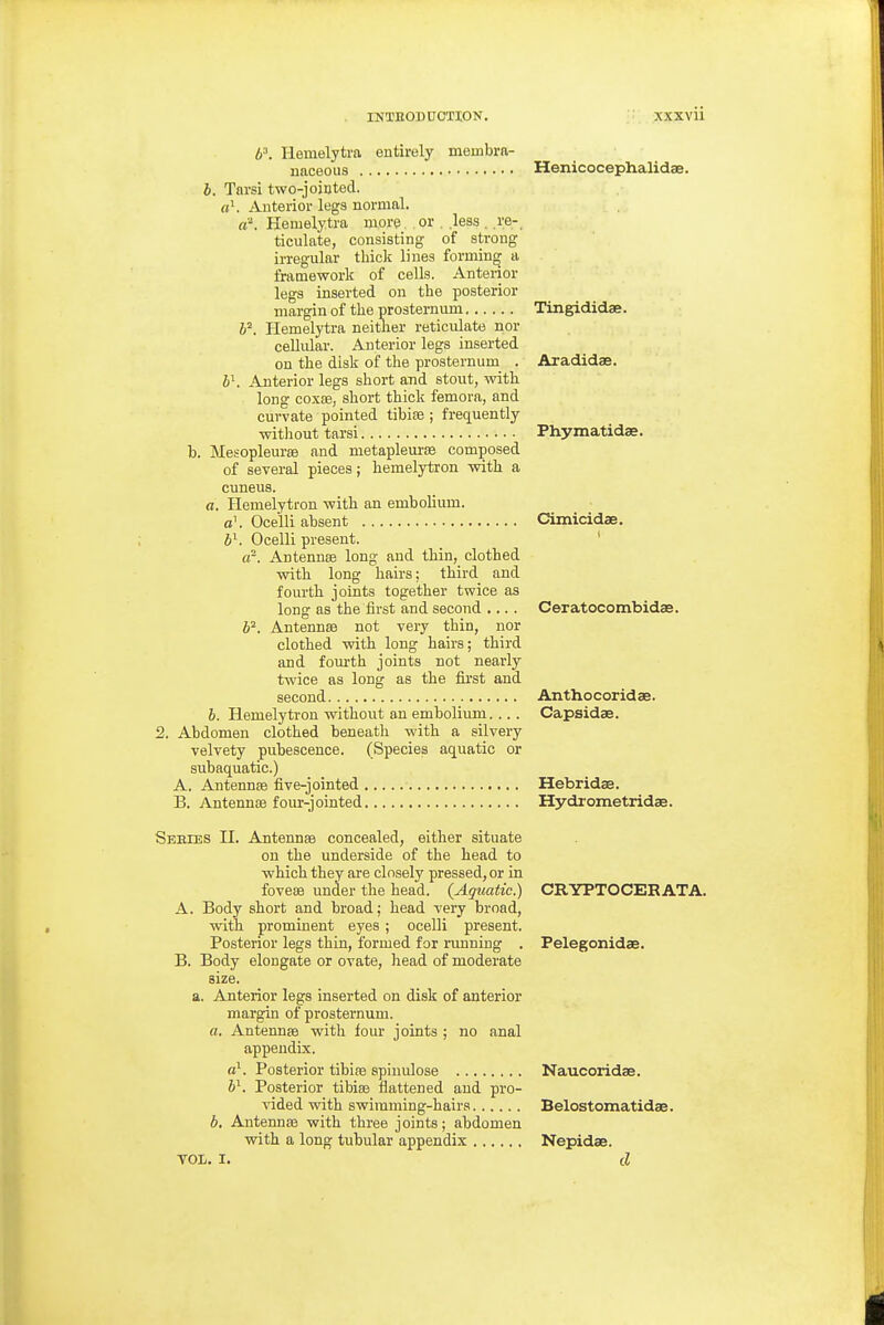 b'. Hemelytra entirely membra- naceous Henicocephalidae. b. Tarsi two-jointed, a'. Anterior legs normal. Hemelytra more. or . .less . re- ticulate, consisting of strong irregular thick lines forming a framework of cells. Anterior legs inserted on the posterior margin of the prosternuni Tingididae. h'. Hemelytra neitlier reticulate nor cellular. Anterior legs inserted on the disk of the presternum . Aradidae. i\ Anterior legs short and stout, with long coxfB, short thick femora, and cuvvate pointed tibife ; frequently without tarsi Phymatidae. b. Mesopleurse and metapleurfe composed of several pieces; hemelytron with a cuneus. a. Hemelytron with an embolium. a\ Ocelli absent Cimicidae. b^. Ocelli present. ' rt^ Antennae long and thin, clothed with long hairs: third and fourth joints together twice as long as the first and second .... Ceratocombidas. b^. Antennae not very thin, nor clothed with long hairs; third and fourth joints not nearly twice as long as the fii'st and second Anthocoridae. b. Hemelytron without an embolium... . Capsidae. 2. Abdomen clothed beneath with a silvery velvety pubescence. (Species aquatic or subaquatic.) A. Antenna five-jointed Hebridae. B. Antennaj four-jointed Hydrometridae. Seedes n. Antennae concealed, either situate on the underside of the head to which they are closely pressed, or in fovese under the head. (Agnatic.) CRYPTOCERATA. A. Body short and broad; head very broad, with prominent eyes ; ocelli present. Posterior legs thin, formed for running . Felegonidae. B. Body elongate or ovate, head of moderate size. a. Anterior legs inserted on disk of anterior margin of presternum. a. Antennfe with four joints ; no anal appendix. o'. Posterior tibiae spiuulose Naucoridae. J\ Posterior tibiae flattened and pro- vided with swimming-hairs Belostomatidae. b. Antennae with three joints; abdomen with a long tubular appendix Nepidae. VOL. I. d