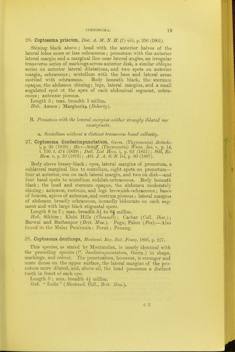 2(5. Coptosoma priscum, Diet. A. M. N. H. (7) viii, p. 236 (1901). Shining black above ; head with the anterior halves of the lateral lobes more or less ochraceous ; pronotuin with the anterior lateral margin and a marginal line near lateral angles, an irregular transverse series of markings across anterior disk, a similar oblique series on anterior lateral dilatations, and two spots oa anterior margin, ochraceous; scutellum with the base and lateral areas mottled with ochraceous. Body beneath black, the sternum opaque, the abdomen shining; legs, lateral margins, and a small angulated spot at the apex of each abdominal segment, ochra- ceous ; antennaj piceous. Length 5 ; max. breadth 5 millim. Jfab. Assam ; Margherita {DoTierty). B. Pronotmn ivith the lateral marghvs neither strongly dilated nor emurginate. a. Scutellum ivithout a distinct transverse basal callosity. 27. Coptosoma duodecimpunctatum. Germ. (Thvi'eocoris) Zeitschr. i, p. 30 (1839) ; Herr.-ScMff. (Thja-eocoris) Wans. Ins. v, p. 14, t. 150. f. 474 (1839); Ball. List Hem. i, p. 62 (1851); Stdl, En. Hem. v, p. 10 (1876); Atk. J. A. S. B. Ivi, p. 30 (1887). Body above brassy-black ; eyes, lateral margins of pronotum, a sublateral marginal line to scutellum, eight spots on pronotum— four at anterior, one on each lateral margin, and two on disk—and four basal spots to scutellum reddish-ochraceous. Body beneath black; the head and sternum opaque, the abdomen moderately shining ; antennae, rostrum, and legs brownish-ochraceous ; bases of femora, apices of antennae, and rostrum piceous; lateral margins of abdomen broadly ochraceous, inwardly bidentate on each seg- ment and \nt\i large black stigmatal spots. Length 6 to 7 ; max. breadth 5| to 6^ millim. Hah. Sikhim; Khasi Hills (Chennell); Cachar (Coll. Dist.): Barwai and Burhanpur {Bnt. Mas.). Pegu, Palon (Fea).—Also found in the Malay Peninsula: Perak; Penang. 28. Coptosoma denticeps, Montaml. Eev. Ent. Frang. 1893, p. 227. This species, as stated by Montandon, is nearly identical with the preceding species (C. duodecimpunctatum, Germ.) in shape, markings, and colour. The punctuation, however, is stronger and more dense on the upper surface, the lateral margins of the pro- notum more dilated, and, above all, the head possesses a distinct tooth in front of each eye. Length 5 ; max. breadth 4i millim. Hah.  Lidia  (Montand. Coll., Brit. 2Ius.). 0 2