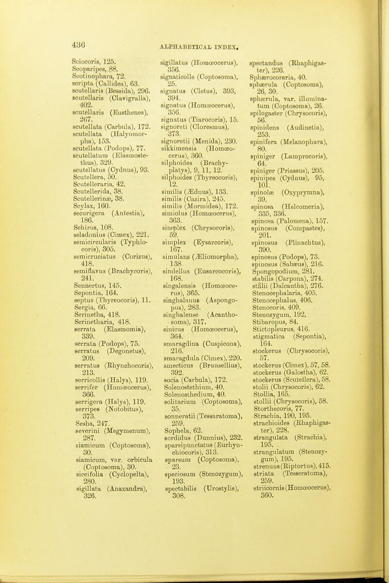 Sciocoris, 125. Scoparipea, 88. Scotinophara, 72. soripta (Oallidea), 63. BoutoUaris (Bessida), 296. Scutellaria (Olavigralla), 402. Boutellaris (Busthenes), 267. scutellata (Carbula), 172. ecutellata (Halyomor- pha), 163. scutellata (Podopa), 77. scutellatum (Elasmoste- thus), 329. scutellatuB (Oydnus), 93. Scutellera, 50. Scutelleraria, 42. Scutellerida, 38. Scutellerina;, 38. Scylax, 160. securigera (Antestia), 186. Sehii-us, 108. seladonius (Oiiioex), 221. seraicirculariB (Typhlo- coris), 305. semicruoiatus (Corizus), 418. semiflavus (BracbycoriB), 241. Sennertus, 145. Sepontia, 164. septus (Thyreocoris), 11. Sergia, 66. Serinetha, 418. Serinetharia, 418. serrata (Elasmomia), 339. serrata (Podops), 75. serratus (Degonetus), 209. serratus (Rhynohocoris), 213. serricoUis (Halys), 119. Berrifer (Homoeooerus), 366. serrigera (Halys), 119. serripes (Notobitus), 373 Sesha,'247. severini (Megymenum), 287. siamicum (Coptosoma), 30. siamicum, var. orbicula (Coptosoma), 30. siccifolia (Cyolopelta), 280. sigillata (Anasandra), 326. AI/PHABETIOAI, INDEX, sigillatus (Iloraceocerus), 356. signaticolle (Coptosoma), 25. signatus (Cletus), 393, 394. signatus (Homooocerus), 356. signatus (Tiarocoris), 15. signoreti (Cloresmus), 373. signoretii (Menida), 230. sikkimensis (Homoeo- cerus), 360. silpboides (Braehy- platys), 9, 11, 12. silpboides (Thyreocoris), 12. similis (JEdnus), 133. similis (Oazira), 245. similis (Mormidea), 172. simiolus (Homoeocerus), 363. simplex (Ohi-ysocoris), 59. simplex (Eysarcoris), 167. simulans (iEliomorpba), 1.38 sindellus (Eusarcocoris), 168. singalensis (Homoeoce- rus), 365. singbalanuB (Aspongo- pus), 283. singbalense (Aoantbo- soma), 317. sinicus (HomceoceruB), 364. smaragdina (Cuspicona), 216. smaragdula (Cimex), 220. smecticus (Brunsellius), 392. socia (Carbula), 172. Solenostetbium, 40. Solenosthedium, 40. solitarium (Coptosoma), 35. Bonneratii (Tessaratoma), 259 Sopbela, 62. sordidus (Dunnius), 232. sparsipunctatus (Eurbyn- cbiocoris), 313. sparsura (Coptosoma), 23. speciosum (Stenozygum), 193. Bpectabilis (Urostylis), 308. spoctandus (Rbapbigas- ter), 226. Spbajrocoraria, 40. spbterula (Coptosoma), 26, 30. sphicrula, Tar. illuniina- tum (Coptosoma), 26. spilogaster (Cbrysocoris), 56. spinidens (Audinetia), 253. spinifera (Melanopliara), 80. Bpiniger (Lamproooris), 64. spiniger (Priassus), 205. spinipes (Oydnus), 95, 101. spinote (Oxyprymna), 39. spinosa (Heleomeria), 335, 336. spinosa (Palomena), 157. Bpinosus (Compastes), 201. spinosus (Plinacbtus), 390. spinosus (Podops), 73. spinosus (SabsBus), 216. Spongopodium, 281. stabilis (Carpona), 274. stalii (Dalcantba), 276. Stenocepbalaria, 405. Stenocephalus, 406. Stenocoris, 409. Stenozygum, 192. StibaropuB, 84. Stictopleurus, 416. stigmatica (Sepontia), 164. Btockerus (Cbrysocoris), 57. stockerus (Cimex), 57, 58. stockerus (Galostba), 62. stockerus (Scutellera), 58. stolii (Cbrysocoris), 62. StoUia, 165. stollii (Cbrysocoris), 58. Storthecoris, 77. Stracbia, 190, 195. stracbioides (Rbapbigas- ter), 228. strangulata (Stracbia), 195. strangulatum (Stenozy- gum), 195. strenuus(Riptortns),415. striata (Tesseratoma), 259. striicornis (Homoeocerus), 360.