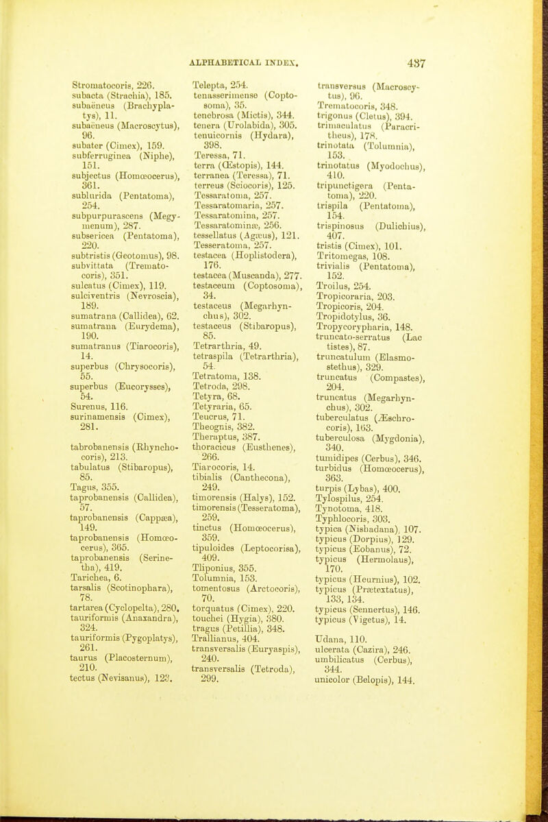 Stromatocoris, 226. subacta (Stnioliia), 185. subaeneus (Brachypla- tys), 11. subaeueus (Macroscj'tus), 96. subater (Cime.\), 159. siibferruginea (Niphe), 151. subjectus (HomoBocerus), 361. sublurida (Pentatoma), 254. subpurpurascena (Megy- menum), 287. subserioea (Pentatoma), 220. subtristis (Geotomus), 98. subvittata (Tremato- coris), 351. sulcatus (Cimex), 119. suloiventris (Nevroscia), 189. sumatrana (Calliclea), 62. sumatraua (Eiirydema), 190. sumatranus (Tiarocoris), 14. superbus (Chrysocoris), 55. superbus (Eucorysses), 54. Surenus, 116. surinamensis (Cimex), 281. tabrobanensis (Rbyneho- coris), 213. tabulatus (Stibaropus), 85. Tagiis, 355. taprobanensis (Calliclea), 67. taprobanensis (Cappasa), 149. taprobanensis (Homceo- cerus), 365. taprobanensis (Serine- tba), 419. Tariohea, 6. tarsalis (Scotinophara), 78. tartarea (Cyelopelta), 280, tauriformis (Anaxandra), 324. tauriformis (Pygoplatys), 261. taurus (Placosternum), 210. tectus (Neyisanua), 123. Telepta, 254. tenaaseriuiense (Copto- soma), 35. tenobrosa (Mictis), 344. tenera (Urolabida), 305. tenuieornis (Hydara), 398. Teressa, 71. terra (Oistopis), 144. terranea (Teressa), 71. terreus (Soiocoris), 125. Tessaratoma, 267. Tessaratomaria, 257. Tessaratomina, 257. Tessaratomina;, 266. tessellatiis (Agajus), 121. Tesseratouia, 267. testacea (Hoplistodera), 176. testacea (Muscanda), 277. testaceuni (Coptosoma), 34. testaceus (Megarhyn- chus), 302. testaceus (Stibaropus), 85. Tetrarthria, 49. tetraspila (Tetrarthria), 64. Tetratoma, 138. Tetroda, 298. Tetyra, 68. Tetyraria, 65. Teucrus, 71. Tbeognis, 382. Theruptus, 387. thoracicus (Eusthenes), 266. Tiarocoris, 14. tibialis (Oanthecona), 249. timorensis (Halys), 152. timorensis (Tesseratoma), 269. tinotus (Homoeocerus), 369. tipuloides (Leptocorisa), 409. Tliponius, 355. Tolumnia, 163. tomentosus (Arctoeoris), 70. torquatus (Cimex), 220. touchei (Hvgia), 380. tragus (Petillia), 348. Trallianus, 404. transrersalis (Euryaspis), 240. transversalis (Tetroda), 299. transveraus (Macroscy- tiia), 90. Treiuatocoris, 348. trigonua (Clelus), 394. trinmculatus (Paracri- tbeus), 178. trinotata (Tolumnia), 153. trinotatus (Myodoebus), 410. tripimctigera (Penta- toma), 220. trispila (Pentatoma), 154. trispinosus (Duliobius), 407. triatis (Cimex), 101. Tritomegas, 108. trivialis (Pentatoma), 152. Troilus, 254. Tropiooraria, 203. Tropiooris, 204. Tropidotylus, 36. Tropycorypharia, 148. truncato-serratus (Lac tistes), 87. truncatulum (Elasmo- stetbus), 329. truncatus (Conipastes), 204. truncatus (Megarhyn- chus), 302. tuberculatus (jEscbro- coris), 163. tuberculosa (Mygdonia), tumidipes (Cerbus), 346. turbidus (Homoeocerus), 363. tnrpis (Lybas), 400, Tylospilus, 254. Tynotoma, 418. Typblocoris, 303. typica (Niabadana); 107. typicus (Dorpius), 129. typicus (Eobanus), 72. typicus (Hermolaus), 170. typicus (Heurnius), 102. typicus (Prastextatus), 133, 134. typicus (Sennertus), 146. typicus (Vigetus), 14. TJdana, 110. ulcerata (Oazira), 246. umbilicatus (Cerbus), 344. unicolor (Belopis), 144.