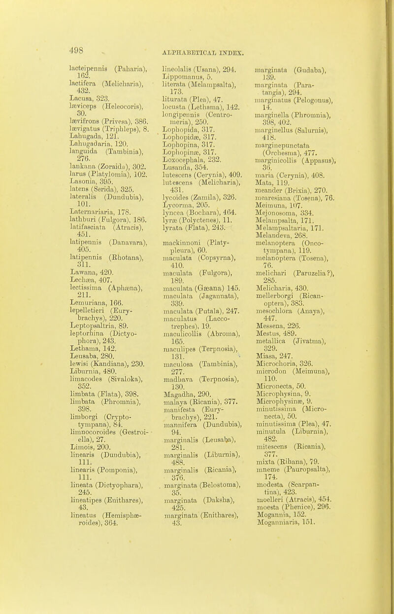 lacteipeiinis (Piilmria), 102. Inctifera (Melicharia), 432. Lacusa, 323. lajviceps (Heleocoris), 30. lieyifrons (Privesa), 386. lievigatus (Tripbleps), 8. Lahugada, 121. Lahiigadaria, 120. languida (Tatubinia), 276. lankana (Zoraidu), 302. larus (Platylomia), 102. Lasonia, 395. latens (Serida), 325, lateralis (Dundiibia), 101. Laternariaria, 178. latbburi (Fulgova), 18G. latifasciata (Atracis), 451. latipenuis (Danavara). 405. latipennis (Rbotana), 311. Lawana, 420. Lechtea, 407. lectissima (Aphaina), 211. Lemuriana, 166. lepelletieri (Eury- brachys), 220. Leptopsaltrla, 89. leptorhina (Dictyo- phora), 243. Lethama, 142. Leiisaba, 280. lewisi (Kandiana), 230. Libiirnia, 480. limacodes (Sivaloka), 352. limbata (Flata), 398. linibata (Phromnia), 398. limborgi (Orypto- tympana), 84. limnocoroides (Gestroi- ella), 27. Limois, 200. linearis (Duudubia), 111. linearis (Pomponia), 111. lineata (Dictyophara), 246. lineatipes (Enithares), 43. lineatus (Hemisphnj- roides), 364. lineolalis (Usana), 294. Lippoinamis, 5. litorata (Melainpsalta), 173. liturata (Plea), 47. loousta (Lethama), 142. longipennis (Oentro- nieria), 250. Lophopida, 317. LophopidfB, 317. Lophopina, 317. Lopliopina3, 317. Losocepbala, 232. Lusanda, 354. lutescens (Cerynia), 409. luteBcens (Melicharia), 431. lycoides (Zamila), 326. Lycorma, 205. lyncea (Bochara), 464. lyrtB (Polycteiiesj, 11. lyrata (Flata), 243. mackinnoni (Platy- pleura), 60. inaculata (Copsyrna), 410. maculata (Fulgora), 189. maculata (Geeana) 145. maculata (Jaganiiata), 339. maculata (Putala), 247. maculatus (Lacco- trepbes), 19. maculicollis (Abroma), 165. niaculipes (Terpnosia), 131. _ _ • maculosa (Tambinia), 277. madbava (Terpnosia), 130. Magadha, 290. malaya (Eicania), 377. manii'esta (Eury- brachys), 221. iiiannifera (Dundubia), 94. marginalis (Leusaba), 281. marginalis (Libui-nia), 488. marginalis (Ricauia), 376. marginata (Belostoma), 35. marginata (Daksba), 425. marginata (Enithares), 43. marginata (Gudaba), 139. marginata (Para- tangia), 294. juarginatus (Pelogonus), 14. marginella (Phromnia), 398, 402. marginellus (Salurnis), 418. marginepunctata (Orchesma), 477. ninrginicollis (Appasus), 31). inaria (Cerynia), 408. Mata, 119. meander (Brixia), 270. Jiicaresiana (Tosena), 76. Meimuna, 107. Mejonosoma, 334. Melanipsalta, 171. Melampsaltaria, 171. Melandeva, 268. melanoptera (Onco- tympana), 119. melanoptera (Tosena), 76. meli chari (Paruzelia ?), 285. Melicharia, 430. mellerborgi (Rican- optera), 383. mesocblora (Auaya), 447. Messena, 226. Mestus, 489. metallica (Jivatma), 329. Miasa, 247. Microchoria, 326. miorodon (Meimuna), 110. Mioronecta, 50. Microphysina, 9. Micropliysinee, 9. miuutissima (Micro- necta), 50. minutissima (Plea), 47. rainutula (Liburnia), 482. mitescens (Ricania), 377. mixta (Rihana), 79. mnenie (Pauropsalta), 174. modesta (Scarpan- tina), 423. moelleri (Atracis), 454. moesta (Phenice), 296. Mogannia, 152. Moganniaria, 151.