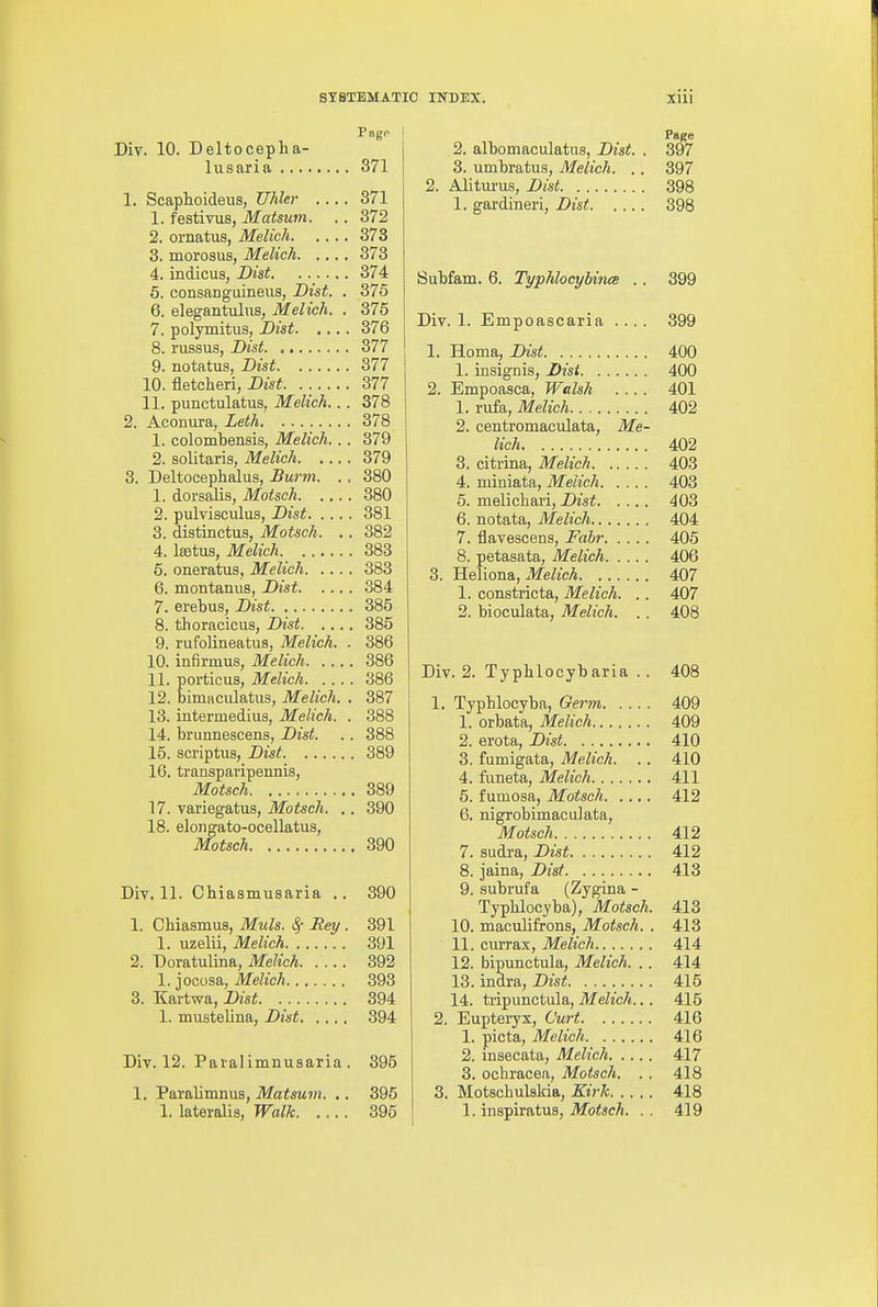 Div. 10. DeltocepLa- lusaria 371 1. Scaphoideus, Uhler .... 371 1. festiviis, Matsum. .. 372 2. ornatus, Melich 373 3. morosus, Melich 373 4. indicus, Bist. ...... 374 5. consanguineus, Bist. . 375 6. elegantulus, Melich. . 375 7. polymitus, Bist 376 8. ruasus, Bist 377 9. notatus, Bist 377 10. fletcheri, Bist 377 11. punctulatus, Melich... 378 2. Aconura, Leth 378 1. colombensis, Melich... 379 2. solitaris, Melich 379 3. Deltocephalus, Burin. ., 380 1. dorsalis, Motsch 380 2. pulvisculus, Bist 381 3. distinctus, Motsch. .. 382 4. laBtus, Melich 383 5. oneratus, Melich 383 6. montanus, Bist 384 7. erebus, Bist 385 8. thoracicus, Bist 385 9. rufolineatus, Melich. . 386 10. infirmus, Melich 386 11. porticus, Melich 386 12. bimaculatus, Melich. . 387 13. intermedins, Melich. . 388 14. brunnescens, Bist. . . 388 15. scriptus, Bist 389 16. transparipennis, Motsch 389 17. variegatus, Motsch. .. 390 18. elongato-ocellatus, Motsch 390 Div. 11. Chiaamusaria .. 390 1. Chiasmus, Muls. S,- Rey. 391 1. uzelii, Melich 391 2. \)ox&i\x\m&, Melich 392 1. jocosa, Melich 393 3. Kartwa, Bist 394 1. mustelina, Bist 394 Div. 12. Paralimnusaria . 395 1. Paralimnus, Matsum. ,. 395 1. lateralis, Walk 395 Page 2. albomaculatns, Bist. . 397 3. umbratus, Melich. .. 397 2. Alitui'us, Bist 398 1. gardineri, Bist 398 Subfam. 6. Typhlocybincs .. 399 Div. 1. Empoascaria .... 399 1. Homa, Bist 400 1. insignis, Bist 400 2. Empoasca, Walsh .... 401 1. riifa, Melich 402 2. centromaculata, Me- lich 402 3. citrina, Melich 403 4. miniata, Melich 403 6. melichari, Bist 403 6. notata, Melich 404 7. flavescens, Fahr 405 8. petasata, Melich 406 3. Heliona, Jfe/M 407 1. constricta, Melich. .. 407 2. bioculata, Melich. . . 408 Div. 2. Typhlocybaria .. 408 1. Typhlocyba, Germ 409 1. orbata, Melich 409 2. erota, Bist 410 3. fumigata, Melich. . . 410 4. funeta, Melich 411 5. fumosa, Motsch 412 6. nigrobimaculata, Motsch 412 7. sudra, Bist 412 8. jaina, Bist 413 9. subrufa (Zygina - Typhlocyba), Motsch. 413 10. maculiftons, Motsch. . 413 11. currax, Melich 414 12. bipunctula, Melich. . . 414 13. indra, Bist 415 14. tripunctula, Melich... 415 2. Eupteryx, Curt 416 1. picta, Melich 416 2. insecata, Melich 417 3. ochracea, Motsch. . . 418 3. Motschulskia, KirJc 418 1. inspiratus, Motsch. . . 419