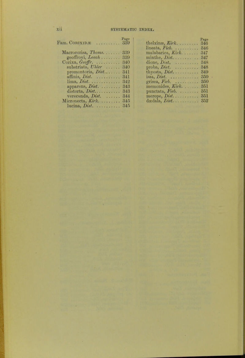 Fara. CoRixiDiE Macrocorisn, Thoim 330 geoffroyi, Leach 339 Corixa, Geoffr 340 substriata, Uhler ...... 340 promontoria, Dist 341 afTinis, Dist 341 lima, Dist 342 apparens, Dist 343 distorta, Dist 343 verecunda, Dist 344 Micronecta, Kh-k 345 lucina, Dist 345 tlielxinaj, Kirk 346 lineata, Fieb 346 malabarica, Kirk 347 minthe, Dist 347 dione, Dist, 348 proba, Dist 348 thyesta, Dist 849 i.s8a, Dist 360 grisea, Fieh 360 meiuonides, Kirk. ..... 351 punctata, Fieb 361 inerope, Dist 361 da3dala, Dist 352