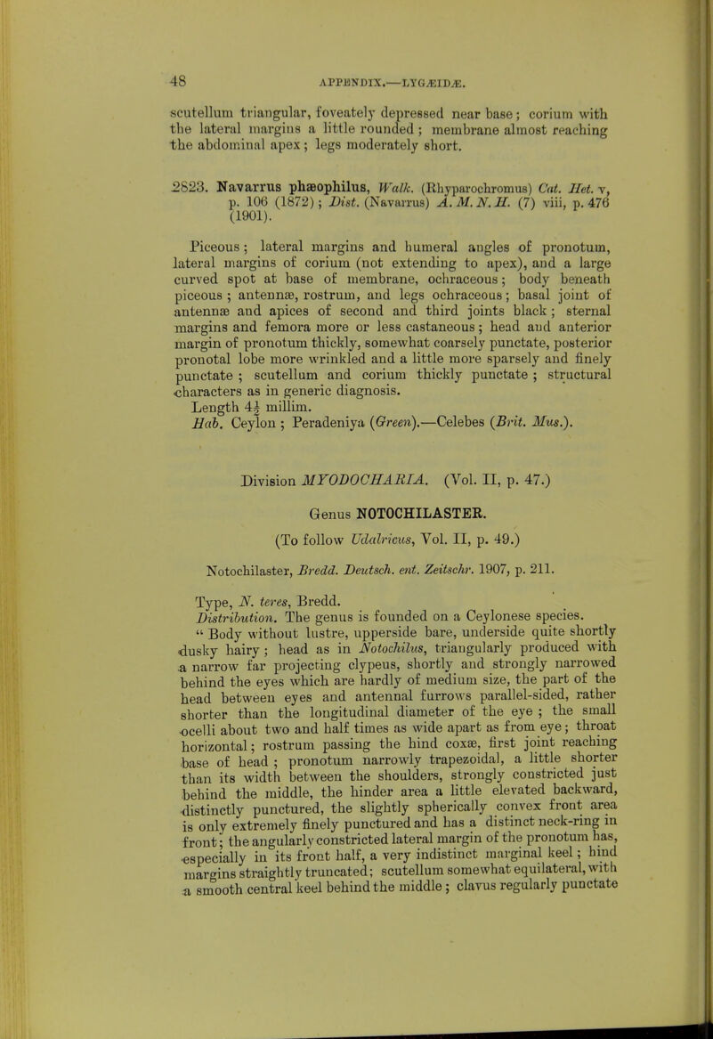 scutellum triangular, foveatel)' depressed near base; corium with the lateral margins a little rounded ; membrane almost reaching the abdominal apex; legs moderately short. 2823. Navarrus phaeophilus, Walk. (Rhyparochromus) Cat. Ilet. v, p. 106 (1872); Dtsi. (Navarrus) A. M.N. II. (7) viii, p. 476 (1901). Piceous ; lateral margins and humeral angles of pronotum, lateral margins of corium (not extending to apex), and a large curved spot at base of membrane, ochraceous; body beneath piceous ; antennae, rostrum, and legs ochraceous; basal joint of antennae and apices of second and third joints black ; sternal margins and femora more or less castaneous; head and anterior margin of pronotum thickly, somewhat coarsely punctate, posterior pronotal lobe more wrinkled and a little more sparsely and finely punctate ; scutellum and corium thickly punctate ; structural characters as in generic diagnosis. Length 4J millim. Hah. Ceylon ; Peradeniya {Green).—Celebes (Brit. Mus.). Division MYODOCHABIA. (Vol. II, p. 47.) Genus NOTOCHILASTER. (To follow Udalricus, Vol. II, p. 49.) Notochilaster, Bredd. Deutsch. ent. Zeitschr. 1907, p. 211. Type, N. teres, Bredd. Distribution. The genus is founded on a Ceylonese species.  Body without lustre, upperside bare, underside quite shortly dusky hairy; head as in Notochihis, triangularly produced with .a narrow far projecting clypeus, shortly and strongly narrowed behind the eyes which are hardly of medium size, the part of the head between eyes and antennal furrows parallel-sided, rather shorter than the longitudinal diameter of the eye ; the small ■ocelli about two and half times as wide apart as from eye; throat horizontal; rostrum passing the hind coxse, first joint reaching base of head ; pronotum narrowly trapezoidal, a little shorter than its width between the shoulders, strongly constricted just behind the middle, the hinder area a little elevated backward, distinctly punctured, the slightly spherically convex front area is only extremely finely punctured and has a distinct neck-rmg in front; the angularly constricted lateral margin of the pronotum has, •especially in its front half, a very indistinct marginal keel; hind margins straightly truncated; scutellum somewhat equilateral, with a smooth central keel behind the middle; clavus regularly punctate