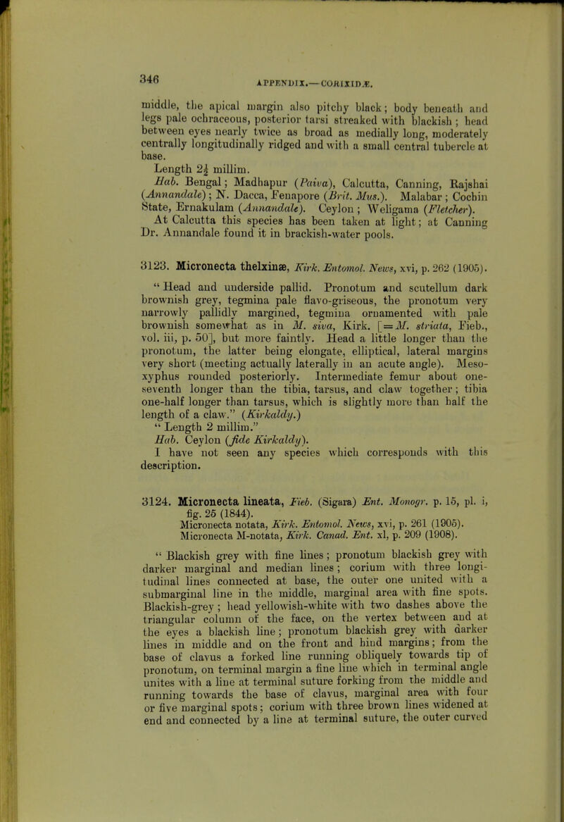 APPENDIX.— COKIXID^E. middle, the apical margin also pitchy black; body beneath and legs pale ochraceoiis, posterior tarsi streaked with blackish ; head between eyes nearly twice as broad as medially long, moderately centrally longitudinally ridged and with a small central tubercle at base. Length 2^ millim. Hah. Bengal; Madhapur {Paiva), Calcutta, Canning, Rajshai {Annandale) ; N. Dacca, Eeuapore {Brit. Mm.). Malabar ; Cochin State, 'EvnakxAsim {Annandale). Ceylon ; Weligama {Fletcher). At Calcutta this species has been taken at light; at Canning Dr. Annandale found it in brackish-water pools. 3123. Micronecta thelxinae. Kirk. Entomol News, xvi, p. 262 (1905).  Head and underside pallid. Pronotum and scutellum dark brownish grey, tegmina pale flavo-griseous, the pronotum very narrowly palhdly margined, tegmina ornamented with pale brownish some\that as in M. siva, Kirk. {_=M. striata, Yieh., vol. iii, p. 50], but more faintly. Head a little longer than the pronotum, the latter being elongate, elliptical, lateral margins very short (meeting actually laterally in an acute angle). Meso- xyphus rounded posteriorly. Intermediate femur about one- seventh longer than the tibia, tarsus, and claw together ; tibia one-half longer than tarsus, which is slightly more than half the length of a claw. {Kirkaldy.)  Length 2 millim. Hah. Ceylon {Jide Kirkaldy). I have not seen any species which corresponds with this description. 3124. Micronecta lineata, Fieb. (Sigara) Ent. Monogr. p. 16, pi. 1, fig. 26 (1844). Micronecta notata, Kirk. Entomol. News, xvi, p. 261 (1906). Micronecta M-notata, Kii-k. Canad. Ent. xl, p. 209 (1908).  Blackish grey with fine lines ; pronotum blackish grey with darker marginal and median lines ; corium with three longi- tudinal lines connected at base, the outer one united with a submarginal line in the middle, marginal area with fine spots. Blackish-grey ; head yellowish-w^hite with two dashes above the triangular column of the face, on the vertex between and at the eyes a blackish line ; pronotum blackish grey with darker lines in middle and on the front and hiud margins; from the base of clavus a forked hne running obliquely towards tip of pronotum, on terminal margin a fine line which in terminal angle unites with a line at terminal sutm-e forking from the middle and running towards the base of clavus, marginal area with four or five marginal spots; corium with three brown lines widened at end and connected by a line at terminal suture, the outer curved