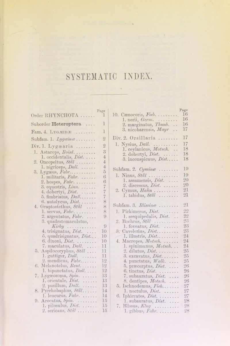 SYSTEMATIC INDEX. Order HHYNCIIOTA Suborder Heteroptera Farn. 4. Lyg^idje Subfam. 1. Lyg<ein<e Civ. 1. Lygfearia 1. Astacops, Boisd 1. occidentals, List 2. Oncopeltus, StSl 1. nigriceps, Dull 3. Lygasus, Fabr ]. militaris, Fabr 2. bospes, Fabr 3. equestris, Linn 4. dohertyi, Fist 5. fimbriatus, Fall 6. autolycus, Fist 4. Graptostethus, StSl .... 1. servus, Fabr 2. argentatus, Fabr 3. quadratomaculatus, Kirby 4. trisignatus, Fist 5. quadrisignatus, Fist.. . 6. dixoni, Fist 7. maculatus, Fall 5. Aspilocoryplius, StSl ... . 1. guttiger, Fall 2. mendicus, Fabr 6. Melanotelus, Kent 1. bipunctatus, Fall 7. Lygaeosoma, Spin 1. orientale, Fist 2. pusillum, Fall 8. Pyrrhobaphus, StSl 1. leucurus, Fabr 9. Arocatus, Spin 1. pilosulus, Fist 2. sericans, StSl Page 10. Csenocoris, Fieb. 16 1. nerii, Germ 16 2. rnarginatus, Thumb. .. 16 3. nicobarensis, Mayr .. 17 Civ. 2. Orsillaria 17 1. Nysius, Fall 17 1. ceylanicus, Motsch. .. 18 2. dohertyi, Fist 18 3. inconspicuus, Fist 18 Subfam. 2. C’ymina 19 1. Ninus, StSl 19 1. assamensis, Fist 20 2. discessus, Fist 20 2. Gym us, Hahn 21 1. tabidus, StSl 21 Subfam. 3. Blissinee 21 1. Pirkimerus, Fist 22 1. sesquipedalis, Fist. .. 22 2. Bochrus, StSl 23 1. foveatus, Fist 23 3. Cavelerius, Fist 23 1. illustris, Fist 24 4. Macropes, Motsch 24 1. spinimanus, Motsch. .. 24 2. dilutus, Fist 25 3. excavatus, Fist 25 4. punctatus, Walk 25 5. prrecerptus, Fist 26 6. tinctus, Fist 26 7. subauratus, Fist 26 8. dentipes, Motsch 26 5. Ischnodemus, Fieb 27 1. noctulus, Fist 27 6. Iphicrates, Fist 27 1. subauratus, Fist 28 7. Blissus, King 28 1. gibbus, Fabr 28 Page 1 1 1 2 2 3 4 4 4 5 6 6 / 7 7 8 8 8 9 9 10 10 10 11 11 11 12 12 12 13 . 13 13 14 , 14 , 15 15 15