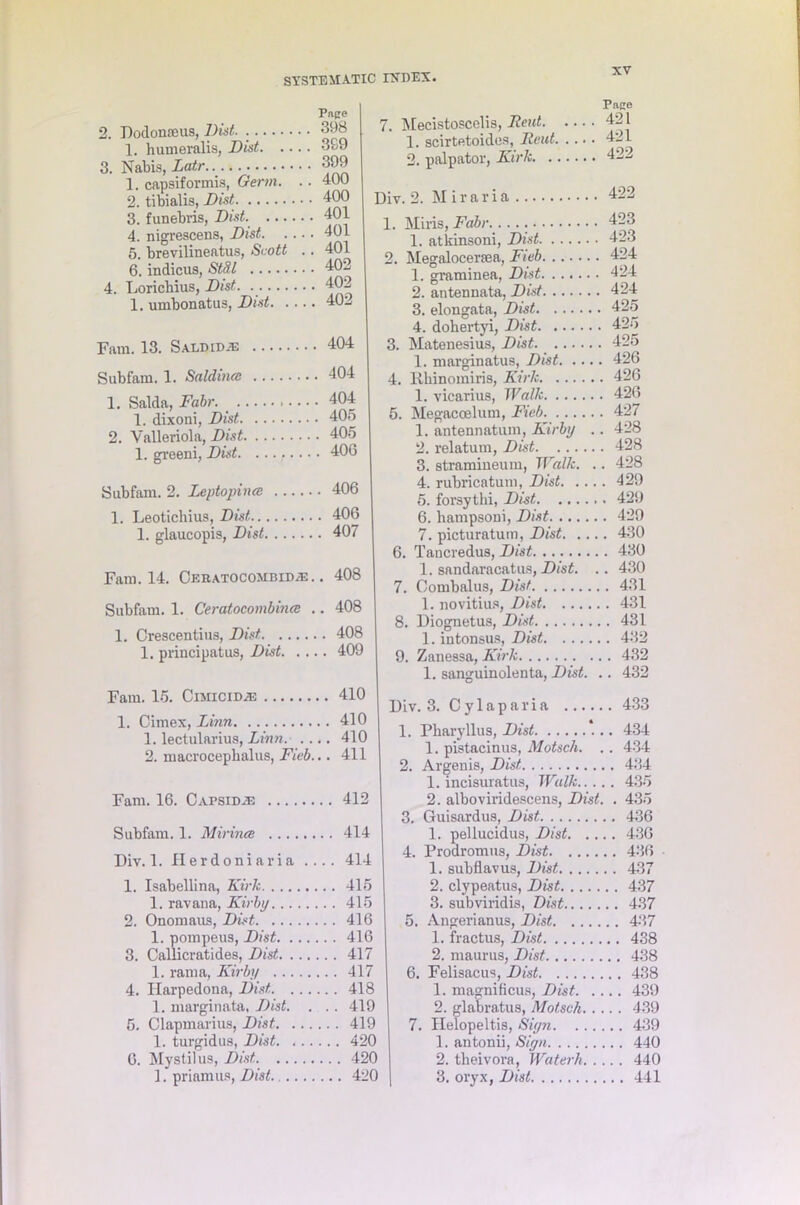 2. Dodomeus, Dist Pnce 398 1. humeralis, Dist 3S9 3. Nabis, Latr 399 1. capsiformis, Germ. .. 400 2. tibialis, Dist 400 3. funebris, Dist 401 4. nigrescens, Dist. ... 401 5. brevilineatus, Scott . 401 6. indicus, StS,l 402 4. Loricbius, Dist 402 1. umbonatus, Dist. ... 402 Fam. 13. Saldid® 404 Subfam. 1. Saldnue . 404 1. Saida, Fdbr, . 404 1. dixoni, Dist . 405 2. Valleriola, Dist . 405 1. greeni, Dist. ....... . 406 Subfam. 2. Leptopince . 406 1. Leotichius, Dist . 406 1. glaucopis, Dist . 407 Fam. 14. Ckratocombid® . 408 Subfam. 1. Ceratocombince . 408 1. Crescentius, Dist .. 408 1. prineipatus, Dist. . . .. 409 Pnge 7. Mecistoscelis, Rent 421 1. scirtetoides, Rent 42 L 2. palpator, Kirk 422 Div. 2. M i r a r i a 422 1. Miris, Fdbr. 423 1. atkinsoni, Did 423 2. Megalocersea, Fieb 424 1. graminea, Did 424 2. antennata, Did 424 3. elongata, Did 425 4. dohertyi, Dist 425 3. Matenesius, Dist 425 1. marginatus, Dist 426 4. Rhinomiris, Kirk 426 1. vicarius, Walk 426 5. Megacoelum, Fieb 427 1. antennatum, Kirby .. 428 2. relatum, Dist 428 3. stramineum, Walk. .. 428 4. rubricatum, Dist 429 5. foraythi, Dist 429 6. hampsoni, Dist 429 7. picturatum, Dist 430 6. Tancredus, Dist 430 1. sandaracatus, Dist. .. 430 7. Oombalus, Dist 431 1. novitius, Dist 431 8. Diognetus, Dist 431 1. intonsus, Dist 432 9. Zanessa, Kirk 432 1. sanguinolenta, Dist. .. 432 Fam. 15. Cimicid® 410 1. Cimex, Linn 410 1. lectularius, Linn. .... 410 2. macrocepbalus, Fieb... 411 Fam. 16. Capsid;e 412 Subfam. 1. Mirince 414 Div. 1. Herdoniaria .... 414 1. Isabellina, Kirk 415 1. ravana, Kirby 415 2. Onomaus, Dist 416 1. pompeus, Dist 416 3. Callicratides, Dist 417 1. ram a, Kirby 417 4. Harpedona, Dist 418 1. marginata, Dist. . .. 419 5. Clapmarius, Dist 419 1. turgidus, Dist 420 6. Mystilus, Dist 420 1. priamus, Dist. 420 Div. 3. Cylaparia 433 1. Pharyllus, Dist 434 1. pistacinus, Motsch. .. 434 2. Argenis, Dist 434 1. incisuratus, Walk 435 2. alboviridescens, Dist. . 435 3. Guisardus, Dist 436 1. pellucidus, Dist 436 4. Prodromus, Dist 436 1. subflavus, Dist 437 2. clypeatus, Dist 437 3. subviridis, Dist 437 5. Angerianus, Dist 437 1. fractus, Dist 438 2. maurus, Dist 438 6. Felisacus, Dist 438 1. magnificus, Dist 439 2. glabratus, Motsch 439 7. Helopeltis, Siyn 439 1. antonii, Siyn 440 2. theivora, Waterh 440 3. oryx, Dist 441