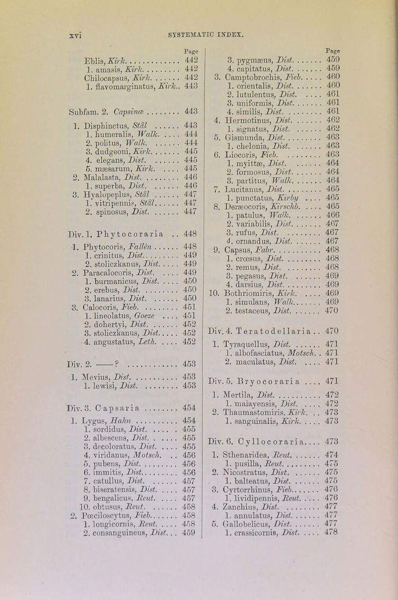 Eblis, Kirk 1. ainasis, Kirk Chilocapsus, Kirk 1. flavomarginatus, Kirk.. Subfam. 2. Capsince 1. Displiinctus, StSl 1. humeralis, Walk 2. politus, Walk 3. dudgeoni, Kirk 4. elegans, Dist 5. msesarum, Kirk 2. Malalasta, Dist 1. superba, Dist 3. Hyalupeplus, Stal 1. vitripennis, Stal 2. spinosus, Dist Div. 1. Pby t o c or aria .. 1. Pbytocoris, Fallen 1. crinitus, Dist 2. stoliczkanus, Dist 2. Paracalocoris, Dist 1. burmanicus, Dist 2. erebus, Dist 3. lanarius, Dist 3. Calocoris, Fieb 1. lineolatus, Goeze .... 2. dohertyi, Dist 3. stoliczkanus, Dist 4. angustatus, Leth Div. 2. ? 1. Mevius, Dist 1. lewisi, Dist Div. 3. C apsaria 1. Lygus, Hahn 1. sordidus, Dist 2. albescens, Dist 3. decoloratus, Dist 4. viridanus, Motsch. .. 5. pubens, Dist 6. immitis, Dist 7. catullus, Dist 8. biseratensis, Dist. .... 9. bengalicus, Iteut 10. obtusus, Rent 2. Pceciloscytus, Fieb 1. longicornis, Rent 2. consanguineus, Dist... Page 3. pygmaeus, Dist 459 4. capitatus, Dist 459 3. Camptobrocliis, Fieb 460 1. orientalis, Dist 460 2. lutulentus, Dist 461 3. uniformis, Dist 461 4. similis, Dist 461 4. Ilermotinus, Dist 462 1. signatus, Dist 462 5. Gismunda, Dist 463 1. ckelonia, Dist 463 6. Liocoris, Fieb 463 1. myittse, Dist 464 2. formosus, Dist 464 3. pavtitus, Walk 464 7. Lucitanus, Dist 465 1. punctatus, Kirby .... 465 8. Deraeocoris, Kirschb 465 1. patulus, Walk 466 2. variabilis, Dist 467 3. rufus, Dist 467 4. ornandus, Dist 467 9. Capsus, Fabr 468 1. croesus, Dist 468 2. reinus, Dist 468 3. pegasus, Dist 469 4. darsius, Dist 469 10. Bothriomiris, Kirk 469 1. simulaus, Walk 469 2. testaceus, Dist 470 Div. 4. Terat o dellar ia .. 470 1. Tyraquellus, Dist 471 1. albofasciatus, Motsch. . 471 2. inaculatus, Dist 471 Div. 5. Bryo cor aria .... 471 1. Mertila, Dist 472 1. maiayensis, Dist 472 2. Thaumastoruiris, Kirk. .. 473 1. sanguinalis, Kirk 473 Div. 6. Cyllocoraria.... 473 1. Stbenaridea, Kent 474 1. pusilla, Reut 475 2. Nicostratus, Dist 475 1. balteatus, Dist 475 3. Cyrtorrliinus, Fieb 476 1. lividipennis, Kent 476 4. Zancbius, Dist 477 1. armulatus, Dist 477 5. Gallobelicus, Dist 477 1. crassicornis, Dist 478 Page 442 442 442 443 443 443 444 444 445 445 445 446 446 447 447 447 448 448 449 449 449 450 450 450 451 451 452 452 452 453 453 453 454 454 455 455 455 456 456 456 457 457 457 458 458 458 459