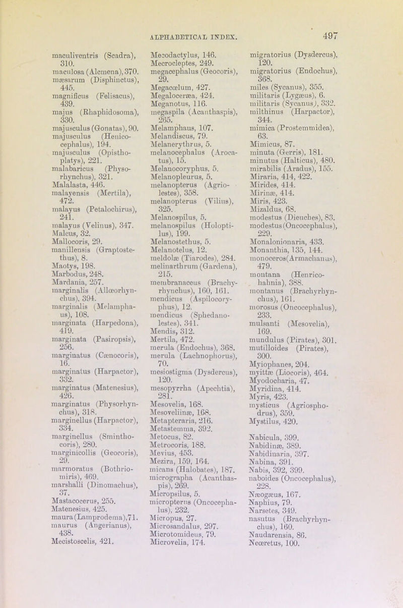 maeuliventris (Scadra), 310. maculosa (Alcrnena), 370. massarum (Disphinctus), 445. magnificus (Felisacus), 439. majus (Rhaphidosoma), 330. majusculus (Gonatas), 90. majusculus (Henico- cephalus), 194. majusculus (Opistbo- platys), 221. malabaricus (Physo- rhynclnis), 321. Malalasta, 446. malayensis (Mertila), 472. malayus (Petalochirus), 241. malayus (Velinus), 347. Malcus, 32. Mallocoris, 29. manillensis (Graptoste- thus), 8. Maotys, 198. Marbodus, 248. Mardania, 257. marginalis (Allceorhyn- clius), 394. marginalis (Melampha- us), 108. marginata (llarpedona), 419. marginata (Pasiropsis), 256. marginatus (Crcnocoris), 16. marginatus (Harpactor), 332. marginatus (Matenesius), 426. marginatus (Physorhyn- clius), 318. marginellus (Harpactor), 334. marginellus (Smintlio- coris), 280. marginicollis (Geocoris), 29. nuirmoratus (Bothrio- miris), 469. marshalli (Dinomachus), 37. Mastacocerus, 255. Matenesius. 425. maura(Lamprodema),71. maurus (Angerianus), 438. Mecistoscelis, 421. ALPHABETICAL INDEX. Mecodactylus, 146. Mecrocleptes, 249. megacephalus (Geocoris), 29. Megacoelum, 427. Megalocersea, 424. Meganotus, 116. megaspila (Acanthaspis), 265. Melamphaus, 107. Melandiscus, 79. Melanerythrus, 5. raelanocepbalus (Aroca- tus), 15. Melauocoryphus, 5. Melanopleurus, 5. melanopterus (Agrio- lestes), 358. melanopterus (Yilius), 325. Melanospilus, 5. melanospilus (Holopti- lus), 199. Melanostethus, 5. Melanotelus, 12. meldolm (Tiarodes), 284. melinarthrum (Gardena), 215. metubranaceus (Braehy- rhynchus), 160, 161. mendicus (Aspiloeory- phus), 12. mendicus (Sphedano- lestes), 341. Mendis, 312. Mertila, 472. merula (Endochus), 368. merula (Lachnophorus), 70. mesiostigma (Dysderctis), 120. mesopyrrha (Apechtia), 281. Mesovelia, 168. Mesoveliina3,168. Metapteraria, 216. Metasteuima, 392. Metocus, 82. Metrocoris, 188. Mevius, 453. Mezira, 159, 164. micans (Halobates), 187. micrographa (Acanthas- pis), 269. Micropsilus, 5. micropterns (Oncoeepha- lus), 232. Micropus, 27. Microsandalus, 297. Microtomideus, 79. Microvelia, 174. 497 migratorius (Dysdercus), 120. migratorius (Endochus), 368. miles (Sycanus), 355. militnris (Lygmus), 6. militaris (Sycanus), 332. milthinus (Harpactor), 344. mimica (Prostemmidea), 63. Mimicus, 87. minuta (Gerris), 181. minutus (Halticus), 480. mirabilis (Aradus), 155. Miraria, 414, 422. Mirides, 414. Mirina:, 414. Miris, 423. Mizaldus, 68. modestus (Dieuches), 83. modestustOncoccphalus), 229. Monalonionaria, 433. Monanthia, 135, 144. monoceroa( A rmachanus), 479. montana (Henrico- halmia), 388. montanus (Brachyrhyn- chus), 161. morosus (Oncocephalus), 233. mulsanti (Mesovelia), 169. rnundulus (Pirates), 301. mutilloides (Pirates), 300. Myiophanes, 204. myittrn (Liocoris), 464. Myodocharia, 47. Myridina, 414. Myris, 423. mysticus (Agriospho- drus), 359. Mystilus, 420. Nabicula, 399. Nabidinse, 389. Nabidinaria, 397. Nabina, 391. Nabis, 392, 399. naboides (Oncocephalus), 228. Nseogams, 167. Naphius, 79. Narsetes, 349. nasutus (Brachyrhyn- chus), 160. Naudarensia, 86. Neceretus, 100.