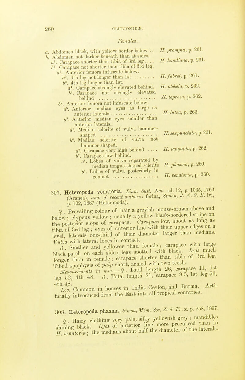 Females. n. Abdomen black, with yollow border below .. H. protnpta, p. 261. b \bdomen not darker beneath than at sides. a'. Carapace shorter than tibia of 3rd le^. .. . if. kandiana, p. ibl. Carapace not shorter tliau tibia of 3rd leg. a. Anterior femora iufuscate below. d\ 4th leg not longer than 1st H.fabrei, p. 201. 6^ 4th leg longer than 1st. , o'. Carapace strongly elevated behind. H. pleheia, p. b\ Cariipace not strongly elevated behind II. leprosa, ]>. 2Q2. b-. Anterior femora not infuscate below. «». Anterior median eyes as large as anterior laterals -S'- P- 263. b\ Anterior median eyes smaller than anterior laterals, a. Median sclerite of vulva hammer- shaped H.Bexpunctata,^.m\. W. Median sclerite of vulva not hammer-shaped. „ d'. Carapace very high behind .... B- lantjuida, p. Jb/. v. Carapace low behind. cC. Lobes of vulva separated by median tongue-shaped sclerite //. phasma, p. ZW. 6^ Lobes of vulva posteriorly in _ contact S. venatona, p. 260. 307. Heteropoda veuatoria, Linn. St/st. iVai. ed. 12, p. 1035,1766 (Aranea), and of recent authors: ferina, Simon, J. A. 6. H. Ivi, p, 102,1887 (Heteropoda). 9 Prevailing colour of hair a greyish mouse-brown above and below ; clypeus yellow ; usually a yellow black-bordered stripe on the posterior slope of carapace. Carapace low, about as long as tibia of 3rd leg ; eyes of anterior line with their upper edges on a level, laterals one-third of their diameter larger than medians. Vulva with lateral lobes in contact. A Smaller and yellower than female ; carapace with laige black patch on each side; legs spotted with black. Legs jnch longer than in female; carapace shorter than tibia of 3rd leg. Tibial apophysis of palp short, armed with two teeth. MeaslLents «m.-$. Total length 26, ca>-apace 11 1st leg 52, 4th 48. 6 ■ Total length 21, carapace 9-o, 1st leg bb, ^*Lof'Common in houses in India, Ceylon, and Bm-ma Arti- ficially introduced from the East into all tropical countries. 308. Heteropoda phasma, Simon, Mem. Soc. Zool. Fr. x. p. 258,1897. 9. Haiiy clothing very pale, silky yellowish grey; J^'JI^dibles shining black. Eyes of anterior Ime more procurved than in H vZto ^a , the medians about half the diameter of the laterals.