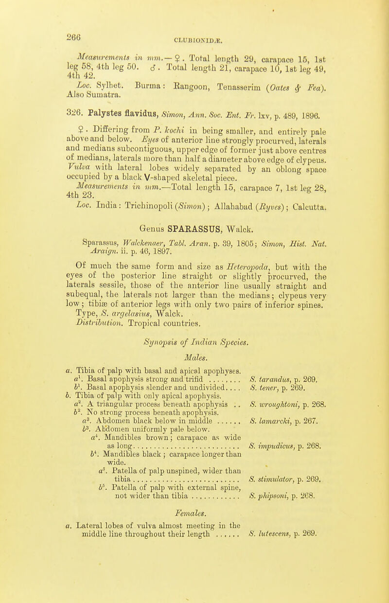 CLUBIOXID^. Meamrements in mm.—2- Total length 29, carapace 15, Ist 4tf 4^?' ^'^^ ^ ' '''^'^'^^ '^^'^'^ '^'^^^P^'^® •'•^'^ Zoc. Sylhet. Burma: Eangoon, Tenasserim (Oates Sf Fed). Also Sumatra. 326. Palystes flavidus, Simon, Ann. Sue. Ent. Fr. Ixv, p. 489, 1896. ? . Differing from P. kochi in being smaller, and entirely pale above and below. Ei/es of anterior line strongly procurved, laterals and medians subcontiguous, upper edge of former just above centres of medians, laterals more than half a diameter above edge of clypeus. Vidua with lateral lobes widely separated by an oblong space occupied by a black V-sbaped skeletal piece. ^^Measurements in wim.—Total length 15, carapace 7, 1st leg 28, Loc. India: Trichinopoli (Simon); Allahabad (Hyves); Calcutta. Genus SPARASSUS, Walck. Spavassus, Walckenuer, Tabl. Aran.^. 39, 1805; Simon, Mist. Nat. Araign. ii. p. 46, 1897. Of much the same form and size as Heterofoda, but with the ejres of the posterior line straight or slightly procurA'ed, the laterals sessile, those of the anterior line usually straight and subequal, the laterals not larger than the medians; clypeus very low; tibiae of anterior legs with only two pairs of inferior spines. Type, S. argelasius, Walck. Distribution. Tropical countries. Synopsis of Indian Species. Males. a. Tibia of palp with basal and apical apophyses. a\ Basal apophysis strong and triiid 6'. Basal apophysis slender and undivided... . h. Tibia of palp with only apical apophysis. d'. A triangixlar process beneath apophysis . . V^. No strong process beneath apophysis. a^. Abdomen black below in middle b^. Abdomen uniformly pale below. a'. Mandibles brown; carapace as wide as long h*. Mandibles black ; carapace longer than wide. a'. Patella of palp unspined, wider than tibia 6°. Patella of palp with external spine, not wider than tibia Females. a. Lateral lobes of vulva almost meeting in the middle line throughout their length S. hdescens, p. 269. S. tarandus, p. 269. S. tener, p. 269. S. wroughtoni, p. 268. *S'. lamai-cki, p. 267. S. impudicus, p. 268. S. stimulator, p. 269. S. phipsoni, p. 268.