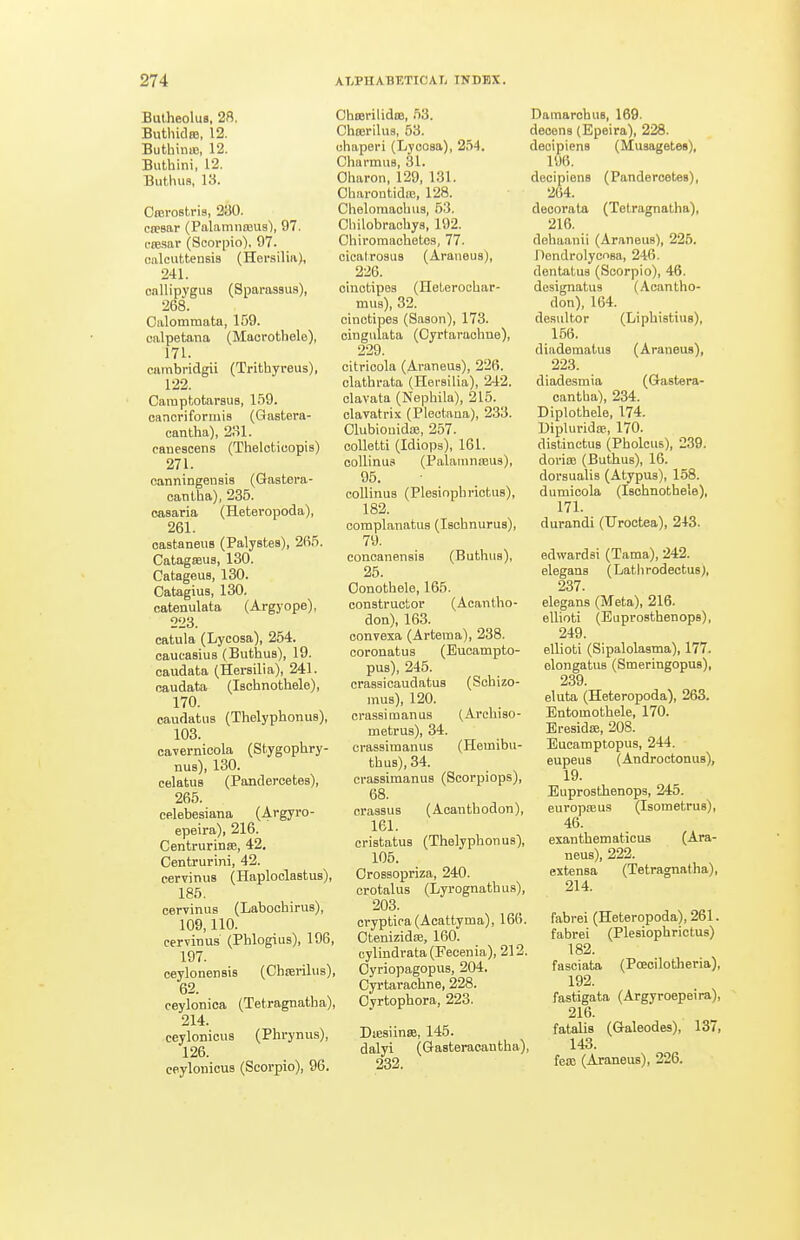 Bulheolus, 28. Buthidsa, 12. Buthiiiaj, 12. Buthini, 12. Buthus, 13. Onsrostrig, 230. cfesar (Palamnajus), 97. c-iB.sar (Scorpio), 97. calcuttensis (Hersiliii), 241. callipygus (Sparassus), 268. Oalommata, 159. calpetana (Macrotliele), 171. cambridgii (Trithyreus), 122. CamptotarauB, 1.59. cancriformis (Gastera- cantha), 231. canescens (Thelctioopis) 271. canningenais (Gaatera- cantha), 235. oasaria (Heteropoda), 261. oaataneuB (Palystes), 265. CatagsBua, 130. Catageue, 130. Catagius, 130. catenulata (Argyope), 223. catula (Lycosa), 254. caueasiua (Buthua), 19. caudata (Herailia), 241. caudata (lachnothele), 170. caudatiia (Thelyphonua), 103. cavernicola (Stygophry- nus), 130. celatua (Pandercetes), 265. celebesiana (Argyro- epeira), 216. Centrurinse, 42. Centrurini, 42. cervinuB (Haploclastus), 185. cervinus (Labochirus), 109,110. cervinus (Phlogius), 196 197. ceylonenais (ChjEriliis), 62. ceylonica (Tetragnatlia), 214. ceylonicus (Plirynus), 126. ceylonicuB (Scorpio), 96. OhasrilidcB, 53. ChfBriliiB, 53. ohaperi (Lyeosa), 254. Charmua, 31. Oharon, 129, 131. ObaroutidiE, 128. CheloraachuB, 53. Cbilobraobys, 192. Chiromacbetos, 77. cicatroBUB (Araneua), 226. oinctipsB (Heterochar- mus), 32. cinotipes (Sason), 173. cingulata (Oyrtaraohne), 229. citricola (Araneua), 226. clatbrata (Herailia), 242. clavata (Nephila), 215. clavatrix (Plectana), 233. Clubiouidas, 257. coUetti (Idiops), 161. ooUinus (Palanin£BU3), 95. collinus (Pleaiophriotus), 182. complanatus (Isobnurus), 79. conoanensiB (Butbua), 25. Oonotbele, 165. conatruotor (Acantbo- don), 163. convexa (Artema), 238. coronatua (Eueampto- puB), 245. craasicaudatus (Scbizo- inus), 120. crasairaanus (Arebiao- metrus), 34. crasairaanus (Hemibu- tbuB),34. craBsimanua (Scorpiops), 68. craasua (Aoanthodon), 161. cristatua (ThelypbonuB), 105. Orosaopriza, 240. crotalus (Lyrognatbus), 203. cryptica(Acattyma), 166. Otenizidce, 160. cylindrata (Fecenia), 212. OyriopagopuB, 204, Cyi'taraobne, 228. Oyrtopbora, 223. Dieaiinse, 145. dalyi (Gasteracantha), 232. Damarchus, 169. deeena (Epeira), 228. deoipiena (Muaagetes), 196. decipiens (Pandercetes), 264. decorata (Tetragnatha), 216. rteliaanii (Araneus), 225. Oendrolycnaa, 246. dentatuB (Scorpio), 46. designatua (Acantho- don), 164. desultor (Lipbiatius), 156. diaderaatua (Araneus), 223. diadesmia (Gastera- cantba), 234. Diplothele, 174. Dipluridas, 170. distinotus (Pholcus), 239. doriaa (Butbua), 16. doraualia (Atypua), 1.58. dumicola (laobnotbele), 171. durandi (TJroctea), 243. edwardai (Tama), 242. elegans (Lafcbrodectua), 237. elegana (Meta), 216. ellioti (Euprostbenops), 249. ellioti (Sipalolaama), 177. olongatus (Smeringopus), 239. eluta (Heteropoda), 263. Entomotbele, 170. Ereaidse, 208. Eucamptopus, 244. eupeua (Androctonua), 19. Euprostbenopa, 245. europasus (Isometrus), 46. exantbematicus (Ara- neus), 222. extenea (Tetragnatba), 214. fabrei (Heteropoda), 261. fabrei (Plesiopbrictua) 182. fasciata (PcEcilotberia), 192. fastigata (Argyroepeira), 216. fatalia (Galeodes), 137, 143. fex (Araneua), 226.