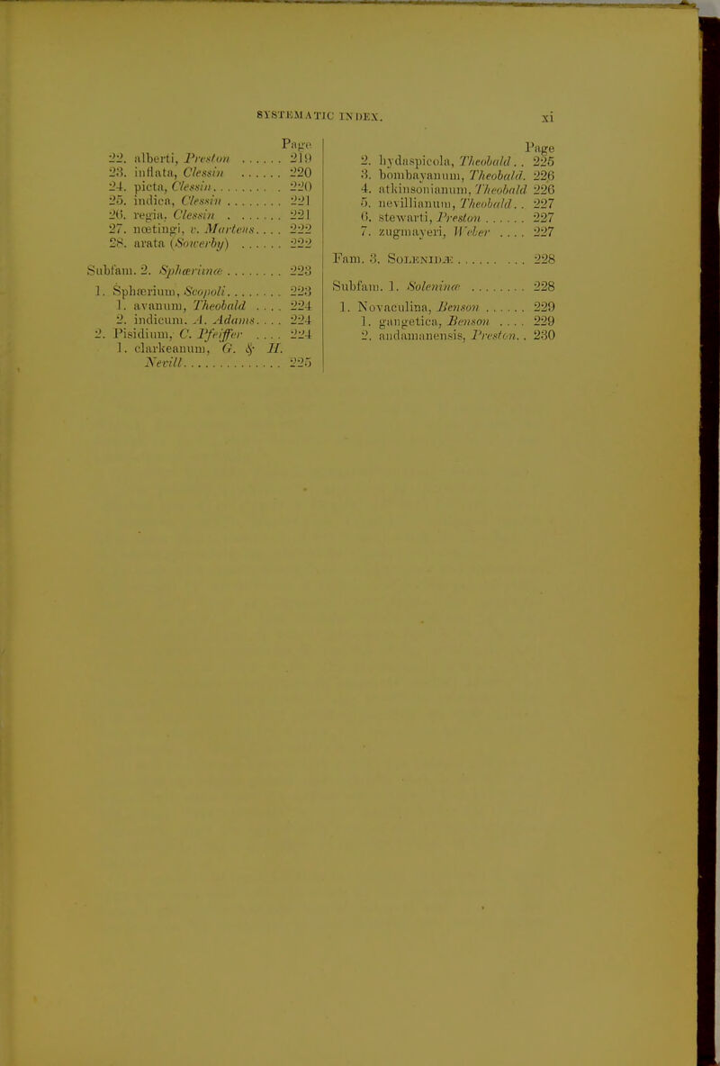 SYSTEM \ tk [NBEX. 22. alberti, Preston . . 23. inflata, Clessiit 24. picta, Ctessin 25. indie a, Clessin ... . 2(5. regia, Clessin . . . 27. noetiugi, v. Martens 28. arata {Son-erby) . . Subfam. 2. Spltwimai 1 Sphfieriura', Scopoli. . . . 1. avanum, Theobald 2. indicium. ^4. Adam* Pisidhrai, C. Pfe.iffer 1. clarlieanum, 6?. # Xevill Page 219 220 220 2 -21 22J 222 223 224 224 224 H. Page 2. hj-daspicola, Theobald,. 226 3. bombayanum, Theobald, 22,6 4. atkinsonianum, Th<-t>b<ild 226 5. uevillianum, Theobald.. 227 6. slewarti, Preston 227 7. zugmayei'i, Wrier .... 227 Fam. SoLENiDii-: 228 Subfara. 1. Soleninat 228 ]. Novaculina, Benson 229 1. gan getica, Benson .... 229 2. andamanensis, Preston. . 2-'J>0